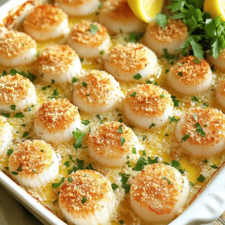 To make garlic butter baked scallops, gather these fresh and simple ingredients: - 1 pound fresh scallops, cleaned - 4 tablespoons unsalted butter, melted - 4 cloves garlic, minced - 1 tablespoon lemon juice - 1 tablespoon fresh parsley, chopped - 1 teaspoon paprika - Salt and pepper to taste - 1/2 cup breadcrumbs (preferably panko for extra crunch) - Lemon wedges, for serving - Scallops: Fresh is best, but frozen can work if thawed properly. - Butter: Unsalted butter gives you control over salt levels. - Garlic: Fresh garlic enhances flavor. Garlic powder is a quick substitute, but fresh is better. - Lemon Juice: Fresh lemon juice brightens the dish. Bottled juice is fine in a pinch. - Parsley: Fresh parsley adds color and flavor. Dried parsley can substitute, but use less. - Paprika: Sweet paprika adds a mild flavor. Smoked paprika gives a nice twist. - Breadcrumbs: Panko breadcrumbs make the topping crispier. Regular breadcrumbs can replace them. - Lemon Wedges: Fresh wedges help balance the richness of butter and scallops. Each ingredient brings its own nutrition: - Scallops: Low in fat and high in protein. They provide omega-3 fatty acids. - Butter: Adds richness and flavor but is high in calories and fat. - Garlic: Contains antioxidants and supports heart health. - Lemon Juice: Provides vitamin C and brightens flavors. - Parsley: Offers vitamins A, C, and K, plus iron. - Paprika: Contains antioxidants and can enhance metabolism. - Breadcrumbs: Add crunch but also increase carbs and calories. - Lemon Wedges: Fresh and zesty, they add minimal calories. Understanding these ingredients helps you appreciate the dish even more. You can find the full recipe linked here for more detailed steps. Let's get ready to make garlic butter baked scallops! First, gather all your ingredients. You will need fresh scallops, butter, garlic, lemon juice, parsley, paprika, salt, pepper, and breadcrumbs. This dish is quick and easy, perfect for a weeknight dinner or special occasion. 1. Preheat your oven to 400°F (200°C). Grease a baking dish lightly to prevent sticking. 2. In a small bowl, mix the melted butter, minced garlic, lemon juice, chopped parsley, paprika, salt, and pepper. This creates a delicious garlic butter sauce. 3. Place the cleaned scallops in the greased baking dish. Make sure they sit in a single layer for even cooking. 4. Pour half of the garlic butter sauce over the scallops. Coat each scallop well for maximum flavor. 5. Sprinkle the breadcrumbs evenly over the scallops. Then, drizzle the rest of the garlic butter sauce on top to moisten the breadcrumbs. 6. Bake in the preheated oven for 12 to 15 minutes. The scallops should be cooked through and the topping golden brown. 7. Once done, remove the dish from the oven. Let it rest for a couple of minutes to cool slightly. 8. Serve hot, garnished with extra chopped parsley and lemon wedges. You can squeeze the lemon over the scallops for added zest. To make your dish look stunning, consider using a white plate. This contrast will highlight the golden brown topping. Add a sprinkle of fresh parsley for a pop of color. Arrange the lemon wedges neatly around the scallops. This will catch the eye and make your meal look gourmet. For more details, check the full recipe. To cook scallops well, start with fresh ones. Look for scallops that smell like the sea. They should feel firm and not slimy. Before cooking, dry them with a paper towel. This step helps them brown nicely. Use a hot oven, around 400°F (200°C). This high heat gives the scallops a nice crust. Pour half of your garlic butter sauce over them before baking. This adds flavor right away. One common mistake is overcooking the scallops. They cook fast, so watch the time. Bake for just 12-15 minutes. If they get too dry, they will lose flavor. Another mistake is not using enough sauce. The garlic butter keeps them moist and tasty. Don't forget to coat them well with breadcrumbs. This gives a good crunch on top. Serve your scallops hot. They go well with lemon wedges to squeeze on top. Pair them with a light salad or some crusty bread. You can also serve them over pasta or risotto. This adds some heartiness to your meal. For a fun touch, sprinkle extra parsley on top. This makes your dish look bright and fresh. For the full recipe, check out the details above! {{image_2}} You can change the flavor of garlic butter baked scallops by adding herbs or spices. Fresh thyme gives a bright touch. Dill adds a nice, fresh taste. You might try crushed red pepper for heat. Just mix these into your garlic butter sauce before pouring it over the scallops. This small step can make a big difference. While baking is easy, you can also grill or broil scallops. Grilling gives them a smoky flavor. Preheat your grill to medium-high heat. Place the scallops on skewers for easy cooking. Broiling is quick and keeps them juicy. Set your oven to broil. Cook for about 6-8 minutes, watching closely. Both methods work well with the same garlic butter sauce. Garlic butter baked scallops shine when served with pasta or risotto. Toss the scallops with a light pasta dish for a tasty meal. Consider a lemon garlic pasta for bright flavors. If you prefer risotto, serve the scallops on top of creamy risotto. This adds a rich base that pairs with the scallops perfectly. You can find the full recipe to explore these ideas further. After enjoying your garlic butter baked scallops, let any leftovers cool. Place them in an airtight container. This helps keep them fresh. Store the container in the fridge for up to two days. If you need to store them longer, freezing is a great option. To reheat your scallops, preheat your oven to 350°F (175°C). Place the scallops in a baking dish. Cover with foil to keep them moist. Heat for about 10-15 minutes or until warm. Avoid the microwave if possible. It can make scallops rubbery. If you want to freeze your garlic butter baked scallops, follow these steps. First, let them cool completely. Then, wrap them tightly in plastic wrap. Place them in a freezer-safe bag or container. Label the bag with the date. These scallops can be frozen for up to three months. When ready to eat, thaw in the fridge overnight before reheating. For the best taste, use the full recipe before freezing. You should bake scallops for about 12-15 minutes. Bake them at 400°F (200°C). They are done when they turn opaque and firm. The topping should be golden brown and crispy. Yes, you can use frozen scallops. Just make sure to thaw them first. Place them in the fridge overnight or run them under cold water. Pat them dry before cooking. This helps them cook evenly and keeps them juicy. Garlic butter baked scallops pair well with many sides. You can serve them with pasta or rice for a hearty meal. Fresh veggies or a green salad also work great. For a special touch, add some crusty bread to soak up that tasty garlic butter sauce. For more ideas, check the Full Recipe for serving suggestions! You learned how to make garlic butter baked scallops with the right ingredients, steps, and tips. I shared how to avoid common mistakes and enhance flavor. We also explored creative ways to serve and store leftovers. Cooking scallops can be simple and fun. With practice, you’ll impress your guests. Enjoy your culinary journey and feel free to experiment with new flavors!