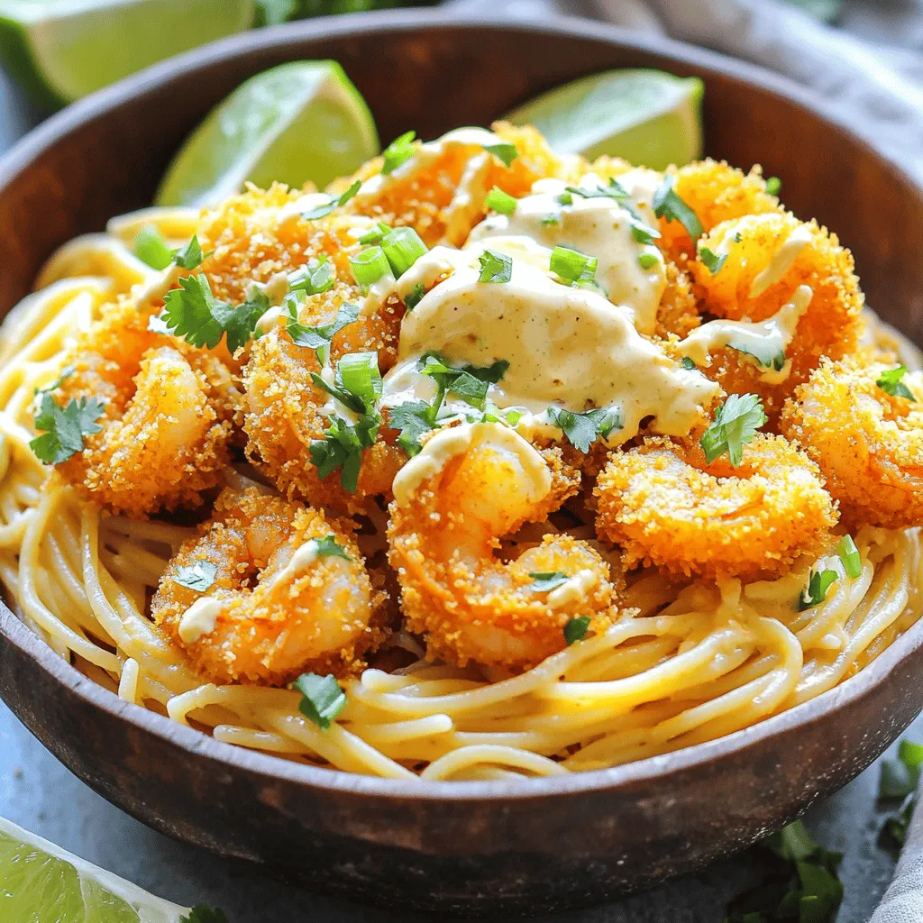 - 8 ounces linguine or spaghetti - 1 pound shrimp, peeled and deveined - 1 cup panko breadcrumbs - 1 cup buttermilk (or milk mixed with a little vinegar) - 1/2 cup mayonnaise - 2 tablespoons sweet chili sauce - 1 tablespoon sriracha (adjust for spice preference) - 1 tablespoon lime juice - 2 garlic cloves, minced - 1 tablespoon olive oil - Salt and pepper to taste For Bang Bang Shrimp Pasta, you want to keep things simple yet flavorful. Start with your choice of pasta, either linguine or spaghetti. These noodles will hold the sauce nicely and provide a great base. Next, you’ll need shrimp, the star of this dish. I suggest using fresh, peeled, and deveined shrimp. Buttermilk helps the breadcrumbs stick and keeps the shrimp moist. Speaking of breadcrumbs, panko gives a nice crunch. The Bang Bang sauce is where the magic happens. A mix of mayonnaise, sweet chili sauce, sriracha, and lime juice brings a creamy, spicy, and tangy flavor. - 2 green onions, chopped (for garnish) - Fresh cilantro, chopped (for garnish) - Optional accompaniments like lime wedges Garnishing adds a bright touch. Green onions and fresh cilantro bring freshness and color. Lime wedges give a zesty kick when squeezed over the dish. This simple step elevates your Bang Bang Shrimp Pasta, making it look as good as it tastes. For a full recipe, check the section above. Start by boiling a large pot of water. Add a generous pinch of salt for flavor. Once the water is at a rolling boil, add 8 ounces of linguine or spaghetti. Cook it according to the package instructions until it is al dente, which usually takes about 8-10 minutes. When done, reserve 1/2 cup of the pasta water, then drain the pasta in a colander. Set it aside while you prep the shrimp. In a mixing bowl, combine 1 pound of peeled and deveined shrimp with minced garlic, salt, and pepper. Mix it well so the shrimp are evenly coated. Next, set up your breading station. Pour 1 cup of buttermilk into one bowl and place 1 cup of panko breadcrumbs in another. Dip each shrimp in the buttermilk first. Then, coat it in panko, pressing down to make it stick. Set the breaded shrimp on a plate while you heat the skillet. Heat a large skillet over medium-high heat. Add 1 tablespoon of olive oil and let it warm up. Once hot, add the breaded shrimp. Cook for about 2-3 minutes on each side. You want them to be golden brown and crispy. Keep an eye on them, as they cook quickly. After frying, remove the shrimp from the skillet and set them aside. In a separate bowl, mix together 1/2 cup of mayonnaise, 2 tablespoons of sweet chili sauce, 1 tablespoon of sriracha, and 1 tablespoon of lime juice. Whisk it until smooth. You can adjust the spice level by adding more sriracha if you like it hotter. This sauce adds a zesty kick to your dish. In the same skillet where you cooked the shrimp, add the drained pasta and the reserved pasta water. Pour the Bang Bang sauce over the pasta. Toss everything together over medium heat for about a minute. Make sure the pasta is well coated in the sauce. Gently fold the cooked shrimp into the pasta. Mix them in carefully so they are evenly distributed. Cook for an additional minute to warm everything through. Now, serve the Bang Bang Shrimp Pasta hot. For a beautiful touch, garnish with chopped green onions and fresh cilantro. Enjoy your delicious meal straight from [Full Recipe]. To cook shrimp perfectly, keep these tips in mind: - Use fresh shrimp. Frozen shrimp works too, but thaw it first. - Cook shrimp quickly. They need just 2-3 minutes in hot oil. - Watch for color change. Shrimp turn pink when done. To avoid soggy pasta, follow these steps: - Salt your water well before boiling. It helps flavor the pasta. - Cook pasta until al dente. This keeps it firm and tasty. - Reserve some pasta water. It helps mix with the sauce later. To add more flavor to your Bang Bang Shrimp Pasta, consider these suggestions: - Use minced ginger along with garlic. It gives a nice zing. - Add zest from a lime. This brightens the dish. - Toss in some cherry tomatoes. They add sweetness and color. For customizing spice levels in the sauce: - Start with 1 tablespoon of sriracha. Add more if you want heat. - Try adding crushed red pepper flakes. This boosts the spice easily. - Offer lime wedges on the side. This lets guests adjust their heat. For a beautiful presentation, try these ideas: - Use deep bowls for serving. It keeps the pasta neat. - Garnish with chopped green onions. They add color and crunch. - Sprinkle fresh cilantro on top. This gives a fresh look. For serving suggestions: - Pair with extra lime wedges. They add a zesty touch. - Serve with crusty bread. It’s great for dipping in sauce. - Consider a side salad. A fresh salad balances the meal. For the full recipe, check out the Bang Bang Shrimp Pasta recipe above! {{image_2}} You can switch up the pasta for this dish. Try penne or fettuccine. Both options work well. You can also use gluten-free pasta. It will taste great and suit different diets. Just cook it according to the package. If you want a change, use scallops or crab instead of shrimp. Both seafood options add a nice twist. For those who don’t eat seafood, try tofu or mushrooms. They soak up flavors well and provide a hearty texture. Not a fan of Bang Bang sauce? You have options! Consider a garlic cream sauce or a lemon butter sauce. Both add a rich taste. For kids, a milder sauce like alfredo can make the dish more appealing. You can mix it up easily! To store leftover Bang Bang Shrimp Pasta, let it cool first. Place it in an airtight container. This keeps the pasta fresh and prevents it from drying out. I recommend using glass containers. They are safe and do not hold odors. You can easily see the contents too. Refrigerate the pasta within two hours of cooking. It will stay good for about three days. When it’s time to reheat your pasta, avoid the microwave if you can. Instead, use a skillet over low heat. This method helps keep the shrimp crispy. If the pasta seems dry, add a splash of water or broth. Stir gently and heat until warm. You can also use the microwave, but add a damp paper towel on top. This will create steam and add moisture. To freeze Bang Bang Shrimp Pasta, cool it completely first. Portion it into freezer-safe bags or containers. Squeeze out as much air as possible. This helps prevent freezer burn. You can freeze it for up to three months. When you're ready to eat, thaw it in the fridge overnight. Reheat using the skillet method for the best texture. Follow the instructions from the [Full Recipe] to enjoy your delicious meal again! Yes, you can prepare parts of this dish ahead of time. Cook the pasta and shrimp separately. Store them in airtight containers in the fridge. When you're ready to eat, just warm the pasta and shrimp. Mix them with the Bang Bang sauce, and you’ll have a quick meal. This makes it perfect for busy days. If you have a shellfish allergy or dislike shrimp, you have options. You can use chicken breast or tofu as a substitute. Both will soak up the Bang Bang sauce nicely. Another choice is to try scallops or even a mix of vegetables for a vegetarian twist. The spice level can vary. The sriracha adds heat, but you can adjust it to your taste. If you prefer less spice, use less sriracha or none at all. You can also add more sweet chili sauce to balance the heat. Many popular chains serve Bang Bang Shrimp Pasta. Look for it at seafood or Asian fusion restaurants. Local eateries may also have their own take on this dish. Ask your friends for recommendations or check online reviews for good spots near you. A light white wine, like a Sauvignon Blanc, pairs nicely with this dish. If you prefer something non-alcoholic, try sparkling water with a splash of lime juice. Both drinks complement the flavors in the pasta well. This blog post covered how to make Bang Bang Shrimp Pasta, including key ingredients, step-by-step instructions, and storage tips. I shared cooking techniques, flavor enhancements, and even variations for different diets. Now, you can make a delicious, customized dish that fits your taste. Whether you want to spice it up or keep it mild, it's all possible. Enjoy whipping up this meal and impressing your friends or family with your cooking skills!