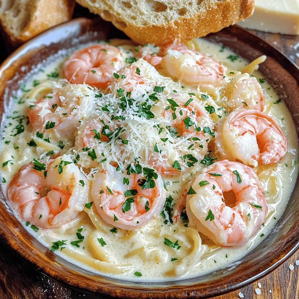 To make Creamy Garlic Shrimp in 15 minutes, you need the right ingredients. Here’s what you’ll need: - 1 pound large shrimp, peeled and deveined - 4 cloves garlic, minced - 2 tablespoons unsalted butter - 1 cup heavy cream - 1/2 cup grated Parmesan cheese - 1 teaspoon paprika - 1/2 teaspoon red pepper flakes (optional) - Salt and pepper to taste - Fresh parsley, chopped (for garnish) - Cooked pasta of your choice (e.g., fettuccine, linguine) These ingredients come together to create a rich and creamy dish. The shrimp add protein, while garlic gives a bold flavor. Butter and heavy cream combine to create a smooth sauce that coats the pasta beautifully. You can adjust the red pepper flakes to make it spicy or keep it mild. Fresh parsley not only adds color but also a fresh taste. With this list, you're ready to whip up a delicious meal. Grab your ingredients and let’s get cooking! If you want more detailed instructions, check out the Full Recipe. 1. First, melt the butter in a large skillet over medium heat until it bubbles. 2. Add the minced garlic to the skillet. Sauté for about 30 seconds. Watch carefully to avoid burning it. 3. Next, add the shrimp and season them with salt, pepper, and paprika. If you like heat, add red pepper flakes. Cook for 2-3 minutes on each side. The shrimp should turn pink and opaque. 4. Now, reduce the heat to low. Pour in the heavy cream and mix well. Let it simmer for 2 minutes to thicken. 5. Gradually whisk in the grated Parmesan cheese. Stir continuously until it melts, making the sauce creamy. 6. Finally, remove the skillet from heat. Toss the cooked pasta in the sauce until well coated. - Total time: 15 minutes - Prep time: 5 minutes - Cook time: 10 minutes 1. Plate the creamy garlic shrimp pasta in a shallow bowl. 2. For garnish, sprinkle fresh parsley and extra Parmesan on top for color. 3. Serve with crusty bread to soak up the sauce. Enjoy every bite! For the complete recipe, check out the Full Recipe. To get the right sauce thickness, use heavy cream. This cream adds richness and body. If your sauce seems too thin, let it simmer longer. You can add a bit more cheese to make it richer. Parmesan cheese melts well and gives a nice flavor. To avoid overcooking shrimp, keep an eye on the time. Cook shrimp for about 2-3 minutes on each side. Watch for the color to change from gray to pink. When they curl into a "C" shape, they are done. Remove them quickly to prevent rubbery texture. For best serving, use shallow bowls or plates. This helps show off the sauce and shrimp. Drizzle extra sauce on top for added appeal. Garnish with fresh parsley for color. A sprinkle of Parmesan adds a nice finishing touch. Enjoy with crusty bread to soak up the sauce. {{image_2}} - Alternatives for shrimp: If you want a different protein, try chicken or scallops. Tofu is a great choice for a vegetarian option. - Dairy-free options: For a dairy-free dish, use coconut cream instead of heavy cream. Nutritional yeast can replace Parmesan cheese for a cheesy flavor. - Additional spices or herbs: Add a pinch of Italian seasoning or fresh basil for a unique twist. A squeeze of lemon juice brightens the dish too. - Incorporating vegetables: Toss in spinach or cherry tomatoes for extra color and nutrition. Bell peppers or zucchini also work well. - Pairings with different pastas: This dish shines with fettuccine, but try it with linguine or even zoodles for a lighter meal. - Transforming into a different dish: Make a creamy garlic shrimp risotto by stirring the shrimp mixture into cooked Arborio rice. It adds a creamy texture and a comforting feel. Check out the Full Recipe for more ideas! To store leftovers of creamy garlic shrimp, place them in an airtight container. This keeps the flavors fresh. Let the dish cool before sealing. In the refrigerator, the dish lasts for about three days. Enjoy it within this time for the best taste. When reheating, use the stovetop for even heating. Place the leftovers in a skillet over low heat. Stir gently to warm them up. If you use a microwave, heat in short bursts. This avoids drying out the shrimp. To prevent sauce separation, add a splash of cream while reheating. You can freeze creamy garlic shrimp, but it’s not ideal. The sauce may change texture after thawing. If you want to freeze, store it in a freezer-safe container. Make sure to leave some space for expansion. When ready to eat, thaw it overnight in the fridge. Reheat slowly on the stove, stirring often for the best results. Choose large shrimp for this dish. They cook evenly and stay tender. Fresh shrimp have a sweet taste and firm texture. If fresh is not available, frozen shrimp work well. Just thaw them before cooking. Look for shrimp that are pink and shiny. Avoid shrimp with a strong fishy smell. They should be cleaned and deveined for your ease. Yes, you can! Try using Greek yogurt for a lighter option. It adds creaminess and tang. You can also use coconut milk for a dairy-free version. If you want a broth-based sauce, use chicken or vegetable broth. Add a splash of lemon juice for brightness. Adjust seasonings to fit your choice of sauce. To make this dish gluten-free, use gluten-free pasta. Options like rice or quinoa pasta work great. Make sure to check labels when buying. Most sauces in this recipe are gluten-free, but always double-check ingredients. If you use broth, choose a gluten-free brand. This keeps it safe for those with gluten sensitivity. This blog post covered a creamy garlic shrimp recipe from ingredients to serving tips. You learned how to cook shrimp perfectly, adjust the sauce, and add your favorite flavors. Don't hesitate to make this dish your own with variations. Store any leftovers correctly and enjoy them later. Cooking can be simple and fun. Follow these steps, and you'll impress anyone at your table. Enjoy your meal and happy cooking!