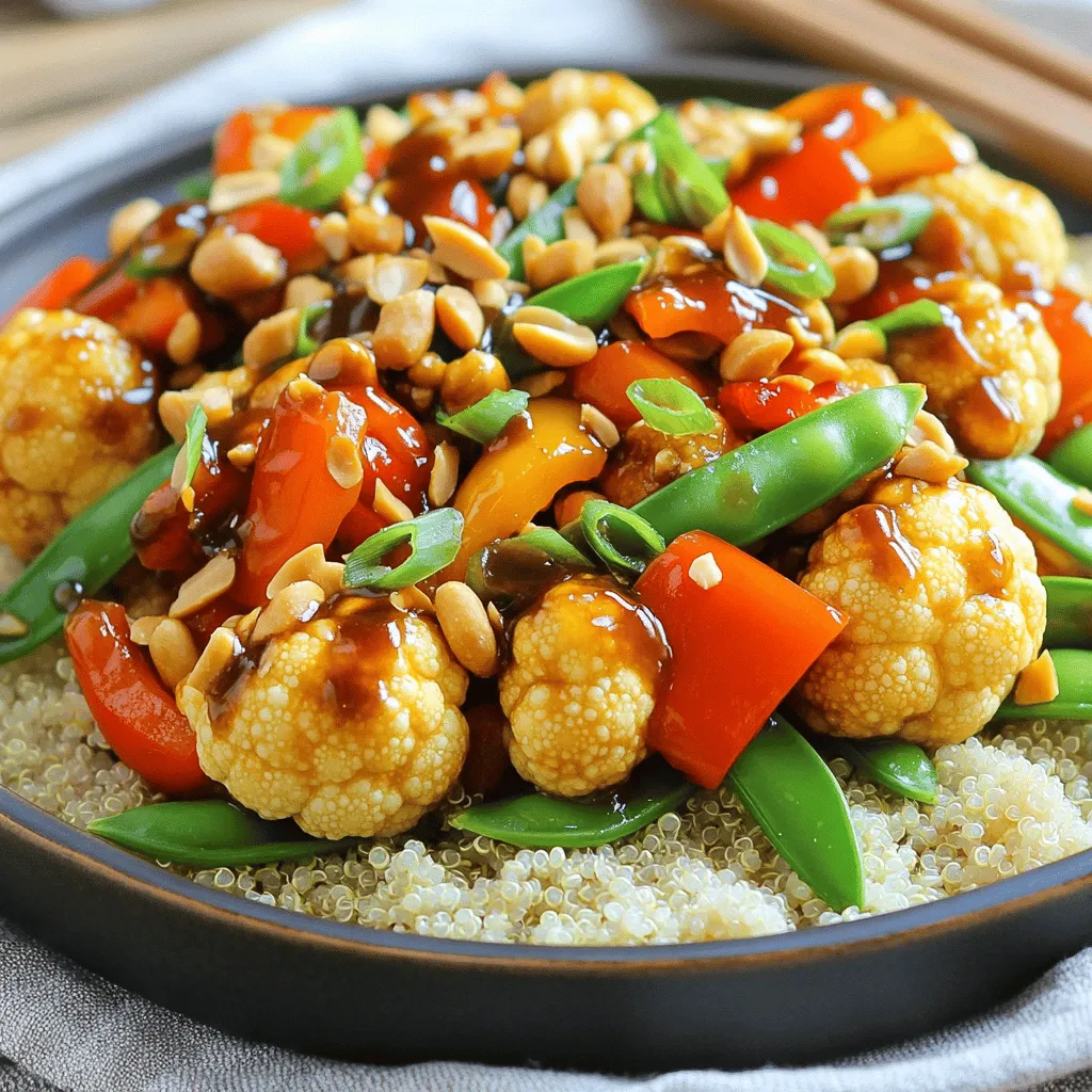 To make Kung Pao Cauliflower, gather these fresh ingredients: - 1 head of cauliflower, cut into florets - 1 cup bell peppers, diced (red, green, or yellow) - 1 cup snap peas, trimmed - 1/2 cup roasted peanuts - 3 tablespoons soy sauce (or tamari) - 2 tablespoons rice vinegar - 1 tablespoon hoisin sauce - 2 tablespoons sesame oil - 2 cloves garlic, minced - 1 inch ginger, minced - 1 teaspoon red chili flakes (adjust for spice preference) - 2 green onions, sliced (for garnish) - Salt and pepper to taste - Cooked rice or quinoa (for serving) These ingredients create a delightful mix of flavors and textures. The cauliflower acts as the star, soaking up the tasty sauce. The bell peppers and snap peas add crunch and color. Peanuts give a nice nutty finish. Using fresh and high-quality ingredients makes a big difference. It enhances the dish's taste and texture. You can find the full recipe to guide you through the cooking process. Enjoy the vibrant flavors and the healthy twist on this classic dish! - Toss cauliflower with sesame oil, salt, and pepper. - Roast cauliflower in preheated oven at 400°F (200°C). - Prepare the sauce in a small bowl. To start, grab a head of cauliflower. Cut it into small florets. Then, in a large bowl, toss the florets with one tablespoon of sesame oil. Sprinkle in a pinch of salt and pepper for flavor. Spread the coated cauliflower on a baking sheet. Roast it in your preheated oven for about 20 minutes. You’ll know it’s ready when it turns golden brown and is tender. Flip the florets halfway through to ensure even cooking. While the cauliflower roasts, let’s make the sauce. In a small bowl, mix together three tablespoons of soy sauce, two tablespoons of rice vinegar, one tablespoon of hoisin sauce, and one teaspoon of red chili flakes. This sauce packs a punch and adds flavor to your dish. - Heat sesame oil and stir-fry garlic and ginger. - Add bell peppers and snap peas to skillet. - Combine roasted cauliflower and sauce in skillet. Next, heat one tablespoon of sesame oil in a large skillet over medium-high heat. Add two minced cloves of garlic and one inch of minced ginger to the hot oil. Stir them for about 30 seconds until they smell great. Then, add one cup of diced bell peppers and one cup of trimmed snap peas. Stir-fry these for about 3-4 minutes. You want them tender but still colorful. Once the cauliflower is done roasting, add it to the skillet along with the sauce you prepared earlier. Toss everything together until the vegetables and cauliflower are well coated with the sauce. - Stir in roasted peanuts. - Remove from heat and garnish before serving. Finally, stir in half a cup of roasted peanuts. Cook everything together for another 2 minutes. This adds a nice crunch to your dish. Remove the skillet from heat. Before serving, garnish it with sliced green onions for a fresh touch. Enjoy your Kung Pao Cauliflower over a bed of rice or quinoa. For more details, check the Full Recipe. - Roasting Cauliflower: To get the best texture, cut the cauliflower into even florets. Toss them with sesame oil, salt, and pepper. Roast at 400°F (200°C) for about 20 minutes. Flip halfway for even cooking. This gives it a golden brown color and keeps it tender. - Adjusting Spice Levels: To control spice, start with one teaspoon of red chili flakes. Taste the dish as it cooks, and add more if you like it spicy. You can also use milder peppers for less heat. - Fresh vs. Pre-packaged Ingredients: Fresh vegetables taste better and have more nutrients. Always use fresh garlic and ginger for stronger flavors. Pre-packaged items can save time but might lack freshness. - Recommended Tools: A good skillet or wok is key for stir-frying. It allows for high heat and quick cooking. A spatula helps in tossing ingredients easily. - Importance of a Skillet or Wok: A heavy-bottomed skillet or wok distributes heat evenly. This helps cook the cauliflower and veggies quickly without burning. - Alternatives: If you don't have a wok, a large non-stick skillet works well. You can even use a regular frying pan, but watch the heat closely. - Accompanying Sides: Serve Kung Pao Cauliflower with cooked rice or quinoa. These grains soak up the sauce and balance the dish perfectly. You can also add a side salad for freshness. - Plating for Visual Appeal: Use a white plate to make the colors pop. Place the cauliflower in the center and add a scoop of rice beside it. Garnish with green onions and extra peanuts for a nice look. - Additional Toppings: For extra flavor, add a drizzle of sesame oil or a sprinkle of sesame seeds. Chopped cilantro also adds a fresh touch. Try these tips for a tasty vegan delight. For the complete recipe, check the Full Recipe. {{image_2}} To make Kung Pao Cauliflower vegan, ensure you use soy sauce or tamari. Both options work well. You can also skip the hoisin sauce if you want. To make it gluten-free, use tamari instead of soy sauce. This simple swap keeps the dish tasty and safe for those with gluten issues. Feel free to mix up the vegetables. Broccoli or zucchini can add great flavor and texture. You can also use mushrooms for a meaty bite. If you want extra protein, try adding tofu or tempeh. These options make the dish heartier while keeping it plant-based. Spice it up by adding unique spices like smoked paprika or a dash of cumin. A splash of sesame oil boosts the flavor too. For nut lovers, try using cashews or walnuts instead of peanuts. Each nut adds its own twist to the dish. Adding these elements makes your Kung Pao Cauliflower even more exciting. Don't forget to check the Full Recipe for more details on how to make this delightful dish! To store leftovers of Kung Pao Cauliflower, place them in an airtight container. Make sure it is sealed well to keep out air. This way, the dish stays fresh and tasty. The expected shelf life is about three to four days. After that, the quality may drop. If you want to freeze Kung Pao Cauliflower, let it cool first. Then, put it in freezer-safe bags or containers. Remove as much air as possible to avoid freezer burn. For the best taste and texture, use it within one to two months. When reheating, do not rush. Slowly warm it up to keep the flavors intact. To reheat Kung Pao Cauliflower, use a skillet over medium heat. This method keeps the dish crisp and delicious. Stir it often to ensure even heating. Aim for a temperature of about 165°F (74°C) for safe eating. You can also use a microwave, but cover it to keep moisture in. Heat in short bursts and stir in between for the best results. Kung Pao Cauliflower is a tasty vegan dish. It is a twist on the classic Kung Pao Chicken. This dish comes from Sichuan, China. It features cauliflower, bell peppers, and peanuts in a savory sauce. The flavors are bold and satisfying. Yes, you can prep Kung Pao Cauliflower ahead of time. You can cut the vegetables and make the sauce in advance. Store them in airtight containers in the fridge. When you're ready to eat, just cook it all together. This saves you time and makes meal prep easy. Kung Pao Cauliflower can be spicy, but you control the heat. The red chili flakes add spice. If you want less heat, use fewer chili flakes. You can also skip them altogether. Adjust the spice to match your taste. Kung Pao Cauliflower pairs well with cooked rice or quinoa. You can also serve it with steamed broccoli or a fresh salad. For drinks, try iced tea or a light beer. These options complement the dish's bold flavors nicely. Store your leftovers in an airtight container. They will stay fresh in the fridge for about three days. To reheat, use a skillet over medium heat. Stir until heated through. This keeps the flavors bright and the texture nice. You can find the full recipe for Kung Pao Cauliflower [Full Recipe]. This recipe has all the detailed steps and ingredients you need to make this delicious dish. In this blog post, we explored the vibrant recipe for Kung Pao Cauliflower. You learned about key ingredients, step-by-step preparations, and helpful tips. I shared how to customize the dish to fit dietary needs. We also discussed proper storage and reheating methods to keep flavors fresh. Kung Pao Cauliflower offers a delicious way to enjoy healthy vegetables. With these insights, you can create a flavorful meal that impresses. Enjoy cooking and experimenting with your unique twists!
