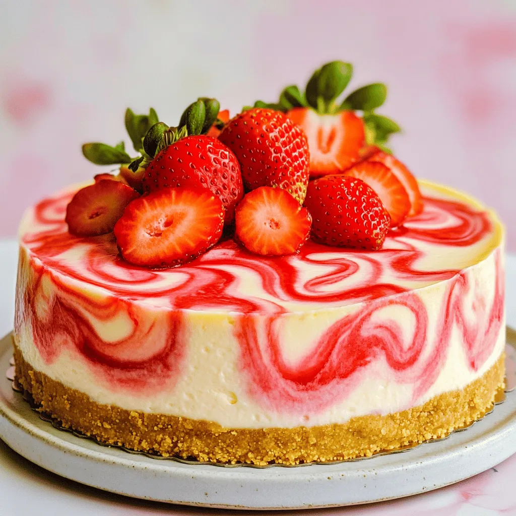 To make a great strawberry swirl cheesecake, you need the right ingredients. Here’s what you will need: - 1 ¾ cups graham cracker crumbs - ½ cup unsalted butter, melted - 2 tablespoons sugar - 3 (8 oz) packages cream cheese, softened - 1 cup granulated sugar - ¾ cup sour cream - 3 large eggs - 1 teaspoon vanilla extract - 1 cup fresh strawberries, pureed - ¼ cup sugar (for strawberry puree) Using quality ingredients makes all the difference. Fresh cream cheese gives your cheesecake a rich, smooth texture. Fresh strawberries will enhance the flavor and color of your swirl. When choosing strawberries, look for bright red ones with no soft spots. They should smell sweet and earthy. You can also choose organic strawberries to avoid pesticides. Rinse them gently and remove the stems before pureeing. This will create a sweet and vibrant sauce for your cheesecake. Check out the Full Recipe for clear instructions on how to combine these ingredients into a delightful dessert! To make your strawberry swirl cheesecake, you need about 30 minutes to prep. The total time, including chilling, is around 5 hours. You will need some basic tools: - A 9-inch springform pan - Mixing bowls - A mixer - A small saucepan - A knife or toothpick for swirling 1. Preheat the Oven: Start by preheating your oven to 325°F (160°C). 2. Prepare the Crust: In a medium bowl, mix 1 ¾ cups of graham cracker crumbs, ½ cup of melted unsalted butter, and 2 tablespoons of sugar. Press this mixture into the bottom of your springform pan. Bake for 10 minutes, then let it cool. 3. Make the Strawberry Puree: In a small saucepan, combine 1 cup of fresh strawberries (pureed) with ¼ cup of sugar. Heat it on medium, stirring until the sugar melts and it thickens a little. This takes about 5 minutes. Let it cool. 4. Prepare the Cheesecake Filling: In a large bowl, beat 3 packages of softened cream cheese with 1 cup of sugar until smooth. Add ¾ cup sour cream, 3 large eggs (one at a time), and 1 teaspoon of vanilla extract. Mix until blended well. 5. Create the Swirl: Pour half of the cheesecake batter into the cooled crust. Drizzle some strawberry puree on top. Use a knife or toothpick to swirl it gently. Add the rest of the batter, then more puree. Swirl again. 6. Bake the Cheesecake: Place the cheesecake in the oven for 55-60 minutes. The edges should be set, but the center should still jiggle. Turn off the oven and slightly open the door. Let the cheesecake cool in there for an hour. 7. Cool Completely: After an hour, take the cheesecake out and let it cool at room temperature. Refrigerate for at least 4 hours or overnight. 8. Serve: Once it’s set, carefully remove it from the springform pan. If you want, add more fresh strawberries on top before serving. This is a simple and fun way to make a delicious dessert. You can find the Full Recipe for more details and serving suggestions. For more help, look for video tutorials online. They can show you each step. You can also make a checklist with the key steps to confirm each part as you go. To avoid cracks in your cheesecake, follow these steps: - Bake at a low temperature. - Let the cheesecake cool slowly in the oven. - Use room temperature ingredients for a smooth batter. Room temperature ingredients help blend air into the mixture. This makes the cheesecake creamy and fluffy. Cold ingredients can cause lumps. They can also lead to cracking as the cheesecake bakes. Want to boost the flavor? Try these ideas: - Add a splash of lemon juice for zest. - Mix in some vanilla bean for depth. - Top with whipped cream for extra creaminess. For a vibrant strawberry puree, use fresh, ripe strawberries. Blend them until smooth, then strain for a silky texture. Keep the puree thick. This helps it swirl beautifully into the batter. Serve your cheesecake in style with these tips: - Slice it into wedges for easy serving. - Add fresh strawberries on top for color. - Drizzle with chocolate sauce for a rich touch. Pair your cheesecake with sweet tea or a refreshing lemonade. This makes a perfect match for the creamy, fruity dessert. Enjoy your creation with friends or family for a delightful treat. For the full recipe, check the details above. {{image_2}} You can swap strawberries for other fruits. Blueberries or raspberries work great! Just make a puree like you do with strawberries. Use a cup of fresh fruit and blend it until smooth. If the fruit is tart, add a bit more sugar to balance the taste. Adjust the sugar based on the fruit's sweetness. This way, you can enjoy different flavors in your cheesecake! To make a gluten-free crust, replace graham crackers with gluten-free crumbs. Look for brands that offer gluten-free options. You can also use almond flour or ground oats. Just mix it with melted butter and a touch of sugar. This keeps the crust tasty without gluten. Check the labels on all ingredients to ensure they are gluten-free. Mini cheesecakes are fun and cute! To make them, use a muffin tin lined with cupcake liners. Fill each liner with the crust and cheesecake batter. Bake them for about 20 minutes. Check for a slight jiggle in the center. They cool quicker, so keep an eye on them! These mini treats are perfect for parties or sharing. For a detailed guide on making the full recipe, check out the Full Recipe section. To keep your cheesecake fresh, store it in the fridge. Use an airtight container or wrap it tightly with plastic wrap. This prevents it from absorbing other smells in the fridge. You can also freeze the cheesecake if you want to keep it longer. Just wrap it well in plastic wrap and then foil. This keeps it safe from freezer burn. In the fridge, your strawberry swirl cheesecake lasts about 5 to 7 days. After that, it may not taste good. Watch for signs of spoilage. If you see mold or it smells off, it's time to toss it. If the texture becomes grainy or watery, that is another sign it’s gone bad. If you have leftovers, you can reheat them. Place a slice in the microwave for about 10 to 15 seconds. This warms it without ruining the texture. Avoid heating it too long or in high heat, as it can dry out. Enjoy your cheesecake warm or cold, whichever you prefer! You can find the full recipe for this delightful treat in the earlier sections. What can I use instead of cream cheese? You can use mascarpone cheese or ricotta cheese. Both provide a creamy texture. For a lighter version, try Greek yogurt. It has a nice tang and works well too. How can I make this recipe sugar-free? To make this cheesecake sugar-free, use a sugar substitute like stevia or erythritol. Adjust the amount based on the brand you choose. Always check the label for sweetness levels. Can this cheesecake be made ahead of time? Absolutely! You can make this cheesecake a day or two in advance. Just store it in the fridge. This lets the flavors meld, making it even tastier. Why is my cheesecake cracking? Cracking often happens if the oven is too hot or if the cheesecake bakes too long. To prevent this, bake at a low temperature. Remember to cool it slowly in the oven. How do I know when my cheesecake is done? You can tell when the cheesecake is done if the edges are set and the center is slightly jiggly. It will firm up as it cools. Use a toothpick to check for doneness if needed. What drinks pair well with cheesecake? Cheesecake pairs well with coffee or tea. A sweet dessert wine like Moscato is also a great match. For something refreshing, try lemonade or sparkling water with a twist of lime. Can I serve this cheesecake at room temperature? Yes, you can serve it at room temperature. Let it sit out for about 30 minutes before serving. This brings out the flavors and makes it even creamier. To make a great Strawberry Swirl Cheesecake, use high-quality ingredients and follow the steps carefully. Planning and preparation are key to its success. Remember to watch the temperature of your ingredients and avoid cracks. You can explore variations like mini cheesecakes or gluten-free options, which adds fun to your baking. With the right storage, this dessert stays fresh longer. Enjoy serving it with tasty toppings or a drink. Try out these tips and enjoy making your delicious cheesecake. You’ll impress your friends and family every time.