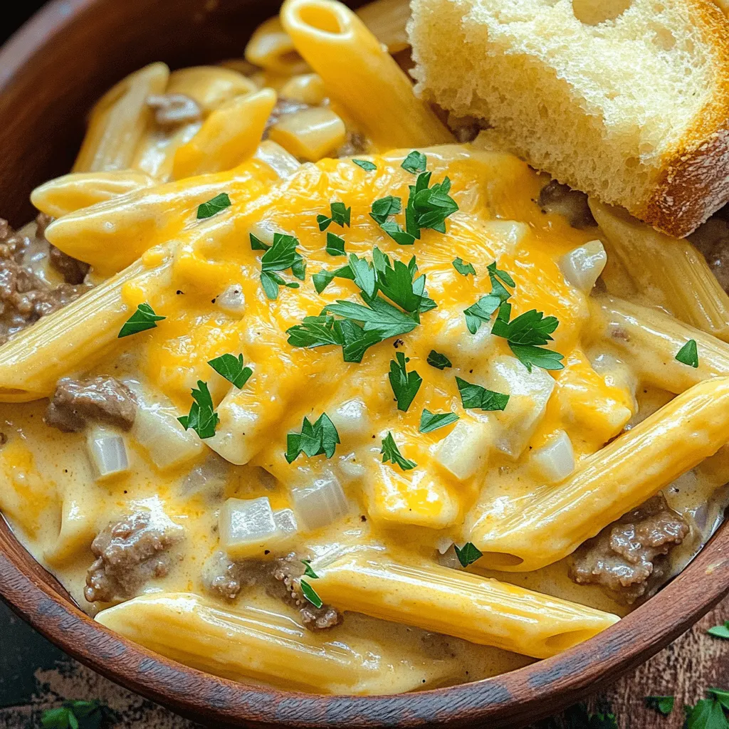 - 1 lb ground beef - 12 oz penne pasta - 1 small onion, diced - 2 cloves garlic, minced - 2 cups beef broth - 1 cup heavy cream - 1 cup shredded cheddar cheese - 1 teaspoon Italian seasoning - 1 teaspoon smoked paprika - Salt and pepper to taste - 2 tablespoons olive oil - Fresh parsley, chopped (for garnish) Gather these ingredients before you start. This makes cooking fun and easy. Each item plays a role in making this meal creamy and delicious. Ground beef gives protein and flavor. Penne pasta adds texture. Onion and garlic give a great aroma. Beef broth enhances the taste while cream and cheese make it rich. Italian seasoning and smoked paprika add warmth. Salt and pepper balance everything out. Olive oil helps to sauté and adds healthy fat. Finally, fresh parsley makes your dish look pretty and fresh. By using these ingredients, you can create a meal that feels gourmet but is still simple. It’s a great meal for busy nights or family gatherings. For the full recipe, check back to see how to put it all together. - Approx. 600 calories per serving - Macronutrient breakdown: - Fat: 30g - Carbs: 50g - Protein: 35g This meal not only delights your taste buds but also fuels your body. Each serving packs a good amount of protein, carbs, and fats. This makes it a balanced choice for lunch or dinner. - Heat olive oil and sauté onions In a large pot, pour two tablespoons of olive oil. Turn the heat to medium. Add one small diced onion. Cook it for about three to four minutes. You want the onion to be soft and clear. - Add garlic and ground beef Next, add two minced cloves of garlic. Stir it for one to two minutes until you smell the garlic. Now, raise the heat to medium-high. Add one pound of ground beef. Cook it for five to seven minutes. Break the beef apart as it cooks. Season with salt, pepper, one teaspoon each of Italian seasoning and smoked paprika. - Incorporate penne pasta and broth Stir in twelve ounces of penne pasta, making sure it mixes well with the beef. Then, pour in two cups of beef broth. Bring it to a boil. - Simmer until pasta is tender Lower the heat and cover the pot. Let it simmer for ten to twelve minutes. Stir it occasionally to keep the pasta from sticking. When the pasta is soft, you are ready for the next step. - Stir in heavy cream and cheese After the pasta is cooked, pour in one cup of heavy cream. Add one cup of shredded cheddar cheese. Stir until the cheese melts and everything is well mixed. - Adjust seasoning and serve Taste your dish and add more salt or pepper if needed. Serve the creamy beef pasta in bowls. Top with fresh parsley for a nice look. Enjoy your meal! For more details, you can check the Full Recipe. To keep pasta from sticking, stir it often. Use a large pot to give pasta space. A Dutch oven works well since it heats evenly. Make sure to add enough liquid for the pasta to cook. Using broth adds flavor and helps with sticking. If you want an alternative for ground beef, try turkey or chicken. For a plant-based option, use lentils or mushrooms. To make it dairy-free, swap heavy cream for coconut cream or a nut-based milk. Nutritional yeast can replace cheese for a cheesy flavor without dairy. Serve the creamy beef pasta in deep bowls for a cozy feel. Top with fresh parsley and more cheese to make it pop. Pair with garlic bread or a fresh salad for a lovely meal. A sprinkle of crushed red pepper can add a nice touch too. {{image_2}} You can make One-Pot Creamy Beef Pasta even better by adding veggies. Spinach or mushrooms work great. They add color and nutrients. Toss in a handful of fresh spinach just before serving. It wilts nicely and adds good taste. Mushrooms also bring a rich flavor. Sauté them with the onions for extra depth. You can switch up the cheese too. While cheddar is tasty, you might prefer mozzarella or Parmesan. Each cheese gives a different twist. Mixing cheeses can create a creamy delight. Just sprinkle them in when you add the heavy cream. If you need gluten-free options, choose gluten-free pasta. Many brands offer great choices that cook just like regular pasta. You won't miss the gluten. For a low-carb option, try zucchini noodles or spaghetti squash. They cut carbs and add fresh flavors. To boost the taste, consider adding spices or sauces. A pinch of red pepper flakes adds heat. If you love garlic, add more minced garlic for a strong flavor. You could also stir in some BBQ sauce for a fun twist. If you want a savory kick, consider Worcestershire sauce or soy sauce. These add umami and depth. You can make it spicy by adding hot sauce to your taste. Adjust the flavors to fit your mood. To keep your One-Pot Creamy Beef Pasta fresh, store leftovers in an airtight container. Glass or plastic containers work well. Make sure it cools down before sealing. This helps avoid sogginess. Yes, you can freeze One-Pot Creamy Beef Pasta! Portion it into freezer-safe bags or containers. Remove as much air as possible. To reheat, thaw in the fridge overnight. Then, heat on the stove or microwave until warm. In the fridge, your creamy beef pasta lasts about 3 to 4 days. Always check for signs of spoilage. If it smells off or looks moldy, it’s best to throw it away. Enjoy your meal, but keep food safety in mind! Can I make One-Pot Creamy Beef Pasta in advance? Yes, you can make this dish ahead of time. After cooking, let it cool. Store it in a container in the fridge for up to three days. When ready to eat, reheat it on the stove or in the microwave. Add a splash of broth or cream if it seems dry. What can I serve with this dish? I love serving this pasta with a fresh salad or garlic bread. You can also add steamed veggies on the side. These add color and nutrition to your meal. How long does it take to make this recipe? This recipe takes about 30 minutes from start to finish. You spend 10 minutes prepping and 20 minutes cooking. It is quick and perfect for busy nights. Can I cook the pasta separately? You can, but I do not recommend it for this recipe. Cooking the pasta in the same pot lets it soak up all the tasty flavors. It saves time and reduces the number of dishes to wash. How to scale the recipe for more servings? To serve more people, simply double the ingredients. Use 2 pounds of beef and 24 ounces of pasta. Make sure to use a larger pot to fit everything. Can I use other types of pasta? Yes, you can use different pasta shapes. Bowtie or fusilli work great. Just adjust the cooking time based on the type you choose. Always check the package for cooking times. This blog post covered a delicious One-Pot Creamy Beef Pasta recipe. We looked at all the ingredients, from beef and pasta to spices and cheese. I shared clear cooking steps to help you make it right. Tips for storage and variations also offered new ideas. Try different foods based on the tips provided. Experiment until you find your favorite version. Enjoy the cooking process and share this meal with others!