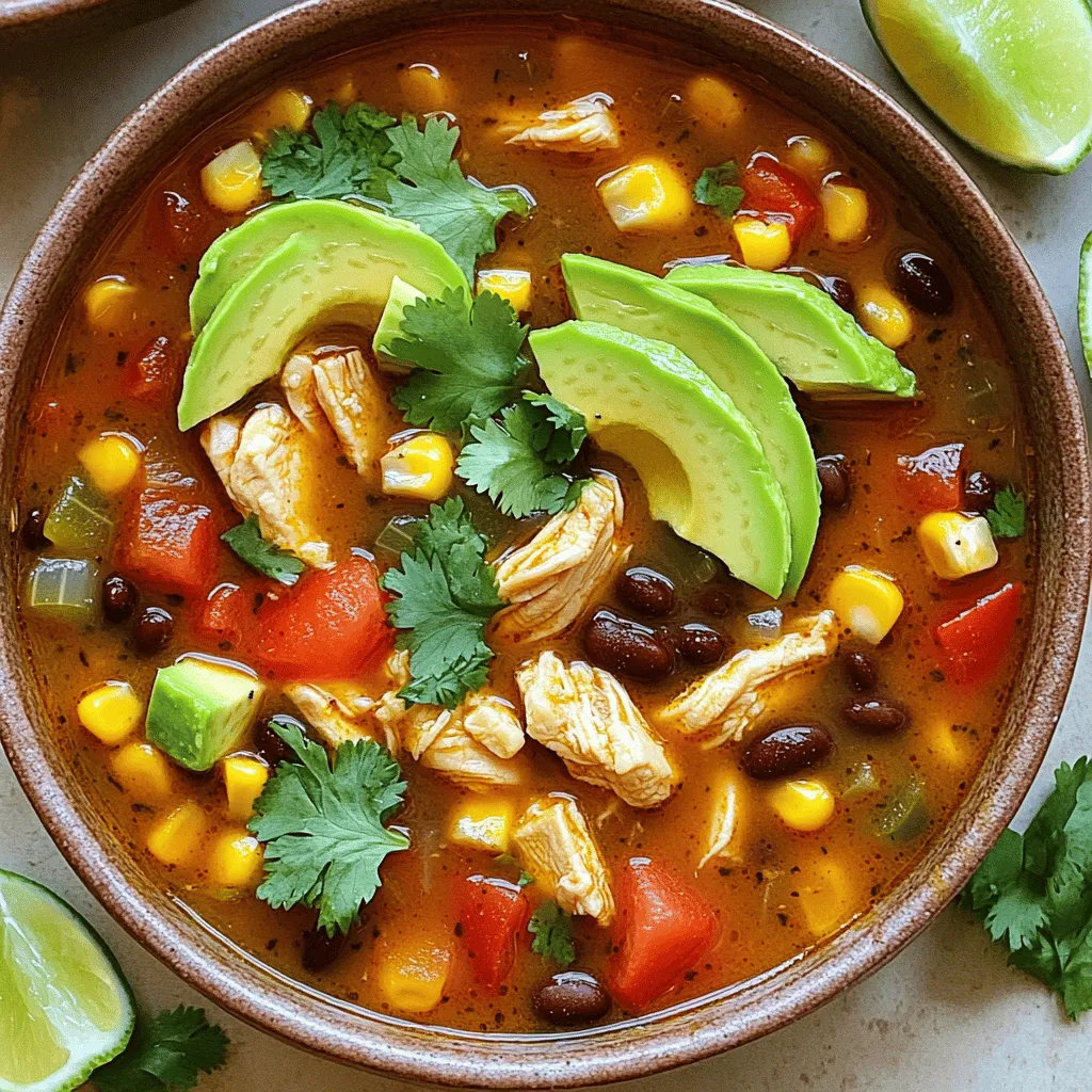 - 2 boneless, skinless chicken breasts, diced - Assorted bell peppers (red and green) - 1 can (15 oz) diced tomatoes with green chilies - 4 cups chicken broth - 1 tablespoon chili powder - 1 teaspoon cumin - 1 teaspoon smoked paprika - Juice of 1 lime - Fresh cilantro, chopped - Optional toppings: avocado slices, shredded cheese, sour cream - Large pot or Dutch oven - Cutting board and knife - Measuring spoons and cups To make Easy Chicken Fajita Soup, gather these fresh ingredients and tools. The chicken gives the soup its hearty base. The bell peppers add color and crunch. Diced tomatoes bring a zesty kick. Chicken broth ties it all together, making a warm and comforting dish. For seasoning, chili powder, cumin, and smoked paprika create a rich flavor. Lime juice brightens the soup and adds freshness. Don't forget fresh cilantro for a pop of color and taste. Optional toppings like avocado, cheese, and sour cream can make the soup even more delicious. Make sure you have the right kitchen tools. A large pot or Dutch oven works best. A sharp knife and cutting board help you chop quickly and safely. Measuring spoons and cups ensure you get the amounts just right. This recipe is easy to follow and perfect for any day. Check out the Full Recipe for all the details! - First, heat 1 tablespoon of olive oil in a large pot over medium heat. - Next, add 1 medium chopped onion and sauté until it turns soft, about 3-4 minutes. - Now, add 2 diced boneless, skinless chicken breasts. Season with salt and pepper. - Cook the chicken for about 5-6 minutes until it is golden brown on all sides. - Stir in 1 sliced red bell pepper, 1 sliced green bell pepper, and 2 minced garlic cloves. - Sauté these for about 3 minutes until the peppers soften. - Then, mix in 1 can of diced tomatoes with green chilies, 4 cups of chicken broth, 1 tablespoon of chili powder, 1 teaspoon of cumin, and 1 teaspoon of smoked paprika. - Bring this mixture to a boil. - Once boiling, lower the heat to a simmer. - Add 1 cup of corn and 1 can of black beans, drained and rinsed. - Let the soup simmer for 15-20 minutes so the flavors blend well. - Before you serve, stir in the juice of 1 lime for a fresh taste. - Taste the soup and add more salt or pepper if needed. - Ladle the soup into bowls and garnish with fresh cilantro, avocado slices, shredded cheese, and sour cream if you like. You can find the Full Recipe for more details. Enjoy your cooking! To boost the taste of your Easy Chicken Fajita Soup, try using fresh herbs instead of dried ones. Fresh cilantro adds a bright flavor. You can also adjust the spiciness. If you want more heat, add sliced jalapeños or a dash of hot sauce. Start with a little, then add more to your liking. If you're short on time, using canned chicken or pre-cooked chicken makes this dish quick. Just add it to the pot when you mix in the vegetables. Another fast method is to use an Instant Pot. It cooks the soup in a fraction of the time. This is great for busy days when you need a meal fast. Toppings can make your soup pop! Try adding avocado slices and shredded cheese on top. Fresh cilantro adds color and taste. For a fun twist, squeeze extra lime juice over each bowl. This not only enhances flavor but also makes your dish look vibrant. Serve your soup in colorful bowls for an appealing presentation. {{image_2}} You can switch up the chicken for turkey or beef. This change gives the soup a new taste. If you want a vegetarian option, try using tofu or adding more beans. This keeps the soup filling and flavorful. You have options for cooking this soup. For a slow cooker, combine all the ingredients and let it cook on low for 6-8 hours. If you prefer an Instant Pot, use the sauté function first, then cook on high pressure for about 10 minutes. You can also make it on the stovetop or bake it in the oven for a different twist. To change the flavor, add different spices or sauces. You can try hot sauce for a kick or fresh herbs for brightness. Incorporating seasonal vegetables like zucchini or squash can also add freshness and color. Experimenting with these changes can lead to a unique soup each time you make it. For the full recipe, check out the earlier section. To store your Easy Chicken Fajita Soup, let it cool first. Then, pour it into an airtight container. Make sure to seal it well. This keeps the soup fresh and safe. In the fridge, the soup lasts about 3 to 4 days. Before eating, always check for any signs of spoilage. Freezing is a great way to save extra soup. Use a freezer-safe container or heavy-duty freezer bags. Leave space at the top for the soup to expand. The soup can last up to 3 months in the freezer. When you are ready to eat, thaw it in the fridge overnight. You can also run cold water over the sealed bag for a quicker method. When reheating, you have a few options. You can use the microwave, stove, or even an oven. For the microwave, heat in short bursts, stirring in between. On the stove, warm it over medium heat while stirring. If using the oven, place it in a dish covered with foil. To keep the flavors strong, add a splash of chicken broth or water while reheating. This helps maintain the soup’s tasty profile. For more details on how to make this dish, check the Full Recipe. Easy Chicken Fajita Soup stays fresh in the fridge for about 3 to 4 days. Make sure to store it in a sealed container. This keeps the soup safe and tasty. Yes, you can make this soup ahead of time! It’s perfect for meal prep. Just cook it fully and let it cool. Then, store it in the fridge or freezer. When you’re ready to eat, reheat it on the stove or in the microwave. You can serve Easy Chicken Fajita Soup with several tasty sides: - Tortilla chips for crunch - A fresh green salad for a light touch - Warm tortillas to scoop up the soup - Rice or quinoa for a filling option These sides make your meal more fun and flavorful. This blog post covers how to make Easy Chicken Fajita Soup. You learned about key ingredients, cooking tools, and step-by-step instructions. I shared tips for flavor and shortcuts, plus variations to suit your taste. Storage info and FAQs help you store and serve this dish effectively. In summary, this soup is simple, tasty, and versatile. Make it your own with ingredients you love. Enjoy every bowl, and savor the flavors!