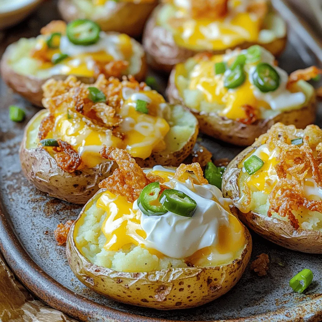 To make Jalapeño Popper Smashed Potatoes, you need a few key items. Here’s what you will need: - 2 pounds baby potatoes - 1 cup cream cheese, softened - 1 cup shredded sharp cheddar cheese - 1/2 cup jalapeños, seeds removed and finely chopped - 1/4 cup sour cream - 2 tablespoons green onions, chopped - 4 tablespoons unsalted butter, melted - Salt and pepper to taste These ingredients come together to create a rich and creamy dish. The baby potatoes give a great texture. The jalapeños add a nice kick, and the cheeses bring it all together. You can add extra toppings for more flavor and crunch. Consider these options: - Crispy fried onions - Extra chopped green onions - A drizzle of hot sauce These toppings can make your dish even more fun and tasty. They also add a beautiful look to your dish. If you are missing some items, here are some good swaps: - Use regular potatoes instead of baby potatoes. - Swap cream cheese for Greek yogurt for a lighter option. - Try pepper jack cheese instead of cheddar for a spicier twist. With these substitutions, you can still enjoy a great flavor. Don't hesitate to try different ingredients to find what you love best. For the full recipe, check out the complete guide in the article. Start by placing 2 pounds of baby potatoes in a large pot. Cover them with cold water and add a pinch of salt. Bring the water to a boil over high heat. Cook the potatoes until they are tender, which takes about 15-20 minutes. Check with a fork to see if they are soft. Once done, drain the potatoes and let them cool for a few minutes. Preheat your oven to 400°F (200°C) while the potatoes cool. In a large mixing bowl, combine 1 cup of softened cream cheese, 1 cup of shredded sharp cheddar cheese, and 1/2 cup of finely chopped jalapeños. Add 1/4 cup of sour cream and 2 tablespoons of chopped green onions to the bowl. Season this mixture with salt and pepper to taste. Mix everything well until it is smooth and creamy. This mixture gives the potatoes that delicious jalapeño popper flavor. Now, take the cooled potatoes and place them on a baking sheet lined with parchment paper. Use a fork or a potato masher to gently smash each potato. You want them to flatten but hold their shape. Next, spoon a good amount of the cheese mixture on top of each smashed potato. Drizzle 4 tablespoons of melted unsalted butter over the entire tray. This will add flavor and help create a crispy top. Bake in your preheated oven for 20-25 minutes. Look for bubbly cheese that is slightly golden on top when done. Once baked, let the potatoes cool slightly. For extra crunch, you can sprinkle crispy fried onions on top. Enjoy your Jalapeño Popper Smashed Potatoes, a fun twist on a classic dish. Check out the Full Recipe for more details! To make the best smashed potatoes, choose small, even-sized baby potatoes. This helps them cook evenly. Boil them until tender, but don’t overcook. They should hold their shape. After boiling, let them cool a bit before smashing. This makes it easier to handle them. Use a fork or potato masher for smashing. Aim for a flat, rustic look. For crispy tops, drizzle melted butter over your smashed potatoes before baking. This adds flavor and helps with browning. Bake at 400°F for 20-25 minutes. Keep an eye on them. If you want extra crunch, add crispy fried onions on top before serving. This gives a nice texture contrast. Seasoning is key! Add salt and pepper to your cheese mixture. This boosts the taste of every bite. Don’t forget the jalapeños; they add heat and flavor. If you like it spicier, include more jalapeños or add hot sauce to the mix. Fresh herbs like green onions also enhance the dish. They add color and a mild onion flavor. For the full recipe, check out the section above. {{image_2}} If you want more heat, try adding diced serrano peppers. They pack a punch! You can also mix in some hot sauce with the cheese. This gives a nice kick to each bite. For an even bolder flavor, consider using spicy chorizo in the cheese mix. It adds warmth and a rich taste. To make these potatoes vegetarian, simply skip the bacon or meat. You can use plant-based cream cheese for a vegan version. Swap out regular cheese for vegan cheese too. Nutritional yeast is a great option. It adds a cheesy flavor without dairy. These smashed potatoes are great as a side dish. Pair them with grilled chicken or steak for a hearty meal. They also work well at parties. Serve them with a fresh salad for a lighter option. You can even enjoy them as a tasty snack! For the full recipe, check out the details above. To keep your Jalapeño Popper Smashed Potatoes fresh, let them cool first. Place them in an airtight container. They can last in the fridge for about 3 to 5 days. Be sure to separate layers with parchment paper to avoid sticking. When you're ready to enjoy leftovers, preheat your oven to 350°F (175°C). Place the potatoes on a baking sheet. Heat them for about 15 to 20 minutes until warm. This helps keep them crispy. You can also use a microwave, but the texture may suffer. For longer storage, you can freeze these potatoes. First, cool them completely. Then, place them in a freezer-safe bag. Make sure to remove as much air as possible. They can last up to 3 months in the freezer. To reheat, thaw in the fridge overnight and follow the reheating guidelines. For the full experience, check out the Full Recipe for tips on how to make these tasty treats! Yes, you can! Make the potatoes a day ahead. Cook and smash them as normal. Prepare the cheese mixture and store it in the fridge. When you’re ready to bake, just put the mixture on top and bake as usual. This saves time and makes meal prep easy. If you don’t have cream cheese, try using Greek yogurt or ricotta cheese. Both add creaminess and taste great. For a dairy-free option, use a nut-based cream cheese. These substitutes work well and keep the flavor intact. To add more heat, use more jalapeños. Leave some seeds in for extra spice. You can also add diced habaneros or a splash of hot sauce to the cheese mix. Be careful with the amounts to keep it tasty! For the full recipe, check out the details. Jalapeño Popper Smashed Potatoes are a fun twist on a classic dish. We covered the key ingredients, cooking steps, and tips for the best results. Consider variations to match your taste. Storing leftovers and reheating them is simple, too. You can even make these potatoes spicy or vegan. These potatoes are tasty and easy for everyone. Get creative and enjoy this delicious dish!