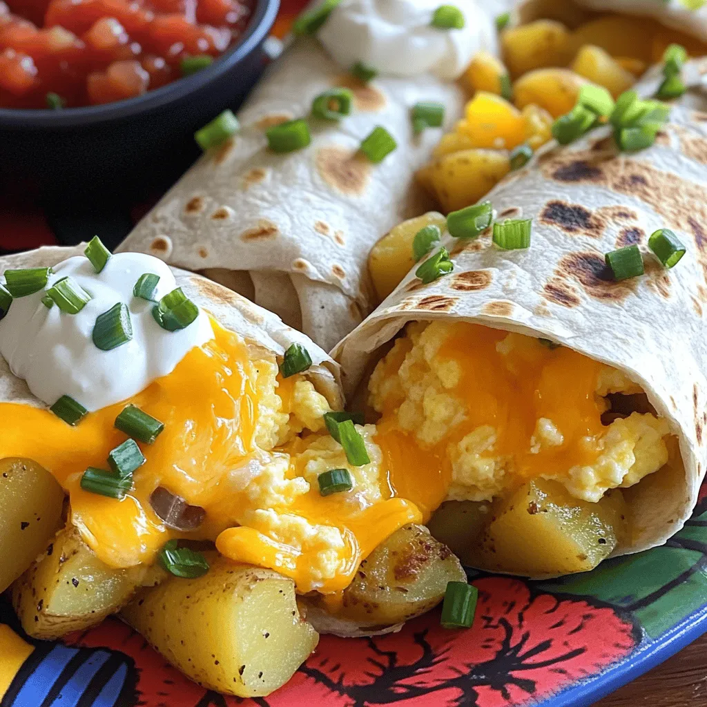 To make delicious breakfast burritos with potatoes and eggs, you'll need a few key ingredients. Here’s the list: - 4 medium-sized potatoes, diced - 6 large eggs - 1 cup shredded cheddar cheese - 1/2 cup milk - 1/4 cup green onions, chopped - 1/2 teaspoon garlic powder - 1/2 teaspoon paprika - Salt and pepper to taste - 4 large flour tortillas - 2 tablespoons olive oil - Salsa and sour cream for serving (optional) These ingredients come together to create a warm and hearty meal. The potatoes give a nice texture and flavor. Eggs bring protein, while cheddar adds that melty goodness. Green onions help with freshness and color. You can also use other toppings if you like. Some enjoy adding avocado or spicy salsa for a kick. Feel free to mix in your favorite vegetables or spices too. For the full recipe with detailed steps, check out the Full Recipe section. Cooking Method: Skillet Technique To start, I heat olive oil in a large skillet over medium heat. I add the diced potatoes and let them sizzle. Stir them often for even cooking. This method gives the potatoes a nice golden color. Cook them for about 15 to 20 minutes until they are tender. Seasoning Tips for Flavor Enhancement While cooking, I sprinkle in salt, pepper, garlic powder, and paprika. Each adds a unique flavor to the potatoes. Feel free to adjust the spices to fit your taste. A little extra paprika can make the dish pop! Proper Egg Mixing Techniques In a bowl, I whisk the eggs with milk. This makes the eggs fluffy. I add a pinch of salt and pepper for taste. Make sure to mix until everything is combined well. Ideal Cooking Temperature for Eggs For cooking, I use a separate skillet over medium heat. I pour in the egg mixture and let it sit for a minute. Then, I gently stir with a spatula. I cook the eggs for about 4 to 5 minutes until they are softly scrambled. The key is to not overcook them. Burrito Wrapping Techniques I lay a tortilla flat on a clean surface. Then, I scoop some potato mixture and egg mixture into the center. It’s important to not overfill the tortilla. How to Secure the Filling Next, I fold in the edges and roll tightly. This keeps the filling inside. Repeat this with the remaining tortillas. Best Practices for Achieving a Crispy Texture I return to the same skillet used for the potatoes. I place the burritos seam-side down. Cooking for about 2 to 3 minutes on each side gives them a nice, crispy texture. They should be golden brown when done. This whole process makes breakfast fun and tasty. For the full recipe, check the details provided earlier. How to Avoid Soggy Burritos To keep your burritos crisp, drain the potatoes well. After cooking, let them cool slightly before filling the tortillas. This reduces moisture. Always make sure to wrap them tightly, sealing the edges well to keep in the filling. Tips for Crispy Tortillas Before you fill your tortillas, warm them slightly in a dry skillet. This makes them more pliable and helps to prevent tears. After filling, toast them seam-side down for a few minutes until golden brown. This step adds a nice crunch. Suggested Spice Mix Variations Try adding cumin or chili powder for a kick. A pinch of cayenne can spice things up too. You can mix these spices with the garlic powder and paprika for a bold flavor blend. Experiment with different spice ratios to find your favorite! Cheese and Veggie Add-Ins You can switch up the cheese with Monterey Jack or pepper jack for more flavor. Add diced bell peppers or mushrooms to the potato mix to boost nutrition. Chopped spinach also works great for extra greens. Best Dipping Sauces Serve your burritos with salsa, sour cream, or guacamole. A zesty yogurt sauce can add a fresh touch too. These dips enhance the overall flavor and make each bite more exciting. Garnishing Ideas for a Beautiful Presentation Sprinkle chopped green onions over the burritos for a pop of color. Add a lime wedge on the side for a splash of citrus. You can also place your burritos on a colorful plate to make them look even more inviting. For a fun touch, add some fresh cilantro leaves too. For more details and the complete process, check out the Full Recipe. {{image_2}} If you want a meat-free burrito, you can swap the eggs for tofu or avocado. Tofu works great as it absorbs flavors well. Just scramble it like eggs. Add some spices and enjoy a fluffy texture. Avocado gives a creamy touch. Mash it up and spread it inside the tortilla. Both options keep your burrito tasty and filling. Want to add some meat? Sausage or bacon makes a great choice. Cook the sausage until brown and crumble it. Stir it into the egg mixture for a hearty bite. Bacon adds a crispy crunch. Fry it until crispy, then chop it and mix it in. These meats enhance the flavor and make your burrito even more satisfying. If you need a gluten-free option, try using corn tortillas or lettuce wraps. Corn tortillas are great as they hold the filling well. Just warm them up before filling. Lettuce wraps are fresh and light. They add a nice crunch while being low in carbs. Both options let everyone enjoy this meal without worries. To make these tasty variations, check the Full Recipe for guidance. To keep your breakfast burritos fresh, store them properly. First, let the burritos cool down to room temperature. Then, wrap each burrito in plastic wrap or foil. This method helps keep them moist. Place the wrapped burritos in an airtight container. Store them in the fridge for up to three days. If you want to save them for longer, freezing is a great option. Wrap each burrito tightly in plastic wrap. Then, place them in a freezer bag or a sealed container. Make sure to label the bags with the date. This allows you to enjoy them for up to three months. When reheating your breakfast burritos, you want to keep them crispy. The best way to do this is by using an oven or skillet. If using an oven, preheat it to 350°F (175°C). Unwrap the burritos and place them on a baking sheet. Heat for about 15 minutes or until warmed through. For a skillet, heat it over medium heat. Place the burrito seam-side down in the skillet. Cook for about 3-4 minutes on each side. This method makes the outside crispy while ensuring the filling is hot. Enjoy your delicious breakfast burritos again! You can swap cheddar cheese for many tasty options. Try Monterey Jack for a creamy texture. Pepper Jack adds a nice kick. If you want a stronger flavor, use sharp cheddar. For a dairy-free option, try vegan cheese or nutritional yeast. Each choice will change the taste, so pick what you love! Yes, you can prep these burritos in advance. Cook the potatoes and eggs, then cool them down. Wrap each burrito tightly in foil or plastic wrap. Store them in the fridge for up to three days. You can also freeze them for up to three months. Just make sure to label them! To add heat, try diced jalapeños or hot sauce. You can mix in some crushed red pepper flakes for extra spice. If you prefer less heat, skip the hot ingredients. Adjust the spice to fit your taste. Enjoy experimenting with different heat levels! You learned how to make delicious burritos with simple steps. We covered ingredients, cooking methods, and tips to boost flavor. Remember, perfecting your burrito takes practice. Experiment with textures and fillings to find your favorite. Feel free to customize based on your taste and needs. The joy of cooking is in trying new things. Enjoy every bite of your homemade burritos!