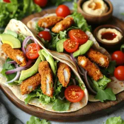 - 1 cup plant-based chik’n strips - 4 whole wheat tortilla wraps - 1 cup mixed greens (spinach, arugula, and kale) - 1/2 cup cherry tomatoes, halved - 1/4 cup red onion, thinly sliced - 1/2 avocado, sliced - 1/4 cup hummus (any flavor you prefer) - 2 tablespoons olive oil - 1 tablespoon nutritional yeast (optional) - Salt and pepper to taste - Sriracha or favorite hot sauce (optional) To make these Vegan Chik’n Snack Wraps, you need fresh and vibrant ingredients. Start with the main components. The plant-based chik’n strips offer great texture and flavor. Whole wheat tortilla wraps are healthy and sturdy. Mixed greens add a fresh crunch. Next, consider the add-ons. Cherry tomatoes give a juicy burst. Red onion adds a nice bite. Avocado brings creaminess. Each add-on enhances the overall taste. Lastly, flavor enhancers tie everything together. Hummus adds richness. Olive oil gives a nice gloss. Nutritional yeast offers a cheesy flavor. Don’t forget salt and pepper for balance. If you like heat, drizzle Sriracha or your favorite hot sauce. For the full recipe, check out the details to bring this dish to life! First, heat two tablespoons of olive oil in a skillet over medium heat. This oil will help cook the chik’n and add flavor. While the oil heats, gather your fresh veggies. Slice the cherry tomatoes in half and thinly slice the red onion. Set these aside with your mixed greens and avocado. Once the oil is hot, add one cup of plant-based chik’n strips to the skillet. Cook for about 5 to 7 minutes until they are heated through and a bit crispy. Make sure to stir them well. Season the chik’n with salt, pepper, and nutritional yeast if you want a cheesy flavor. When done, remove the skillet from the heat and set the chik’n aside. Lay out your four whole wheat tortilla wraps on a clean surface. Take one wrap and spread 1/4 cup of hummus in the center. Then, add a handful of mixed greens on top of the hummus. Next, layer the cooked chik’n strips over the greens. Sprinkle the halved cherry tomatoes, red onion slices, and avocado on top. If you like spice, drizzle some Sriracha or your favorite hot sauce over the toppings. Now, fold in the sides of the wrap. Roll it up tightly from the bottom to the top. Once rolled, cut each wrap in half at a slight diagonal. This makes them easier to eat. You can find the full recipe above for all the details. Enjoy your tasty Vegan Chik’n Snack Wraps! To roll your wraps tightly, start by placing the filling in the center. Fold in the sides first, then roll from the bottom up. This method keeps everything secure. You want to pull the wrap snugly as you roll. It helps prevent spills and messy bites. For even distribution of ingredients, layer them wisely. Spread hummus on the tortilla first. Then add greens, followed by the chik’n strips. Scatter tomatoes, onions, and avocado on top last. This way, each bite is packed with flavor. Dips and sauces can elevate your wraps. I recommend trying a lemon-tahini sauce or a spicy avocado dip. They add creaminess and zest. If you like heat, drizzle sriracha on top. Consider adding spices for depth. A pinch of smoked paprika or garlic powder can go a long way. Nutritional yeast can give a cheesy taste, which many enjoy. Experiment to find your perfect blend of spices. For ideal side dishes, pair your wraps with a fresh salad or veggie sticks. A side of sweet potato fries works well too. These sides complement the wrap's flavor and add crunch. When it comes to presentation, serve the wraps on a bright plate. You can cut them in half at a diagonal for a nice look. Garnish with cherry tomatoes and a small dish of hummus. This makes for a colorful and inviting plate. Remember, these tips can help you create the best Vegan Chik’n Snack Wraps. Enjoy the process and have fun in the kitchen! For the complete recipe, check out the Full Recipe section. {{image_2}} You can switch up the protein in your wraps. Try using different plant-based meats. Options like tempeh or seitan work great. They add texture and flavor. You can also use beans or lentils as protein sources. Black beans or chickpeas give a nice, hearty feel. They pack a punch of nutrients too. You can mash them or leave them whole, depending on your taste. If you want a fun twist, swap out the tortillas. Lettuce wraps are fresh and crunchy. They bring a nice lightness to your meal. You might also enjoy using rice paper wraps. They add a nice chew and look great on a plate. Vegan cheese is another fun option. Look for brands that melt well. They can make your wraps creamy and delicious. Seasonal vegetables add color and taste. Fresh bell peppers and zucchini are great in summer. Roasted sweet potatoes or butternut squash work well in fall. They give your wraps a sweet touch. You can also try unique hummus flavors. Roasted red pepper or garlic hummus can change the game. These flavors can elevate your wraps to a whole new level. For the full recipe, you can check out the instructions earlier in this article. Enjoy mixing and matching! To keep your Vegan Chik’n Snack Wraps fresh, wrap them in foil or parchment paper. This method helps maintain moisture. Store the wraps in the fridge. They stay fresh for up to two days. If you need to reheat them, unwrap and place them in a skillet over medium heat. Heat for about 2-3 minutes per side. This keeps the wrap warm and crispy. Store your ingredients separately for the best taste. Keep plant-based chik’n in the fridge. Use it within a week. For fresh produce, try to store it in a cool, dry place. Use mixed greens within a few days for the best flavor. Avocados should sit at room temperature until ripe. After that, store them in the fridge to slow down spoilage. You can prep your wraps ahead of time. Assemble them without the greens or avocado. This helps keep everything fresh for longer. You can also freeze the wraps. Just wrap them tightly in plastic wrap and then foil. They can last up to three months in the freezer. When you're ready to eat, thaw in the fridge overnight and reheat as described above. For the full recipe, check out the cooking instructions above. Yes, you can make these wraps ahead of time. To prep them, cook the chik’n strips and let them cool. Spread the hummus on the tortillas, add the mixed greens, and then layer on the chik’n and veggies. Roll each wrap tightly. Wrap them in plastic wrap or foil. Store in the fridge for up to 3 days. When ready to eat, you can enjoy them cold or warm them in a skillet for a few minutes. If you want a different protein, try using black beans, chickpeas, or grilled tofu. These options work well in the wraps. You can also use tempeh or seitan for a meatier texture. If you like a crunch, consider adding roasted chickpeas. Each option packs flavor and keeps your meal fun. Yes, you can make these wraps gluten-free. Use gluten-free tortillas instead of whole wheat ones. Many brands offer tasty gluten-free wraps. You can also use large lettuce leaves as a fresh alternative. These options keep the wraps light and full of flavor. Enjoy experimenting with different ingredients! You learned how to make tasty and healthy Vegan Chik’n Snack Wraps. We covered key ingredients, cooking steps, and some great tips. Remember, you can mix and match ingredients to suit your taste. Try different proteins or vegetables to create new flavors. Proper storage can help keep your wraps fresh for later. These wraps are a fun way to enjoy a nutritious meal. With this guide, I hope you feel ready to get cooking!