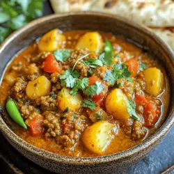 To make Easy Aloo Keema, you'll need some key items. Here are the must-haves: - 500g minced meat (lamb or chicken) - 2 medium potatoes, peeled and diced - 1 large onion, finely chopped - 2 tomatoes, chopped - 2 green chilies, slit (adjust to taste) - 3 garlic cloves, minced - 1-inch piece ginger, grated - 1 teaspoon cumin seeds - 1 teaspoon garam masala - 1/2 teaspoon turmeric powder - 1 teaspoon red chili powder (adjust to taste) - 1/2 teaspoon coriander powder - 2 tablespoons vegetable oil - Salt to taste - Fresh coriander leaves for garnish - 1/2 cup water (add more if needed) These ingredients create a rich and savory dish. The minced meat and potatoes blend well, making every bite satisfying. You can add some extra spices to boost the flavor. Consider these options: - 1/2 teaspoon cinnamon powder for warmth - 1 teaspoon curry powder for a unique twist - A squeeze of lemon juice for brightness These spices can enhance the taste of your Aloo Keema. Feel free to experiment based on what you like. A good dish looks as good as it tastes. Here are some garnishes to make your Aloo Keema pop: - Fresh coriander leaves, chopped - Thinly sliced green chilies for a spicy touch - Yogurt or raita on the side for cooling Garnishes can elevate your dish. They add color and freshness, making it more appealing to serve. For the full recipe, refer to the section above. Start with your ingredients ready. Gather everything you need for your Easy Aloo Keema. Here is a quick list: - 500g minced meat (lamb or chicken) - 2 medium potatoes, peeled and diced - 1 large onion, finely chopped - 2 tomatoes, chopped - 2 green chilies, slit (adjust to taste) - 3 garlic cloves, minced - 1-inch piece ginger, grated - 1 teaspoon cumin seeds - 1 teaspoon garam masala - 1/2 teaspoon turmeric powder - 1 teaspoon red chili powder (adjust to taste) - 1/2 teaspoon coriander powder - 2 tablespoons vegetable oil - Salt to taste - Fresh coriander leaves for garnish - 1/2 cup water (add more if needed) Wash and dice the potatoes. Make sure they are in small pieces. This helps them cook evenly. Chop the onions and tomatoes finely. Mince the garlic and grate the ginger. Slit the green chilies as well. Heat the vegetable oil in a large pan over medium heat. Add the cumin seeds. Let them sizzle for a few seconds. This wakes up their flavor. Next, add the chopped onions. Sauté until they are soft and golden brown. Stir in the minced garlic and ginger. Cook for about two minutes. Now, add the chopped tomatoes and green chilies. Let them cook until the tomatoes soften, which takes around five minutes. Then, add the minced meat. Break it up with a spoon. Cook until browned and fully cooked, which should take about seven to ten minutes. Once the meat is ready, add the diced potatoes. Then, sprinkle in the turmeric powder, red chili powder, coriander powder, and salt. Mix everything well. This ensures the potatoes and meat get coated in the spices. Pour in the water and bring it to a boil. Cover the pan and lower the heat. Cook until the potatoes are tender, about fifteen to twenty minutes. When the potatoes are cooked, add the garam masala on top. Gently mix it in. Taste and adjust seasoning if needed. Garnish with fresh coriander leaves before serving. To ensure even cooking of the potatoes, cut them into uniform pieces. Smaller pieces cook faster. Stir the mixture occasionally while it cooks. This helps the potatoes cook evenly in the spices and meat. If needed, add a bit more water. This will help the potatoes cook through without burning. These steps will give you a flavorful Aloo Keema that everyone will enjoy. For the full recipe, visit the complete guide. To make your Aloo Keema even better, try these tips: - Use fresh spices. Fresh spices pack more flavor than old ones. - Cook slowly. Give the onions time to caramelize for a sweet taste. - Add a squeeze of lime. This brightens the dish and adds depth. - Try adding peas. They add color and sweetness. Avoid these common pitfalls to ensure a perfect dish: - Overcooking the meat. This can make it tough. Cook just until browned. - Not seasoning enough. Taste as you go to find the right balance. - Skipping the resting time. Let it sit for a few minutes before serving. To adjust spice in Aloo Keema, follow these tips: - For less heat, remove the seeds from green chilies. - Add yogurt. It cools down the heat and makes it creamy. - Use less chili powder. Start with half and add more if needed. For the full recipe, check [Full Recipe]. Enjoy cooking! {{image_2}} You can make a tasty vegetarian version of Aloo Keema. Just swap the meat for protein-rich lentils or soy crumbles. You can also use mashed chickpeas for a creamy texture. These options still give you that hearty feel. Add your favorite spices and herbs for flavor. While I love the classic lamb or chicken, Aloo Keema works well with other meats too. Try ground turkey or beef for a different taste. Each meat changes the dish’s flavor and texture. You can also mix meats for a unique twist. Just adjust cooking times to ensure everything cooks evenly. Adding seasonal veggies boosts nutrition and flavor. Try carrots, peas, or bell peppers. They add color and crunch. Chop them into small pieces and add them with the potatoes. This way, they cook well and blend with the spices. You can even add spinach or kale for a green boost! After enjoying your Easy Aloo Keema, let it cool down. Use an airtight container for storage. This keeps the dish fresh and tasty. Place it in the fridge if you plan to eat it within three days. For longer storage, freeze it. The key is to avoid moisture, which can spoil the food. When you are ready to enjoy your leftovers, reheat Aloo Keema properly. Use a microwave or a stovetop. If using a microwave, place it in a bowl. Heat in short bursts, stirring in between. This helps the dish heat evenly. On the stovetop, warm it over low heat. Stir often to prevent burning. Add a splash of water if it seems dry. To freeze Aloo Keema, let it cool completely first. Portion it into smaller containers. This makes it easier to thaw only what you need. Label each container with the date. You can freeze it for up to three months. When ready to eat, thaw it in the fridge overnight. Then reheat as mentioned above. Enjoy your flavorful dish anytime! To boost the taste of Aloo Keema, use fresh spices. Whole spices like cumin seeds add depth. Toast them for a minute before cooking. You can also add a splash of lemon juice. This gives a bright note to the dish. Fresh herbs like cilantro enhance the flavor too. Consider adding a pinch of smoked paprika for a unique twist. Yes, you can use various meats in Aloo Keema. Ground beef or turkey works well. You can also try lamb for a richer taste. Each meat brings its own flavor, making the dish unique. If you prefer, you can even use plant-based meat. This makes it a great option for vegetarians. Aloo Keema pairs well with naan or rice. You can serve it with plain yogurt for a cooling effect. Raita, a yogurt-based side, also complements the dish nicely. Adding pickles can give a spicy kick. Fresh salad adds crunch and freshness. Explore these options to enhance your meal experience. For the complete recipe, refer to the Full Recipe section. This blog post has shared how to make easy and tasty Aloo Keema. We covered essential ingredients, step-by-step cooking, and tips to avoid mistakes. You learned how to enhance flavor and customize the dish with different meats or veggies. Remember, storing leftovers properly lets you enjoy this meal later. Don’t hesitate to experiment with spices and garnishes for your perfect Aloo Keema. You now have all the tools to create a delicious dish that suits your taste. Enjoy your cooking adventure!