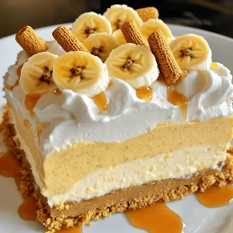 - 1 1/2 cups graham cracker crumbs - 1/4 cup granulated sugar - 1/2 cup unsalted butter, melted - 16 oz cream cheese, softened - 1 cup powdered sugar - 1 tsp vanilla extract - 2 ripe bananas, mashed - 1 cup whipped cream (store-bought or homemade) - 1 cup banana pudding (prepared) For the main ingredients, I love using graham cracker crumbs for the crust. They add a sweet crunch. Cream cheese gives the cheesecake its rich, creamy texture. Ripe bananas bring that lovely flavor we all love. Use granulated sugar and powdered sugar to sweeten and balance the taste. - 1/2 cup mini vanilla wafers (for topping) - Sliced bananas (for garnish) - Whipped cream Toppings make this dessert fun and appealing. Mini vanilla wafers add a nice crunch on top. Sliced bananas look great and taste fresh. Whipped cream adds a light and fluffy finish. - Caramel sauce - Chocolate shavings If you want to elevate your banana pudding cheesecake, try caramel sauce. It adds a rich and sweet touch. Chocolate shavings bring a delightful hint of bitterness that pairs well with the sweet flavors. For more ideas, check the Full Recipe for other tasty options. To start, I mix the graham cracker crumbs, sugar, and melted butter in a bowl. I want it to be well combined. This mixture must press firmly into the bottom of a 9-inch springform pan. Make sure the crust is even and flat. This step creates a solid base for our cheesecake. Next, I beat the softened cream cheese in a large bowl until it is smooth. I gradually add the powdered sugar, mixing until it blends well. Then, I pour in the vanilla extract. This adds flavor to the cheesecake. Finally, I add the mashed bananas and mix on low speed. I want the bananas to blend well without overmixing. Now, it's time to fold in the whipped cream. I use a spatula to gently combine it with the cream cheese mixture. This keeps the filling light and airy. Next, I stir in the prepared banana pudding. I do this carefully, ensuring everything is mixed but still fluffy. I pour the cheesecake filling over the crust in the springform pan. I smooth the top with a spatula to make it even. Now, I cover the pan with plastic wrap. I place it in the fridge for at least 4 hours, or overnight for the best results. After chilling, the cheesecake is ready to serve. For a fun touch, I like to add mini vanilla wafers and sliced bananas on top just before serving. This adds color and taste to the dish. For the full recipe, check out the details above! Using room temperature ingredients is very important. It helps the cream cheese mix smoothly. Cold cream cheese can make lumps. Let your cream cheese sit out for 30 minutes before mixing. This small step makes a big difference. When you fold in whipped cream, do it gently. Use a spatula to scoop from the bottom. This keeps your filling light and airy. Overmixing can cause the filling to become dense. To slice and serve your cheesecake, use a sharp knife. Dip the knife in warm water for clean cuts. Wipe the knife after each slice for neatness. Pair this cheesecake with sweet tea or iced coffee. You can also serve it with a side of fresh fruit. It complements the banana flavor nicely. If your filling is runny, it may not have set long enough. Ensure you chill it for at least four hours. If it still seems soft, try adding more whipped cream next time. For a firm crust, press the graham cracker mixture down well. Use a flat bottom of a glass for even pressure. If it crumbles too easily, melt a bit more butter and mix it in. For more detailed steps, check out the Full Recipe. {{image_2}} You can change the taste of your Banana Pudding Cheesecake easily. Here are two fun ideas: - Chocolate Banana Pudding Cheesecake: Add cocoa powder to your cream cheese mix. You should use about 1/2 cup. This gives a rich, chocolatey twist. Layer it with chocolate pudding for a double treat. - Key Lime Banana Cheesecake: Swap bananas for key lime juice. Use 1/4 cup of juice. This makes a zesty cheesecake. You can top it with whipped cream for a refreshing finish. You can make this cheesecake fit your needs. Here are some options: - Gluten-free alternatives for the crust: Use almond flour or gluten-free graham crackers. Mix with sugar and melted butter like the regular crust. - Vegan options for a dairy-free cheesecake: Use cashew cream instead of cream cheese. Blend soaked cashews with a little lemon juice and maple syrup. This creates a smooth, creamy base. Serving cheesecake can be fun and creative. Here are two ideas: - Mini cheesecake cups: Use small cups or jars. Fill them with the cheesecake mix for individual servings. This is perfect for parties or gatherings. - No-bake variations: If you want to skip baking, just chill the cheesecake in the fridge. It will still set well and taste great without the oven. For the full recipe, check out the [Full Recipe]. Enjoy making these tasty variations! To keep your banana pudding cheesecake fresh, store it properly. - Refrigerating leftovers: Place leftover cheesecake in an airtight container. It stays fresh in the fridge for up to five days. - Freezing for long-term storage: If you want to save it longer, wrap the cheesecake tightly in plastic wrap, then foil. It can last for two months in the freezer. Knowing how long your cheesecake lasts is key to enjoying it. - How long it stays fresh in the fridge: In the fridge, your banana pudding cheesecake is good for about five days. - Signs the cheesecake has gone bad: Look for changes in texture or an off smell. If you see mold, it’s time to toss it. Sometimes, you might want to enjoy it warm or refresh its taste. - Best practices for thawing: When ready to eat frozen cheesecake, move it to the fridge for a day to thaw. - Tips to refresh the cheesecake's texture: If it feels a bit firm after freezing, let it sit at room temperature for 30 minutes before serving. This makes it creamy and soft again. You can find the Full Recipe for the banana pudding cheesecake above! Yes, you can use different bananas. Each type brings unique flavors and textures. For example, Cavendish bananas are sweet and creamy. Plantains, while starchy and less sweet, can add a different twist if cooked. Choose ripe bananas for the best taste and smooth texture in your cheesecake. To make the cheesecake ahead, follow these steps: - Prepare the cheesecake as usual. - After mixing all ingredients, pour the filling into the crust. - Cover it tightly with plastic wrap. - Store it in the fridge for up to three days. This way, you save time and still enjoy a fresh dessert! If you can't use cream cheese, try these substitutes: - Greek yogurt offers a tangy flavor and creamy texture. - Silken tofu can create a smooth, dairy-free option. - Mascarpone cheese provides a rich and sweet alternative. These options work well for those with allergies or dietary needs. This blog post covered how to make a delicious banana pudding cheesecake. We explored the key ingredients, like ripe bananas and cream cheese. You learned step-by-step instructions, from preparing the crust to chilling the cheesecake. I shared tips for perfecting the texture and fun variations for different tastes. With proper storage methods, you can enjoy your cheesecake for days. Experiment with flavors and have fun creating your own version!