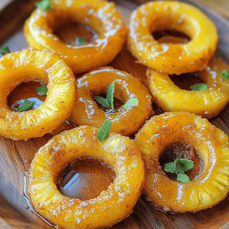 To start, you need one fresh pineapple. Make sure to peel and core it well. Slice it into thick rings, about half an inch thick. This gives you the perfect base for frying. Next, gather your dry ingredients. You will need: - ½ cup all-purpose flour - ½ cup cornstarch - 1 teaspoon baking powder - ½ teaspoon cinnamon - ¼ teaspoon salt These dry ingredients help create a light and crispy coating on the pineapple. Now, let's focus on the wet ingredients. You will need: - 1 egg - ½ cup sparkling water Beat the egg in a bowl and mix in the sparkling water. This combination helps make the batter airy and bubbly, which is key for frying. You can find the complete recipe and instructions in the Full Recipe section. Start by peeling the fresh pineapple. Cut it into thick rings, about ½ inch wide. Make sure to remove the core from each ring. You can use a small round cutter or a knife for this. This step is key. You want nice, juicy rings that will fry well. In a medium bowl, mix the dry ingredients. Combine ½ cup of flour, ½ cup of cornstarch, 1 teaspoon of baking powder, ½ teaspoon of cinnamon, and ¼ teaspoon of salt. In another bowl, beat 1 egg and add ½ cup of sparkling water. Mix until smooth. Gradually add the dry mix to the wet mix. Stir gently until you have a thick batter. This batter should coat the pineapple rings nicely. Heat about 1 inch of oil in a large skillet over medium heat. To check if the oil is ready, drop a bit of batter into it. If it sizzles, you’re good to go. Dip each pineapple ring into the batter. Ensure it’s fully coated. Carefully place the rings in the hot oil. Fry them in batches so they aren’t crowded. Cook for about 2-3 minutes on each side. You want them golden brown and crispy. Use a slotted spoon to take them out and place them on a plate lined with paper towels. This helps soak up extra oil. Repeat with the rest of the rings. Serve your fried pineapple warm. You can drizzle honey or maple syrup on top for extra sweetness. Garnish with chopped mint if you want a fresh touch. For the full recipe, check out the earlier section! To get that perfect crunch, make your batter thick. A thick batter clings well to the pineapple. Here’s a tip: let the batter rest for a few minutes. This helps it become even fluffier. You can also dust the pineapple rings with flour before dipping them in the batter. This extra step helps the batter stick better. Fry them in small batches to keep the oil hot. If the oil cools down, the rings will be soggy, not crispy. The right oil matters for frying. I recommend vegetable oil or coconut oil. Both oils have high smoke points, which means they can handle heat well. This helps your pineapple rings fry evenly. Avoid oils like olive oil, as they burn easily at high temperatures. Make sure to add enough oil to cover at least half of the ring. This way, each ring fries evenly on both sides. Fried pineapple rings taste great on their own. But you can make them even better! Drizzle honey or maple syrup on top for extra sweetness. A sprinkle of chopped mint adds a fresh touch. You can pair them with ice cream for a fun dessert. Serve them as a snack or a side dish at a barbecue. The options are endless! Try these ideas, and feel free to get creative. {{image_2}} You can spice up your fried pineapple rings with a coconut twist. To do this, add shredded coconut to the batter. Use about ½ cup of unsweetened shredded coconut. This gives a lovely tropical taste. The coconut adds a crunchy texture that pairs well with the sweet pineapple. Fry the rings as usual, and enjoy a new flavor. Want to add more fruit? Try this fruity twist! Before frying, toss the pineapple rings with a mix of diced strawberries and blueberries. This adds color and freshness. The berries will soften slightly during frying but keep some of their shape. Serve this fruity delight with a drizzle of honey or a scoop of vanilla ice cream for a treat everyone will love. If you need a gluten-free fried pineapple, don’t worry! You can swap the all-purpose flour with a gluten-free flour blend. Both almond flour and rice flour work well. Follow the same steps in the recipe. The texture may change a bit, but the taste will be just as amazing. Enjoy your crispy rings without worry! For more details, check the Full Recipe. After frying, let the pineapple rings cool. Place them in an airtight container. Store in the fridge for up to three days. This keeps them fresh and tasty for later. If you have extra batter, you can store it too for one day in the fridge. To reheat, use a skillet over medium heat. Add a little oil to the pan. Heat the rings for about two minutes on each side. This will bring back their crispiness. You can also use an air fryer. Set the air fryer to 350°F and heat for about five minutes. You can freeze these fried treats for later. After they cool, lay them on a baking sheet. Place the sheet in the freezer for one hour. Once frozen, transfer the rings to a freezer bag. They can stay fresh for up to two months. To enjoy, thaw in the fridge overnight before reheating. To make Fried Pineapple Rings, you start with fresh pineapple. Cut it into thick rings, about half an inch. Remove the core from each ring. Next, mix your dry ingredients in one bowl. Whisk flour, cornstarch, baking powder, cinnamon, and salt together. In another bowl, beat an egg and add sparkling water. Combine both mixtures to form a smooth batter. Heat oil in a skillet until it sizzles. Dip each pineapple ring in the batter, then fry them for 2-3 minutes on each side. Once golden and crispy, drain on paper towels. Serve warm with honey or syrup. Check out the Full Recipe for a detailed guide. Fried Pineapple Rings can be a fun treat. They do have some health benefits. Pineapple is rich in vitamins and minerals. It has bromelain, which helps digestion. However, frying adds calories and fat. If you want a healthier option, try baking or grilling the rings instead. This way, you get the sweet burst of pineapple with less oil. Enjoying them in moderation makes them a tasty treat without too much guilt. The best toppings for Fried Pineapple Rings can vary. Honey or maple syrup adds a sweet touch. A sprinkle of powdered sugar can make them look fancy. For a fresh twist, add chopped mint leaves. You can also serve them with whipped cream or ice cream for dessert. Try a scoop of coconut ice cream for a tropical vibe. Each topping can change the flavor, making each bite delightful and special. Fried pineapple rings are easy to make and fun to eat. We covered the key ingredients, from fresh pineapple to dry and wet items. I shared step-by-step instructions, plus tips for crispiness and the best oil. You can even try tasty variations like spiced coconut or gluten-free options. In the end, enjoy your homemade fried pineapple. It’s a delightful treat that can wow friends and family. Get creative with toppings and flavors. Your kitchen will soon be filled with sweet, delicious smells!