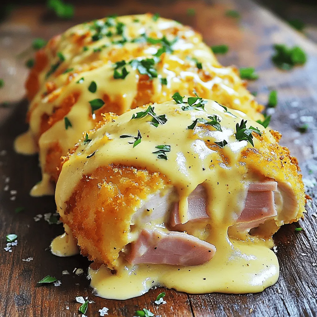 This Creamy Chicken Cordon Bleu brings a twist to a classic dish. You’ll love how easy it is to make. The recipe uses simple ingredients to create a rich and tasty meal. It serves four and takes about an hour to prepare and cook. - 4 boneless, skinless chicken breasts - 4 slices of ham (preferably smoked or honey-glazed) - 4 slices of Swiss cheese - 1 cup all-purpose flour - 2 large eggs, beaten - 1 cup breadcrumbs (preferably panko for extra crunch) - 1 tablespoon Dijon mustard - 1/2 teaspoon garlic powder - 1/2 teaspoon dried thyme - Salt and pepper to taste - 2 tablespoons olive oil - 1 cup heavy cream - 1/2 cup grated Parmesan cheese - 1 tablespoon fresh parsley, chopped (for garnish) These ingredients work together to create flavor and texture. The chicken is juicy, the ham adds saltiness, and the cheese brings creaminess. You can change this recipe to suit your taste. Here are some ideas: - Use different types of cheese like cheddar or mozzarella. - Swap the ham for turkey or prosciutto. - Add spinach or mushrooms for extra flavor. - Use whole wheat breadcrumbs for a healthier option. These swaps can give your dish a new twist while keeping it delicious. For the complete recipe, check out the full recipe link. To start, gather all your ingredients. You will need: - 4 boneless, skinless chicken breasts - 4 slices of ham - 4 slices of Swiss cheese - 1 cup all-purpose flour - 2 large eggs, beaten - 1 cup breadcrumbs - 1 tablespoon Dijon mustard - 1/2 teaspoon garlic powder - 1/2 teaspoon dried thyme - Salt and pepper to taste - 2 tablespoons olive oil - 1 cup heavy cream - 1/2 cup grated Parmesan cheese - 1 tablespoon fresh parsley, chopped Next, preheat your oven to 375°F (190°C). This ensures everything will cook evenly. Take the chicken breasts and place them between two sheets of plastic wrap. Use a meat mallet to pound them to about 1/2 inch thick. This step helps the chicken cook evenly and stay juicy. Now, season both sides of the chicken with salt, pepper, garlic powder, and dried thyme. Lay a slice of ham and a slice of Swiss cheese on each chicken breast. Fold the chicken over to enclose the filling. If needed, secure the edges with toothpicks. Set up a breading station. Use three shallow bowls: one for flour, one for beaten eggs, and one for breadcrumbs mixed with Dijon mustard. Start with the flour. Dredge each stuffed chicken breast in flour, shaking off the excess. Next, dip it into the egg mixture, then coat it well with breadcrumbs. Heat olive oil in a large oven-safe skillet over medium-high heat. Once the oil is hot, add the breaded chicken breasts. Cook for about 4-5 minutes on each side, or until they are golden brown. This gives a nice crunch and color to the chicken. Transfer the skillet to your preheated oven. Bake for 25-30 minutes or until the chicken is fully cooked. You want an internal temperature of 165°F (74°C). While the chicken bakes, let’s make the creamy sauce. In a small saucepan, combine heavy cream and grated Parmesan cheese over low heat. Stir this mixture until it becomes smooth and creamy. Add salt and pepper to taste. When the chicken is done, remove it from the oven. Drizzle the creamy cheese sauce over the top. Garnish with fresh chopped parsley for a pop of color. This dish is now ready to impress! For the complete recipe, refer to the Full Recipe section. Breading chicken can seem tricky, but it's easy with a few tips. First, make sure your chicken is dry. Use paper towels to pat it dry. This helps the breading stick well. Next, set up your breading station in order. Start with flour, then eggs, and finally breadcrumbs. I like to use panko breadcrumbs. They give a nice crunch. When you coat the chicken, do it in this order: - Dredge in flour, shaking off the extra. - Dip in beaten eggs, making sure it’s covered. - Roll in breadcrumbs, pressing lightly. This method ensures a great coat. For extra flavor, mix some garlic powder or herbs into the breadcrumbs. Cooking chicken well is key for safety. Always check the internal temperature. It should reach 165°F (74°C). Use a meat thermometer for best results. Insert it into the thickest part, avoiding bone. If you don’t have a thermometer, you can cut into the chicken. The meat should be white and juices should run clear. If it’s pink, keep cooking. Getting the sauce just right can elevate your dish. Start by heating heavy cream on low heat. Stir it constantly to prevent burning. After a few minutes, add the Parmesan cheese. Mix until it melts smoothly. If the sauce is too thick, add a bit more cream. If it’s too thin, let it simmer longer. Season the sauce with salt and pepper to taste. This will enhance the flavor. For a richer taste, consider adding some fresh herbs like parsley or thyme. They add a nice touch and freshness to the dish. For the full recipe, check the details above. {{image_2}} You can swap chicken for other meats. Try turkey for a lighter dish. Pork works well too. Use thin slices of cooked ham for a tasty twist. If you like beef, consider using thin beef cutlets. Each meat gives a unique flavor to the dish. You can make a vegetarian Cordon Bleu. Replace chicken with eggplant or zucchini. Slice the veggies thin, then bread and fry them. You can also use tofu for a protein boost. Stuff the tofu with spinach and cheese for a filling meal. This way, you make a delicious dish without meat. Boost the flavor with herbs and spices. Add fresh basil or oregano for a garden touch. For a spicy kick, use crushed red pepper flakes. Try different cheeses like gouda or cheddar for new tastes. You can mix cheeses for a creamy texture. Each choice adds a unique flair to your meal. Explore these variations to find your favorite twist. For the complete recipe, check out the Full Recipe above. To keep your leftover Chicken Cordon Bleu fresh, place it in an airtight container. Make sure the chicken cools to room temperature. This step helps prevent moisture buildup. Store it in the fridge for up to three days. If you want to enjoy it later, consider freezing it. When you're ready to eat your leftovers, preheat your oven to 350°F (175°C). Place the chicken on a baking tray. Cover it with foil to keep it moist. Heat for about 20 minutes. Check that the center is hot before serving. You can also reheat it in the microwave. Just use a microwave-safe dish and cover it. Heat in short bursts to avoid drying it out. If you want to freeze Chicken Cordon Bleu, wrap each piece tightly in plastic wrap. Then, place them in a freezer bag. Label the bag with the date to track freshness. You can freeze it for up to three months. To thaw, move the chicken to the fridge overnight. This method ensures even thawing and keeps the texture nice. Yes, you can use different cheeses. Try cheddar, gouda, or mozzarella. Each cheese adds its own flavor. I recommend using a mix for more taste. For a sharper bite, use aged cheeses. For a creamier texture, go with fresh cheeses. Just make sure the cheese melts well. This way, you get that gooey, delicious effect. Many side dishes complement this dish well. Here are some great options: - Garlic mashed potatoes - Steamed green beans - Roasted asparagus - Creamy coleslaw - Buttered corn - Fresh garden salad These sides balance the rich flavors of the chicken. You can also serve some crusty bread to soak up the creamy sauce. Mix and match to find your favorite combo! To make this dish gluten-free, swap regular flour with a gluten-free blend. Use gluten-free breadcrumbs instead of regular ones. Many brands offer tasty gluten-free options. Check labels to ensure no hidden gluten. Follow the same cooking steps, and you’ll have a delicious gluten-free meal! Enjoy this version just like the original. For the full recipe, check out the earlier sections. This blog post covered how to make a tasty Chicken Cordon Bleu. We explored key ingredients and offered ways to customize your dish. You learned the steps to prepare and cook it, plus how to create a creamy sauce. I shared tips for perfecting breading and cooking chicken. We also discussed variations and storage methods. In conclusion, with a bit of creativity and careful cooking, you can enjoy this classic meal your way. Enjoy your Chicken Cordon Bleu journey!