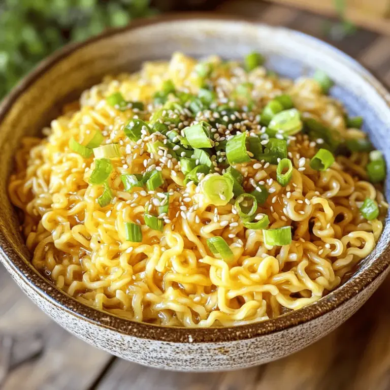 To make this dish, you need these key items: - 2 packs of instant ramen noodles - 4 tablespoons unsalted butter - 4 cloves garlic, minced - 1 tablespoon soy sauce - 1 teaspoon sesame oil - Salt and pepper to taste These ingredients create a rich, tasty meal in just ten minutes. The instant ramen noodles cook fast, and the garlic adds a nice touch. If you want to kick it up a notch, try adding: - 1/2 teaspoon red pepper flakes (optional) - 2 green onions, finely sliced - 1 tablespoon sesame seeds for garnish These extras can give your ramen a bit of heat and crunch. Green onions also add a fresh taste. You will need some simple tools for this recipe: - A large pot for boiling water - A large skillet for cooking - A wooden spoon or spatula for stirring - A knife and cutting board for the garlic and green onions Using the right tools makes cooking easier and more fun. For the full recipe, check out the instructions provided. Start by boiling a pot of water. You need enough water to cover the noodles. Once the water boils, add the ramen noodles. Cook them for about 3 to 4 minutes, following the package instructions. Stir the noodles gently to prevent them from sticking. When they are tender, drain the noodles and set them aside in a bowl. Next, take a large skillet and melt 4 tablespoons of unsalted butter over medium heat. The butter should be bubbly but not browned. Add 4 cloves of minced garlic to the skillet. Stir the garlic for 1 to 2 minutes until it smells great. Be careful not to let it burn; burnt garlic tastes bitter. After that, add 1 tablespoon of soy sauce, 1 teaspoon of sesame oil, and 1/2 teaspoon of red pepper flakes if you want some heat. Now, it's time to bring everything together. Add the drained ramen noodles to the skillet. Toss the noodles in the garlic butter sauce until they are well-coated. Season with salt and pepper to taste. Once mixed, remove the skillet from the heat. Fold in 2 finely sliced green onions for a fresh touch. Serve the garlic butter ramen in bowls and sprinkle 1 tablespoon of sesame seeds on top for extra crunch. Enjoy your meal! For the complete recipe, check out the Full Recipe. To make your garlic butter ramen truly shine, use fresh garlic. Fresh garlic gives a strong taste. Mince it finely for even flavor. Use unsalted butter for control over saltiness. Blend in soy sauce and sesame oil for depth. Red pepper flakes add heat, so adjust to your taste. Start with boiling water. Cook the ramen as per the package. Usually, this takes about 3-4 minutes. Drain the noodles well to avoid extra water. This keeps your dish from getting soggy. Toss them quickly in the garlic butter sauce for even coating. Serve your ramen in bowls for a cozy feel. Top with sliced green onions for color and crunch. Sprinkle sesame seeds on top for a lovely finish. You can also add a soft-boiled egg for richness. If you like, serve with a side of pickled veggies for extra flavor. For the full recipe, check the details above. {{image_2}} You can easily add proteins to garlic butter ramen noodles. Chicken, shrimp, or tofu works great. Cook your protein separately, then mix it into the noodles. For chicken, use bite-sized pieces. Sauté them in the skillet until they are cooked through. For shrimp, add them until they turn pink. If you prefer tofu, use firm tofu and sauté it until golden. This adds flavor and makes your meal more filling. To make garlic butter ramen vegetarian or vegan, swap the butter for olive oil or vegan butter. You can also use a plant-based soy sauce. This keeps the rich flavor while meeting dietary needs. Add vegetables like bell peppers or broccoli for extra nutrients. You can steam or sauté them before adding them to the noodles. These changes make a delicious meal for everyone. If you love spice, add more red pepper flakes or a splash of sriracha. You can also mix in some chili oil for a deeper heat. To enhance the flavor, consider using miso paste or hoisin sauce. These ingredients add a unique twist to your dish. You can adjust the spice to fit your taste. Experimenting with these options will keep your ramen exciting. For the full recipe, refer to the instructions above and enjoy your meal! To keep your garlic butter ramen fresh, place it in an airtight container. Make sure it cools down first. This helps to stop moisture from building up. Store it in the fridge for up to three days. If you want to eat it later, avoid adding the green onions until you reheat it. When you’re ready to enjoy your ramen again, you can reheat it easily. Place the ramen in a skillet over medium heat. Add a splash of water or a little extra butter to keep it moist. Stir it often for even heating. You can also reheat it in the microwave. Put it in a bowl, cover it, and heat for one to two minutes. Stir halfway through. Uncooked ingredients have a long shelf life when stored right. Instant ramen noodles can last for months in the pantry. Keep them in a cool, dry place. Butter should be stored in the fridge and can last for about one month. Garlic, when fresh, can stay good for several weeks if kept in a dark and dry spot. Always check for signs of spoilage before using any ingredients. It takes just 10 minutes to make garlic butter ramen noodles. You will spend about 2 minutes prepping and 8 minutes cooking. This quick recipe is perfect for busy days or late-night cravings. Yes, you can use different types of noodles. While instant ramen is easy, you can try udon or soba noodles. Cook them according to the package instructions. Just keep an eye on the cooking time to avoid overcooking. If you don't have unsalted butter, you can use ghee or olive oil. Both will add rich flavor to your dish. You can also use vegan butter for a plant-based option. Each will give a different taste but will still create a delicious garlic butter flavor. Garlic butter ramen noodles are simple and tasty. We covered key ingredients, cooking steps, and handy tips. You can add proteins or make it spicy, too. Remember to store leftovers properly for the best taste later. Try different noodles if you want a change. Enjoy making this dish your own! You’ll find it quick and fun to cook.