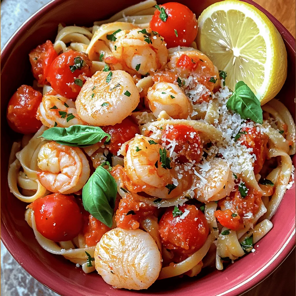 To make Spicy Scallop and Shrimp Linguine, gather these fresh ingredients: - 200g linguine pasta - 250g large shrimp, peeled and deveined - 250g sea scallops, cleaned - 2 tablespoons olive oil - 3 cloves garlic, minced - 1 small red chili, finely chopped (or 1 teaspoon red pepper flakes for heat) - 1 cup cherry tomatoes, halved - 1 tablespoon tomato paste - 1/2 cup vegetable broth - 1 lemon, zested and juiced - 1/4 cup fresh basil, chopped - Salt and pepper to taste - Grated Parmesan cheese, for serving (optional) For the best results, prepare each ingredient with care. - Linguine: Cook it just until al dente. This keeps the texture firm. - Shrimp: Make sure they are peeled and deveined. This saves time and enhances flavor. - Scallops: Rinse them well. This removes any grit or sand. - Garlic: Mince it finely. This helps release its strong flavor. - Chili: Adjust the heat by using more or less chili. Go for red pepper flakes for a quick fix. - Tomatoes: Halve them for sweetness. They add a fresh burst to the dish. - Lemon: Zest it before juicing. The zest adds strong citrus notes. You can easily adapt this dish to fit different diets. - Gluten-Free: Use gluten-free linguine or any gluten-free pasta. - Seafood Allergy: Swap seafood for grilled chicken or tofu for a tasty twist. - Vegan: Omit seafood and use vegetable broth. Add more veggies like bell peppers or zucchini. - Low-Carb: Try zucchini noodles instead of pasta for a lighter meal. By using these tips and substitutions, you can enjoy a delicious and bold flavor dish with ease. For the full recipe, check out the detailed instructions. To make Spicy Scallop and Shrimp Linguine, follow these steps closely. First, cook the linguine in a large pot of salted boiling water. Check the package for timing, usually about 8-10 minutes. Drain it when it’s al dente, but keep 1/2 cup of the pasta water. This water helps the sauce stick later. Next, heat two tablespoons of olive oil in a large skillet over medium heat. Once the oil shimmers, add three cloves of minced garlic and one small chopped red chili. Sauté them for about one minute. You want the garlic fragrant, not browned. Now, it’s time to add the seafood. Toss in 250 grams of shrimp and 250 grams of scallops. Cook them for 2-3 minutes, stirring gently. You will see them turn opaque. This means they are cooking well. After the seafood, add in one cup of halved cherry tomatoes and one tablespoon of tomato paste. Stir these for another 2-3 minutes. The tomatoes should soften and mix well with the seafood. Pour in 1/2 cup of vegetable broth and the reserved pasta water. Let this mixture simmer for 4-5 minutes. The goal is to let the flavors blend and thicken. Finally, add the cooked linguine to the skillet. Toss everything together gently. Drizzle with lemon juice and zest, then season it with salt and pepper. Just before serving, mix in 1/4 cup of chopped fresh basil. - Cooking linguine: 8-10 minutes - Sautéing garlic and chili: 1 minute - Cooking seafood: 2-3 minutes - Adding tomatoes and paste: 2-3 minutes - Simmering the sauce: 4-5 minutes - Mixing in linguine and basil: 2 minutes Total cooking time is about 25 minutes. To cook shrimp and scallops just right, pay attention to the color. Cook shrimp until they become pink and firm. Scallops should be golden on the outside and opaque inside. Avoid crowding the pan, as this can lead to steaming instead of searing. If you have a lot of seafood, cook in batches. This way, you keep them juicy and delicious. Using fresh seafood helps a lot too. Fresh means more flavor. Check your local market for the best quality. One big mistake is overcooking seafood. Shrimp and scallops cook fast. Aim for 2-3 minutes until they are just opaque. Another mistake is not salting your pasta water. This step boosts the flavor of the pasta. Lastly, don’t skip the lemon juice. It brightens the dish and enhances the flavors. To amplify the flavor, think about adding fresh herbs. Fresh basil really pops in this dish. You might also try a pinch of red pepper flakes for extra kick. Consider using a splash of white wine to deglaze the pan after cooking the seafood. This adds depth and richness to your sauce. Pair your Spicy Scallop and Shrimp Linguine with a crisp white wine. A Sauvignon Blanc works well, as its acidity balances the spice. For sides, a simple green salad or garlic bread fits perfectly. These complement the pasta without stealing the spotlight. You can find the full recipe to guide you in making this delightful dish. {{image_2}} You can switch the shrimp and scallops for other proteins. Try using chicken breast or firm white fish like cod. Both options cook well and add their own flavor. If you prefer a heartier dish, consider using mussels or clams. They add a nice briny taste and pair well with linguine. For a vegetarian dish, skip the seafood. Use mushrooms instead, like shiitake or portobello. They mimic the texture and add umami. To make it vegan, replace the shrimp and scallops with tofu or chickpeas. Use vegetable broth in the sauce. Keep the garlic, chili, and fresh herbs for great flavor. If you want more heat, add more chili or use spicy sausage. Chipotle peppers in adobo sauce can give a smoky kick. To enhance the flavor, consider adding capers or olives. These will bring a briny taste that works well with the dish. You can also add a splash of white wine for depth. For the full recipe, check the earlier section! To keep your Spicy Scallop and Shrimp Linguine fresh, store it in an airtight container. Let the dish cool to room temperature before sealing it. Place it in the fridge for up to three days. This way, you maintain its flavors and textures well. When reheating, use a skillet rather than a microwave. Add a splash of water or broth to keep the dish moist. Heat it over medium-low heat, stirring gently. This ensures the seafood doesn’t overcook and become rubbery. Aim for just enough heat to warm through. You can freeze the linguine, but it’s best to store the seafood separately. Place the cooled pasta in a freezer-safe bag, and remove as much air as possible. For the seafood, use a separate container. Freeze for up to one month. Thaw in the fridge overnight before reheating. This method helps maintain the quality of both components. For the complete recipe, visit the Full Recipe link. To make Spicy Scallop and Shrimp Linguine gluten-free, swap out the linguine pasta. Use gluten-free pasta made from rice or corn. You can find many options in stores. Just cook it according to the package instructions. The rest of the ingredients in the recipe are naturally gluten-free. This way, you still enjoy the bold flavors without the gluten. To avoid overcooking the seafood, keep a close eye on it while it cooks. Shrimp and scallops cook fast. Cook them for only 2-3 minutes until they turn opaque. Use medium heat to control the cooking process. If you see them curling up, they are done. Remove them from heat right away to keep them tender and juicy. Yes, you can make this dish ahead of time, but keep a few things in mind. Cook the seafood and pasta separately, then combine them before serving. Store each part in an airtight container in the fridge. When ready to eat, reheat them gently together on low heat. This method helps keep the flavors fresh and the seafood tender. For best results, enjoy your Spicy Scallop and Shrimp Linguine fresh! For the full recipe, check out the detailed cooking instructions above. This blog post covered key elements for making Spicy Scallop and Shrimp Linguine. You learned about ingredients, from preparation tips to substitutions for dietary needs. Step-by-step cooking instructions helped clarify timing and techniques for perfect seafood. I shared tips to enhance flavors and avoid common mistakes. You also found variations to suit different tastes. Lastly, I gave storage advice for leftovers and how to reheat them well. Use these insights to create a dish that impresses every time. Enjoy cooking and sharing this meal with others!