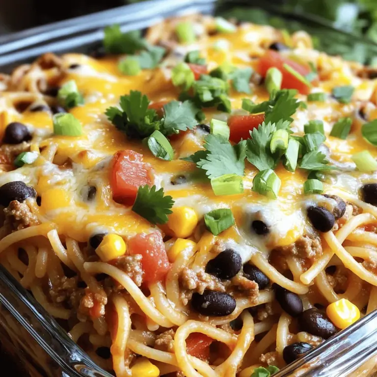 To make this dish, you need simple, tasty ingredients. Here’s what you’ll need: - 8 ounces spaghetti - 1 pound ground beef (or turkey) - 1 packet taco seasoning - 1 can (15 ounces) black beans, drained and rinsed - 1 cup corn (frozen or canned) - 1 can (10 ounces) diced tomatoes with green chiles - 2 cups shredded cheese (cheddar and Monterey Jack mix works well) - 1 cup salsa - 1/2 cup chopped green onions - Fresh cilantro for garnish (optional) - Salt and pepper to taste These ingredients come together to create a flavorful meal that everyone will love. The blend of spices from the taco seasoning adds a great kick. Feel free to choose ground turkey for a leaner option. Garnishes can take your casserole to the next level. Here are some ideas: - Sliced jalapeños for heat - Sour cream for creaminess - Avocado slices for freshness - Crushed tortilla chips for crunch These toppings add fun and flavor to each bite. Think about what your family enjoys most. You can mix and match these garnishes for a unique twist each time. Having the right tools makes cooking easier and more fun. Here’s what I recommend: - Large pot for boiling spaghetti - Large skillet for cooking meat - Mixing bowl for combining ingredients - 9x13 inch casserole dish for baking - Aluminum foil to cover the dish Using these tools will help you prepare Taco Spaghetti Casserole smoothly. They ensure you can cook each step without any hassle. For the full recipe, check the details above. To start, gather all your ingredients. This makes cooking easier and faster. Cook the spaghetti first. Boil water in a large pot. Add salt to the water for flavor. Cook the spaghetti until it is just firm, or al dente. This usually takes about 8 to 10 minutes. Once cooked, drain the spaghetti and set it aside. While the pasta cools, prepare your meat. I like using ground beef, but turkey is great too. If you want a lighter meal, go for turkey. Next, heat a large skillet over medium heat. Add the ground beef or turkey. Cook it until it turns brown. Use a spatula to break it into small pieces. Drain any extra fat from the meat. After that, sprinkle in the taco seasoning. This adds a great flavor. Now, it’s time to mix in the veggies. Add the black beans, corn, and diced tomatoes. Don’t forget the salsa; it adds a nice kick! Stir everything together and let it simmer for about 5 minutes. Add salt and pepper to taste. Grab a big mixing bowl. Combine the cooked spaghetti with the meat mixture. Stir well until everything is mixed. Now, get your greased 9x13 inch casserole dish. Pour half of the spaghetti mixture into the dish. Sprinkle half of the cheese on top. Then, layer the rest of the spaghetti mixture over it. Finish by adding the remaining cheese on top. Cover the dish with aluminum foil. Bake it in your preheated oven at 375°F (190°C) for 20 minutes. After that, remove the foil and bake for another 10 to 15 minutes. This helps the cheese get bubbly and golden. Once done, let it cool for a few minutes. Top it off with green onions and cilantro if you like. For the full recipe, check out the instructions above. Enjoy your meal! To get great spaghetti, always cook it al dente. This means it should be firm but not hard. Check the package for cooking time, but start tasting a minute early. Drain it well to keep it from getting mushy later. Rinse it briefly under cold water if you are not using it right away. You can boost flavors in your Taco Spaghetti Casserole. Try adding fresh lime juice or zest for a bright touch. A pinch of cayenne pepper can add a nice kick. Mixing in chopped bell peppers or jalapeños will add color and taste. You can also swap in different cheese types, like pepper jack for heat or a smoky cheese for depth. Avoid overcooking the spaghetti; it will turn mushy. Do not skip draining the meat; excess fat can make the dish greasy. Make sure to season your meat mixture well. Taste it before combining with the spaghetti. Lastly, don’t forget to cover the casserole with foil while baking. This helps it cook evenly and keeps it moist. For the full recipe, check out the details above. {{image_2}} You can easily make a vegetarian version of this dish. Use lentils or quinoa instead of meat. Both add great texture and protein. Add more veggies like bell peppers, zucchini, or mushrooms. Just make sure to season well. The taco seasoning brings all the flavors together. This option is tasty and filling, perfect for meat-free nights. To make this casserole gluten-free, swap regular spaghetti for gluten-free pasta. There are many good options available now. Always check the labels to ensure they are certified gluten-free. You can also use zucchini noodles for a low-carb option. The flavors will still shine through with the right seasoning and toppings. You can customize this dish with different proteins. Ground chicken or turkey works well if you want something lighter. For a richer taste, try chorizo. Just remember, each protein will change the flavor slightly. You can also use plant-based meat substitutes for a healthier twist. This flexibility lets you enjoy Taco Spaghetti Casserole any night of the week! For the full recipe, check out the section on ingredients and instructions. After you enjoy your Taco Spaghetti Casserole, store leftovers in an airtight container. Make sure to let it cool to room temperature first. I like to divide it into smaller portions for easy meals later. Leftovers can last in the fridge for 3 to 4 days. When you're ready to eat the leftovers, preheat your oven to 350°F (175°C). Place the casserole in an oven-safe dish. Cover it with foil to keep moisture in. Bake for about 20 minutes or until heated through. You can also use the microwave. Heat individual portions for 1 to 2 minutes or until hot. If you want to keep it longer, you can freeze Taco Spaghetti Casserole. First, let it cool completely. Then, wrap it tightly in plastic wrap and aluminum foil. Label it with the date. It can last in the freezer for up to 3 months. To reheat, thaw it overnight in the fridge before baking it at 350°F (175°C) until hot. This dish stays tasty and easy to enjoy later! For the full recipe, check out the complete instructions above. Yes, you can prepare Taco Spaghetti Casserole ahead of time. This dish is great for meal prep. You can cook the meat and mix it with the spaghetti the night before. Then, store it in the fridge. When you're ready to bake, just layer it in a dish and pop it in the oven. This makes dinner easy on busy nights. To keep the spaghetti firm, cook it al dente. This means it should be slightly firm when you bite into it. Drain it well and do not rinse it. Adding the sauce while the spaghetti is still warm helps keep the texture right. Mixing the dish right before baking also helps prevent sogginess. Taco Spaghetti Casserole pairs well with many sides. Here are some ideas: - A fresh green salad adds crunch. - Cornbread complements the flavors. - Sliced avocado brings creaminess. - Tortilla chips add a fun crunch. - Sour cream or guacamole can be tasty dips. If you want the full recipe, check out the [Full Recipe]. Taco Spaghetti Casserole is easy and fun to make. We covered ingredients, preparation, and great tips. You learned about storing leftovers and variations. Remember, you can mix flavors and adapt it to your needs. Don’t forget to avoid common mistakes for the best results. Now, enjoy your delicious meal and share it with friends. Cooking can bring joy, so explore new flavors and ideas. Happy cooking!