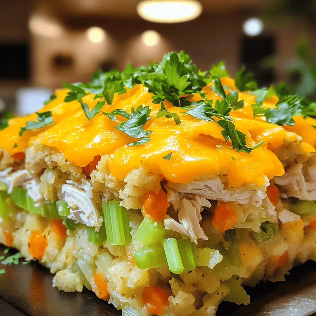 To make Dolly’s Chicken Stuffing Casserole, you'll need: - 2 cups cooked chicken, shredded - 1 cup celery, chopped - 1 cup onion, finely chopped - 1 cup cooked carrots, diced - 4 cups herb-seasoned stuffing mix - 2 cups chicken broth - 1 cup sour cream - 1 cup grated cheddar cheese - 1 teaspoon garlic powder - 1 teaspoon onion powder - Salt and pepper to taste - Fresh parsley for garnish This mix of ingredients creates a dish that is both hearty and flavorful. Each item adds a unique taste and texture to the casserole. Using fresh ingredients can enhance the taste of your casserole. Fresh chicken and vegetables provide better texture and flavor. However, frozen ingredients are great for quick meals. They are often just as nutritious. If you choose frozen chicken, make sure it is fully cooked. Frozen veggies can be used but should be thawed first. This prevents excess moisture in the dish. I recommend using high-quality brands for the best outcome. - Chicken: Use rotisserie chicken for ease or organic chicken for taste. - Stuffing Mix: Try Pepperidge Farm or Stovetop for reliable flavor. - Cheese: Look for sharp cheddar from Cabot or Tillamook for extra richness. - Broth: Swanson is a trusted brand for chicken broth. These brands help ensure your casserole turns out both tasty and satisfying. Always read labels for any allergens or additives. Start by gathering your ingredients. You need 2 cups of cooked chicken. Shred it with two forks. Chop 1 cup of celery and 1 cup of onion. Dice 1 cup of cooked carrots. Measure 4 cups of herb-seasoned stuffing mix, 2 cups of chicken broth, and 1 cup of sour cream. Finally, grab 1 cup of grated cheddar cheese, garlic powder, onion powder, salt, and pepper. In a large bowl, mix the shredded chicken, chopped celery, onion, and diced carrots. Stir until well blended. In another bowl, whisk together the chicken broth, sour cream, garlic powder, onion powder, salt, and pepper. Pour this creamy mix over the chicken mixture. Add the stuffing mix and stir until all ingredients are coated. Grease a 9x13 inch baking dish. Spread the chicken stuffing mixture evenly in the dish. Sprinkle the grated cheddar cheese on top. Cover the dish with aluminum foil and bake at 350°F for 25 minutes. After that, remove the foil and bake for another 15-20 minutes. You want the cheese to bubble and turn golden brown. Let the casserole cool for a few minutes before serving. Garnish with fresh parsley for a nice touch. For the full recipe, check out the complete instructions. For Dolly’s Chicken Stuffing Casserole, use cooked chicken. You can use any leftover chicken. Rotisserie chicken works great too. Shred the chicken into small pieces. This helps it mix well with other ingredients. If you cook your own chicken, season it with salt and pepper. This adds flavor to the dish. Let the chicken cool before shredding. This makes it easier to handle. To get that gooey cheese melt, use fresh cheese whenever possible. Grate your cheddar cheese yourself. Pre-shredded cheese has anti-caking agents that can affect melting. Spread the cheese evenly over the top of your casserole. Cover the dish with foil while baking. This keeps moisture in and helps the cheese melt. Remove the foil for the last part of baking. This browns the cheese and gives a nice crust. Adding herbs and spices makes your casserole shine. Use fresh parsley as a garnish. It adds color and a fresh taste. You can also add thyme or rosemary for warmth. Consider using Italian seasoning for a twist. A pinch of paprika can add depth. Don’t forget to taste your dish as you mix. This way, you can adjust the seasoning to your liking. For the full recipe, check back to ensure you have all the steps down. {{image_2}} You can easily make a vegetarian version of Dolly’s Chicken Stuffing Casserole. Instead of chicken, use 2 cups of cooked mushrooms or a mix of your favorite veggies. You can try zucchini, bell peppers, or even spinach for added greens. Substitute chicken broth with vegetable broth. This keeps the dish flavorful and hearty without meat. Want to mix it up? You can replace the chicken with turkey or even ham. Just make sure to keep the meat cooked and shredded. If you use turkey, it’s great for using up leftovers after the holidays. For a fun twist, try cooked sausage for a rich flavor. Just remember to adjust the seasonings to suit the protein you choose. Seasonal ingredients can bring fresh flavors to your casserole. In spring, add peas or asparagus for a pop of color. Summer calls for fresh zucchini or corn. In fall, consider using diced butternut squash or sweet potatoes. Winter is perfect for hearty greens like kale or collard greens. These changes not only add color but also enhance taste and nutrition. For the full recipe, check it out and make it your own! After enjoying Dolly’s Chicken Stuffing Casserole, store leftovers in a sealed container. Let the casserole cool down to room temperature first. Then, place it in the fridge. It will stay fresh for about 3 to 4 days. If you want to keep it longer, consider freezing it. To reheat your casserole, take it out of the fridge. Preheat your oven to 350°F (175°C). Cover the casserole with foil to keep it from drying out. Heat it for about 20-25 minutes. Check that it is hot all the way through before serving. You can also use the microwave for quick reheating. Heat in short intervals, stirring in between. Freezing is a great way to save Dolly’s Chicken Stuffing Casserole for later. Cut the casserole into portions before freezing. Wrap each portion tightly in plastic wrap, then place them in a freezer bag. Make sure to label the bag with the date. It can last for about 2-3 months in the freezer. When you’re ready to eat, thaw it in the fridge overnight before reheating. Enjoy the convenience of a homemade meal any time! Yes, you can make this casserole ahead. Simply prepare it fully, then cover and refrigerate it. This way, you can save time on a busy day. When ready to bake, let it sit at room temperature for about 30 minutes. This helps it cook evenly. Then, bake as directed in the Full Recipe. Many side dishes work well with this casserole. Here are some tasty ideas: - Steamed green beans - Roasted broccoli - Mashed potatoes - Side salad with vinaigrette - Fruit salad for a sweet touch These sides balance the rich flavors of the casserole. You can mix and match based on your family’s taste. To make this casserole gluten-free, swap the herb-seasoned stuffing mix. Use gluten-free stuffing or bread crumbs instead. Ensure the chicken broth is also gluten-free. This way, you keep the great taste while meeting dietary needs. This blog post walked you through creating Dolly's Chicken Stuffing Casserole. We covered key ingredients, step-by-step instructions, and helpful tips. You learned about variations, storage methods, and answered common questions. Now, you can enjoy a tasty meal made from fresh or frozen items. Feel free to customize the recipe to suit your taste. I hope these insights make cooking easier and more fun for you.