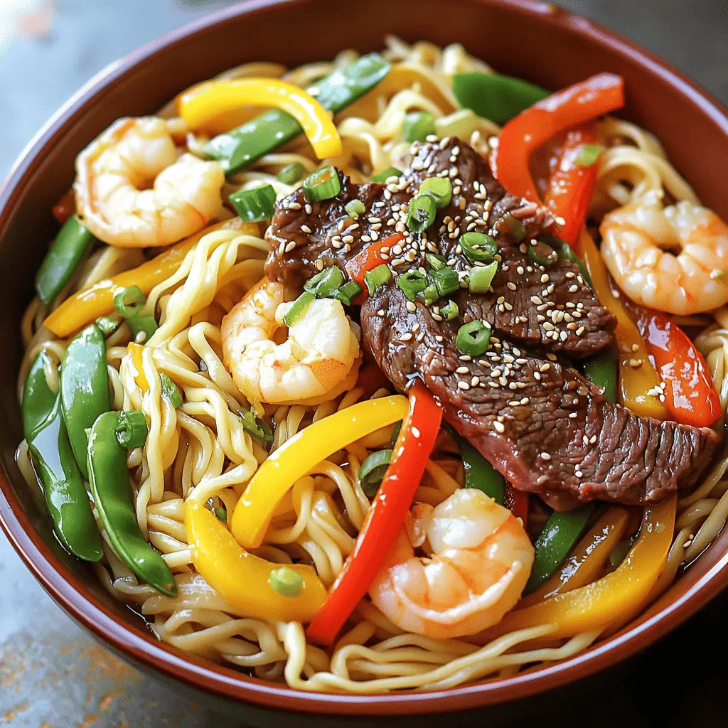 - 8 oz wide egg noodles - 1 lb shrimp, peeled and deveined - 1 lb flank steak, thinly sliced - 2 tablespoons vegetable oil - 1 red bell pepper, sliced - 1 yellow bell pepper, sliced - 1 cup snap peas - 3 green onions, chopped - 4 cloves garlic, minced - 3 tablespoons soy sauce - 1 tablespoon oyster sauce - 1 teaspoon ginger, grated - Salt and pepper to taste - Sesame seeds for garnish In this dish, each ingredient plays a key role. The wide egg noodles give a great base. They soak up all the flavors. Shrimp adds a sweet touch, while flank steak lends a hearty bite. Bell peppers bring color and crunch, and snap peas add freshness. Garlic and ginger boost the flavor profile, making it truly savory. Soy sauce and oyster sauce tie everything together with umami goodness. When cooking, always choose high-quality ingredients. Fresh shrimp and flank steak ensure rich flavors. Look for firm shrimp that smell like the sea. For steak, select cuts with good marbling for tenderness. Fresh vegetables bring vibrant color and taste. Use low-sodium soy sauce if you're watching sodium intake. Quality ingredients make a big difference in your final dish. Enjoy the process of selecting the best! Start by cooking the egg noodles. Follow the package directions for best results. Usually, it takes about 5-7 minutes in boiling water. Once they are tender, drain them. Rinse the noodles with cold water to stop cooking. Set them aside for later. This step is key for a great texture. Next, heat a large skillet or wok over medium-high heat. Add one tablespoon of vegetable oil. Season the flank steak with salt and pepper. Place it in the hot pan. Sear each side for about 3-4 minutes. You want a nice brown color. Once cooked, remove the steak and set it aside. Keep the juices in the pan for extra flavor. In the same skillet, pour in another tablespoon of vegetable oil. Add minced garlic and grated ginger. Sauté for about 30 seconds until it smells great. Now, add the shrimp to the pan. Cook for 2-3 minutes until they turn pink. Remove the shrimp and add them to the bowl with the cooked steak. Next, add sliced red and yellow bell peppers and snap peas. Stir-fry these veggies for 3-4 minutes. You want them to be tender but still crisp. This keeps the dish fresh and colorful. Return the cooked steak and shrimp to the skillet. Pour in the soy sauce and oyster sauce. Toss everything together until well coated. Now, add the cooked noodles. Gently mix all the ingredients. Heat for another minute to combine flavors. Taste and adjust seasoning if needed. Finally, remove from heat and sprinkle with chopped green onions and sesame seeds. This step brings all the flavors together. For a full recipe, check the details provided earlier. Enjoy your savory steak and shrimp stir-fried noodles! To make your steak and shrimp stir-fried noodles shine, focus on seasoning. Start with fresh ingredients. Fresh garlic and ginger bring great taste. Use high-quality soy sauce for depth. A splash of oyster sauce adds a rich flavor. Make sure to taste as you cook. Adjust the salt and pepper to your liking. If you want a kick, add some chili flakes. Heat is key in stir-frying. Use high heat to sear the meat quickly. This keeps the steak juicy and shrimp tender. Cook the steak for just 3-4 minutes. Overcooking will make it tough. The shrimp needs only 2-3 minutes until pink. Stir the veggies for 3-4 minutes. They should stay bright and crisp. Timing is vital to keep everything fresh and flavorful. A beautiful dish makes meals special. Serve your stir-fried noodles in a large bowl. This shows off the colors. Garnish with chopped green onions and sesame seeds. This adds a nice touch. For extra flair, use a colorful platter. Arrange the noodles neatly. Your guests will love the look and taste. This simple step elevates your dish. For the full recipe, check out the detailed instructions above and enjoy your cooking! {{image_2}} You can switch the proteins in this dish to match your taste. Instead of flank steak, try chicken, pork, or tofu. Each protein brings its own flavor. For a lighter choice, you can use fish like salmon or tilapia. The shrimp can also be replaced with scallops or even crab for a seafood twist. Adjust the cooking times based on the protein you choose to keep everything tender. To make this dish vegetarian or vegan, replace the meat with plant-based options. Use tofu or tempeh as a protein source. Simply cube or slice them and cook until golden. For a seafood vibe, try using marinated jackfruit. It absorbs flavors well and offers a unique texture. Replace the oyster sauce with a vegan version or simply use soy sauce. This way, you keep the taste without animal products. You can change the vegetables based on what is fresh and in season. In spring, add asparagus or snap peas for a crisp bite. In summer, consider zucchini or corn for sweetness. In fall, use butternut squash or mushrooms for warmth. Winter calls for hearty greens like kale or spinach. Adjust the cooking time for the vegetables to keep them vibrant and crisp. This keeps the dish fun and colorful all year round. After you enjoy your savory steak and shrimp stir-fried noodles, let them cool. Place the leftovers in an airtight container. You can store them in the fridge for up to three days. Ensure the lid is tight to keep the noodles fresh. Label the container with the date, so you know when to use them. When you’re ready to eat your leftovers, reheat them gently. You can use a microwave or a skillet. If using a microwave, cover the container. Heat for 1-2 minutes, stirring once. If using a skillet, add a bit of oil over medium heat. Stir the noodles for about 3-5 minutes until hot. This way, they stay tasty and do not dry out. You can freeze the noodles if you want to keep them longer. First, let them cool completely. Then, portion them into freezer bags or containers. Squeeze out as much air as possible. Label each bag with the date. You can freeze them for up to three months. To thaw, move them to the fridge overnight. Reheat as mentioned above. Enjoy your delicious meal anytime! Yes, you can use other noodles. Try rice noodles or soba noodles for a twist. Each noodle gives a different taste and texture. Thin noodles like vermicelli are also great. Keep in mind that cooking times may change, so check the package. If you don’t have ginger, use ground ginger or galangal. Fresh garlic can add a nice kick too. You could also try a dash of allspice for a unique flavor. Just remember, ginger adds warmth and a bit of spice. To add heat, include sliced jalapeños or chili flakes. You can also use a spicy sauce like sriracha or chili garlic sauce. Start with a small amount and taste as you go. Adjust the spice level to your liking for the best result. Yes, you can prep some parts ahead. Cook the noodles and store them in the fridge. You can also slice the steak and veggies in advance. For the best taste, combine everything just before serving. This keeps the flavors fresh and vibrant. For the full recipe, check the detailed steps provided. We explored how to create a tasty dish, starting from key ingredients to storage tips. You learned how to prepare noodles, cook steak, and sauté shrimp and veggies. Adjustments like using different proteins or seasonal vegetables can change the flavor. Remember, storing leftovers properly keeps them fresh. With these tips, you can enjoy this dish any time, impressing friends and family. Dive in and get cooking; you’ll love the results!