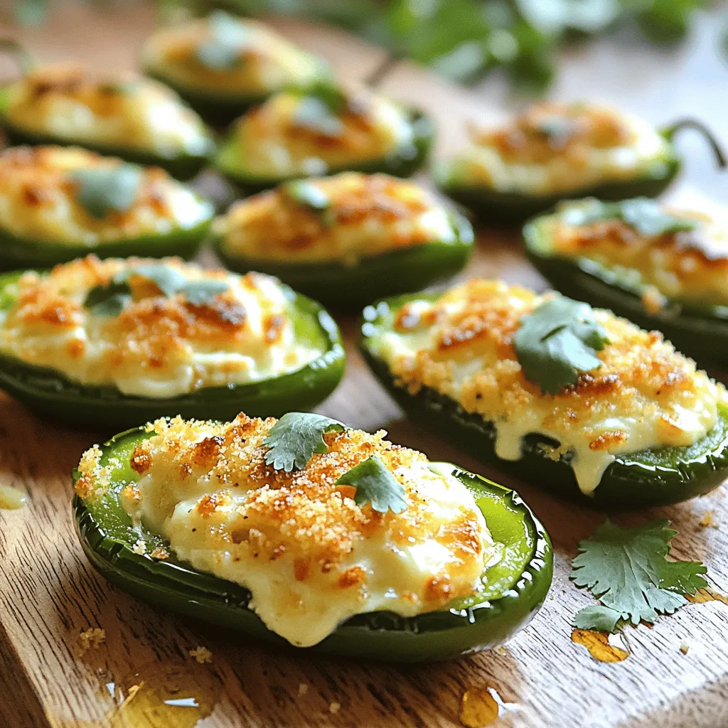 To make delicious Jalapeño Popper Bites, gather the following ingredients: - Fresh jalapeños - Cream cheese - Shredded sharp cheddar cheese - Breadcrumbs (preferably panko) - Garlic powder - Onion powder - Smoked paprika - Salt and pepper - Fresh cilantro - Cooking spray or olive oil These ingredients come together to create a perfect blend of flavors. The fresh jalapeños give a spicy kick, while the cream cheese and cheddar add creaminess and depth. By using panko breadcrumbs, you will achieve a nice crunch on the outside. When selecting jalapeños, look for firm ones with bright skin. This ensures they will hold up well during baking. If you want to tone down the heat, remove more seeds and membranes from the jalapeños. The spices like garlic powder, onion powder, and smoked paprika add layers of flavor. They complement the cheese and elevate the dish. Fresh cilantro serves as a bright garnish that enhances the overall presentation. For a light finish, use cooking spray or olive oil before baking. This helps the bites turn golden and crisp. Check out the Full Recipe for details on how to prepare these tasty bites! 1. Preheat your oven to 375°F (190°C). Prepare a baking sheet with parchment paper. 2. In a bowl, mix 1 cup of softened cream cheese and 1 cup of shredded cheddar cheese. Add 1/4 teaspoon each of garlic powder, onion powder, and smoked paprika. Season with salt and pepper. Stir until smooth. 3. Take each halved jalapeño and spoon the cheese mixture into it. Press down slightly to fill them well. 1. In another bowl, add 1/2 cup of breadcrumbs and season lightly with salt and pepper. 2. Carefully press each filled jalapeño into the breadcrumbs. Make sure the cheese filling is covered. 3. Place the coated jalapeños on the baking sheet. For extra crunch, lightly brush the tops with cooking spray or olive oil. 4. Bake in the oven for 20-25 minutes. They are ready when the jalapeños are tender and the topping is golden brown. You can find the Full Recipe for more detailed instructions and tips. Enjoy making these tasty bites! To make your jalapeño popper bites just right, think about the heat. If you want less spice, remove all the seeds and membranes. For more kick, keep some seeds in. You can also mix in other spices to boost the flavor. Try adding cayenne pepper for heat or cumin for a warm, earthy taste. Experiment with your favorite spices to find your ideal mix. The right breadcrumbs can make a big difference in your bites. I recommend using panko breadcrumbs. They are larger and give a great crunch. You can mix in some grated Parmesan for added flavor. To ensure crispiness, coat each jalapeño popper bite well with breadcrumbs. For an extra crunch, lightly spray or brush the tops with cooking spray or olive oil before baking. This simple step helps create a golden, crispy crust that makes these bites irresistible. {{image_2}} You can make your Jalapeno Popper Bites even better with some fun swaps. For cheese, try using a blend of cream cheese with goat cheese or ricotta. This mix adds a unique taste and creaminess. If you want to add protein, consider crumbled bacon or cooked sausage. They make the bites heartier and add a savory punch. These bites pair well with several tasty dips. Ranch dressing is a classic choice. You can also use hot sauce for an extra kick. If you want to enjoy them with drinks, try beer or a light cocktail. The heat from the jalapeños balances nicely with refreshing beverages. For more ideas, check the Full Recipe. To keep your jalapeño popper bites fresh, store them in an airtight container. Place a paper towel at the bottom to absorb moisture. This will help maintain their crispy texture. Put the container in the fridge. They will last for about 3 to 5 days. After that, they may lose flavor and texture. For the best taste, use the oven to reheat your jalapeño popper bites. Preheat the oven to 375°F (190°C). Place the bites on a baking sheet and heat for about 10 to 15 minutes. This will make them crispy again. If you're in a hurry, the microwave works too. Heat them on a microwave-safe plate for about 30 seconds. Check if they are warm and enjoy! How can I make these Jalapeno Popper Bites ahead of time? You can prepare the filling and stuff the jalapeños a day in advance. Store them in the fridge. When you are ready to eat, coat them with breadcrumbs and bake. This saves time and keeps flavors fresh. Can I freeze Jalapeno Popper Bites? Yes, you can freeze these bites! Prepare them fully but do not bake. Place them on a baking sheet and freeze until solid. Then, transfer them to a freezer bag. When ready, bake directly from the freezer, adding a few minutes to the cooking time. What can I substitute for jalapeños if I want a milder version? You can use mini sweet peppers or banana peppers. Both will give you a nice flavor without much heat. You can also remove all the seeds and membranes from the jalapeños to tone down the spice. What is the best way to serve Jalapeno Popper Bites? Serve these bites hot, fresh from the oven. They pair well with ranch dressing or hot sauce. You can also add a sprinkle of fresh cilantro on top for a pop of color and flavor. For a fun twist, serve them with a side of guacamole. For the full recipe, check out the detailed steps above. Jalapeño Popper Bites are a tasty snack full of flavor. You learned how to prepare them with fresh ingredients and simple steps. We discussed tips to adjust spice and ensure a crispy texture. Variations allow for personal taste, whether adding bacon or trying different cheeses. Remember to store leftovers properly and reheating tips for the best results. Enjoy making these bites, and don’t hesitate to customize them for your needs. Happy cooking!