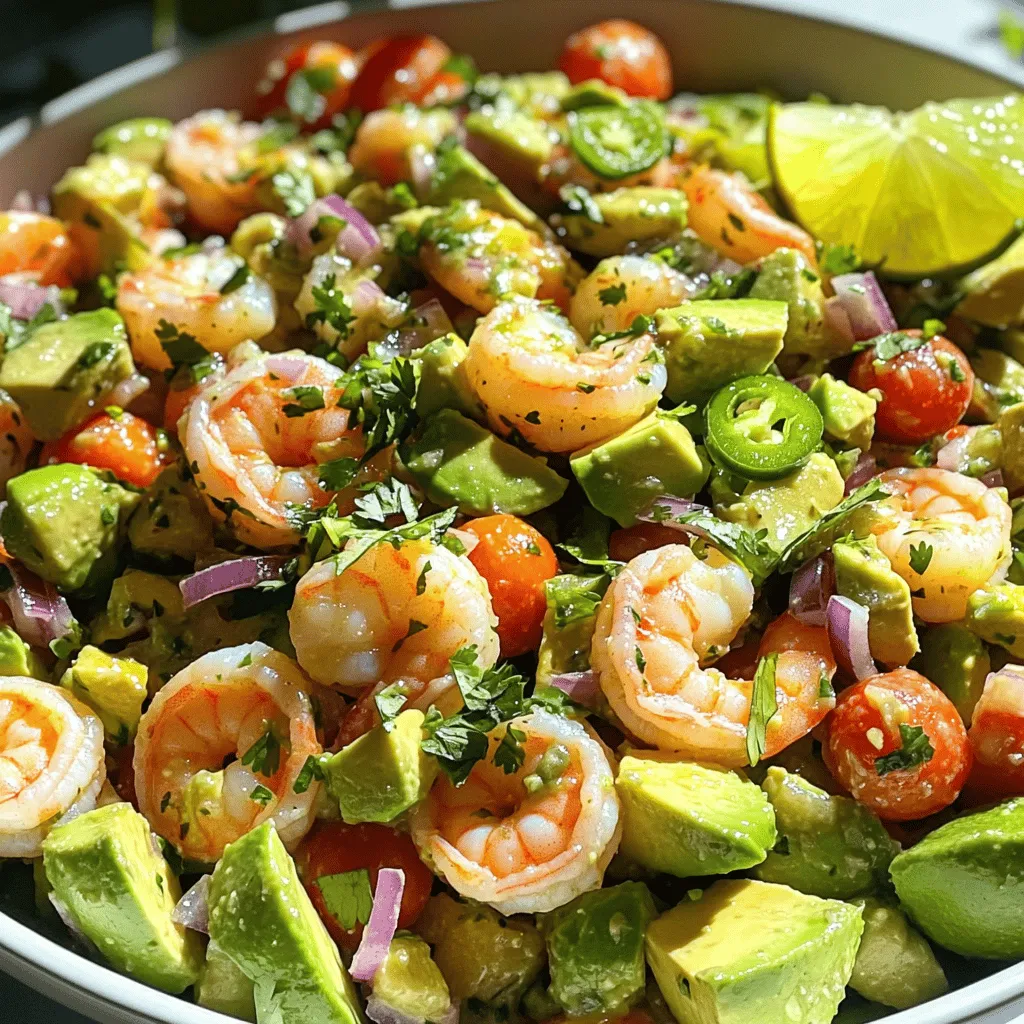 To make the Healthy Avocado Salsa Shrimp Salad, you will need: - 1 lb shrimp, peeled and deveined - 2 ripe avocados, diced - 1 cup cherry tomatoes, halved - 1/2 cup red onion, finely chopped - 1 jalapeño, seeded and minced - 1/4 cup fresh cilantro, chopped - Juice of 2 limes - 2 tablespoons olive oil - Salt and pepper to taste This salad is not only tasty but also packed with nutrition. Each serving contains: - Calories: 350 - Protein: 28g - Fat: 20g - Carbohydrates: 18g - Fiber: 7g The shrimp provide lean protein while avocados add healthy fats. Cherry tomatoes and onions bring vitamins and fiber. This mix makes a balanced meal that keeps you full and happy. To prepare this salad, you’ll need a few simple tools: - Medium saucepan for cooking shrimp - Large mixing bowl for salad - Small bowl for dressing - Whisk for mixing dressing - Knife and cutting board for chopping veggies - Serving dishes for presentation These tools make your cooking process quick and easy. You’ll be ready to enjoy your Healthy Avocado Salsa Shrimp Salad in no time! For the full recipe, check out the details above. Start by boiling water in a medium saucepan. Once the water boils, add the shrimp. Cook them for about 2-3 minutes. The shrimp should turn pink and opaque. After cooking, drain the shrimp and set them aside to cool. In a large bowl, combine the diced avocados, halved cherry tomatoes, chopped red onion, minced jalapeño, and fresh cilantro. This mix brings a burst of color and flavor. Make sure all ingredients are fresh for the best taste. In a small bowl, whisk together the juice of two limes, olive oil, salt, and pepper. This dressing adds a zesty kick. Adjust the lime juice and seasoning to suit your taste. A little extra lime can brighten the flavors. Add the cooked shrimp into the bowl with the diced vegetables. Drizzle the lime dressing over the mixture. Gently toss all the ingredients until they are well combined. Be careful not to mash the avocados; we want them to stay chunky and fresh. Serve the salad in a large bowl or individual plates for a nice touch. Garnish with extra cilantro leaves and lime wedges. For the best flavor, chill the salad in the refrigerator for about 15-20 minutes before serving. This lets the flavors meld together beautifully. Enjoy your Healthy Avocado Salsa Shrimp Salad! For the complete method, refer to the Full Recipe. To get the best texture from your avocados, pick ripe ones. They should feel soft but not mushy. Cut them just before serving to keep them fresh. If you want to prep ahead, sprinkle some lime juice on them. This helps prevent browning. Always handle the avocado gently when mixing. You want to keep those nice chunks! If you love heat, add more jalapeño. If you prefer less spice, remove the seeds and ribs. You can also try using a milder pepper, like a green bell pepper. For an extra kick, add a dash of hot sauce or cayenne pepper. Always taste as you go to find your perfect balance. Play with flavors by adding fresh herbs. Basil or mint can change the taste. Adding a bit of garlic can also boost flavor. Consider mixing in some diced mango or pineapple for sweetness. A splash of vinegar can add a nice tang. Remember, balance is key! Use the Full Recipe for more tips on creating a perfect dish. {{image_2}} You can make this salad even better by adding more veggies. Try bell peppers, corn, or cucumbers for crunch. You can also use diced mango for a sweet twist. Chopped spinach or kale adds a nice green touch. These veggies boost the taste and add more nutrients. While shrimp is great, you can switch it up. Use grilled chicken, cooked crab, or even fish. For a quick option, canned tuna works well too. Each protein brings a unique flavor to the salad. Just remember to cook your proteins properly and let them cool before mixing. If you want a plant-based version, skip the shrimp. You can add black beans or chickpeas for protein. These options also add fiber and stay filling. Try using tofu or tempeh for a hearty texture. Toss in more avocados and nuts for healthy fats. You can find the full recipe [here](#). To keep your Healthy Avocado Salsa Shrimp Salad fresh, store it in an airtight container. Place it in the fridge. This salad stays good for about two days. After that, the shrimp and avocado may start to spoil. For the best taste, use fresh ingredients. Buy ripe avocados and firm shrimp. If you have leftovers, store them right away. Avoid leaving the salad at room temperature for too long. This helps keep the flavors bright and the ingredients safe to eat. You do not need to reheat this salad. It tastes best cold or at room temperature. If you like, you can warm the shrimp before mixing it in. Just do it gently on low heat. Be careful not to overcook the shrimp again. Follow the Full Recipe for more tips on making this dish. The Healthy Avocado Salsa Shrimp Salad lasts about two days in the fridge. Keep it in an airtight container. After this time, the avocados may brown and lose texture. Yes, you can make this salad ahead of time. I suggest making it no more than a few hours in advance. This helps keep the avocados fresh and green. If you don’t like shrimp, try cooked chicken or canned beans. Both options add good protein and taste. Tofu is another great choice for a vegetarian option. Yes, this recipe is gluten-free. All the ingredients are safe for a gluten-free diet. Just check any packaged items like seasoning to ensure they are gluten-free. Absolutely! You can add more veggies like bell peppers or cucumber. You can also toss in fruits like mango for a sweet twist. Just keep the balance of flavors in mind for the best result. For the full recipe, check out the complete details. This blog post covered how to make a great healthy avocado salsa shrimp salad. I shared the ingredients, tools, and step-by-step instructions to help you succeed. We also looked at tips for perfect texture, customizing heat, and enhancing flavor. In the end, this salad is easy to make and full of taste. Feel free to try different veggies or proteins for variety. With proper storage, you can enjoy it longer. Now, grab your ingredients and start your culinary adventure!