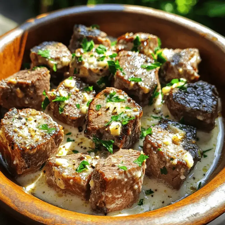 - 1 lb tenderloin steak - 4 tablespoons unsalted butter - 4 cloves garlic, minced - 1 cup heavy cream - 1 cup grated Parmesan cheese - 1 teaspoon dried thyme - 1 teaspoon smoked paprika - Salt and pepper to taste - Fresh parsley, chopped Gathering the right ingredients is key to making Garlic Butter Steak Bites with Parmesan Cream Sauce. The tenderloin steak is the star. It is juicy and cooks quickly, perfect for bite-sized pieces. Butter adds richness and helps the garlic infuse flavor into the dish. Garlic is essential here. Minced garlic brings warmth and aroma. Heavy cream creates a smooth, creamy sauce. Parmesan cheese adds a nutty flavor and thickens the sauce. Season your steak with thyme and smoked paprika. These spices enhance the meat's natural taste. Don’t forget salt and pepper! They balance the flavors and bring everything together. Finally, fresh parsley brightens the dish. It adds a pop of color and freshness. For the full recipe, check out the provided link. To start, we need to sear the steak bites. In a large skillet over medium-high heat, melt 2 tablespoons of butter. While the butter melts, season the steak pieces with salt, pepper, dried thyme, and smoked paprika. This mix gives a great flavor base. Once the butter is hot, add the steak bites in a single layer. Cook them for about 2-3 minutes on each side. Look for a nice browning. If you crowd the pan, the steak won't cook well. You may need to do this in batches. After cooking, set the steak aside on a plate. Next, we make the garlic butter sauce. In the same skillet, add the other 2 tablespoons of butter. Let it melt. Once melted, add the minced garlic. Sauté it for about 30 seconds. You want it fragrant but not burnt. Now, we’ll create the cream sauce. Lower the heat to medium and pour in the heavy cream. Stir it constantly. Let it simmer for about 2-3 minutes until it thickens slightly. Then, stir in the grated Parmesan cheese. Mix until it melts completely. Check the taste and add a pinch of salt and pepper if needed. Finally, it’s time to combine everything. Add the seared steak bites back into the skillet. Make sure they are well coated with the creamy Parmesan sauce. Heat everything together for an extra minute. Now, you have a delicious dish ready to serve. For the full recipe, check out the cooking section above. To cook steak bites just right, focus on doneness. Use a meat thermometer. Aim for 130°F for medium-rare and 145°F for medium. A quick check will ensure your steak is juicy and tender. Avoid overcrowding the pan. If you add too many pieces at once, they will steam instead of sear. This can lead to less flavor. Cook in batches to get that beautiful crust on each bite. Using fresh herbs makes a big difference. I love adding a bit of fresh thyme or parsley. These herbs add a burst of flavor that pairs well with the steak. Adjust the seasonings to your taste. If you like it spicy, add more smoked paprika or even some crushed red pepper flakes. Taste as you go to find your perfect balance. Serve your steak bites in a rustic bowl or on a nice plate. This adds a warm touch to your meal. For an extra pop, sprinkle some grated Parmesan on top. Garnish with fresh parsley leaves for color. It not only looks good but also adds fresh flavor. Pair your dish with crusty bread for dipping into the creamy sauce. Enjoy the meal! For the full recipe, check the entire guide. {{image_2}} You can switch up the cut of steak for this dish. While tenderloin works great, you can use sirloin or ribeye. These cuts add different flavors and textures. If you want a leaner option, try flank steak. Each cut gives you a unique taste. You can also use different cheeses. While Parmesan brings a rich flavor, you can try Pecorino Romano for a sharper bite. Another option is to use a mix of cheeses. Combining mozzarella or cheddar can add creaminess. Experiment with what you have on hand to find your favorite mix. To change the flavor profile, add some spices or herbs. A pinch of red pepper flakes gives a nice kick. Fresh herbs like basil or oregano can elevate the flavor. You can also use Italian seasoning for an herby twist. If you like it spicy, try adding hot sauce or cayenne pepper. Start with a small amount and taste as you go. This way, you can control the heat and find the perfect balance for your palate. This dish pairs well with many sides. Creamy mashed potatoes complement the sauce perfectly. You can also serve it with roasted vegetables for a healthy side. A simple salad with vinaigrette adds freshness to the meal. When it comes to drinks, a glass of red wine, like Cabernet Sauvignon, works well. It enhances the flavors of the steak. If you prefer something non-alcoholic, a sparkling water with lemon is refreshing. For the complete Garlic Butter Steak Bites with Parmesan Cream Sauce recipe, check out the Full Recipe. To keep your garlic butter steak bites fresh, store them in the fridge. Use an airtight container. They last up to three days. When you store them, make sure they cool down first. This helps avoid extra moisture. If you want to freeze them, put the steak bites in a freezer bag. Remove as much air as possible before sealing. You can freeze them for up to three months. Remember to label the bag with the date. For the best flavor and texture, reheat your steak bites on the stove. Place them in a skillet over low heat. Add a splash of water or broth to keep them moist. Heat for about five minutes. Stir often to ensure even heating. You can also use the microwave, but it may dry them out. If you do, heat in short bursts of 30 seconds. Check often, and stir between intervals. To keep the creamy sauce intact, add a bit of cream when reheating. This will help maintain its rich flavor. The best steak for garlic butter steak bites is tenderloin. Tenderloin is soft, juicy, and cooks quickly. Other good options include sirloin or ribeye. Both of these cuts have great flavor and texture. Choose a steak that has nice marbling. This helps keep the meat tender while cooking. Yes, you can prep some parts ahead. Cut the steak into pieces and season them in advance. You can also make the garlic butter and cream sauce early. Store them in the fridge. Then, when you are ready to cook, just heat the sauce and add the steak bites. This saves time and keeps it fresh. To adjust spice levels, change the amount of smoked paprika. If you want less heat, use less paprika. You can also add more for extra flavor. Taste the sauce as you go. Adjust salt and pepper to your liking for the perfect balance. This blog post covered a tasty tenderloin steak recipe with a creamy garlic butter sauce. You learned how to prepare the steak, make the sauce, and combine the flavors. Remember the tips for perfect cooking and presentation. You can also explore ingredient swaps and variations to keep things fun. Try out new sides to pair with your dish. With these insights, you can create a delicious meal that impresses every time. Enjoy cooking and experimenting with flavors!