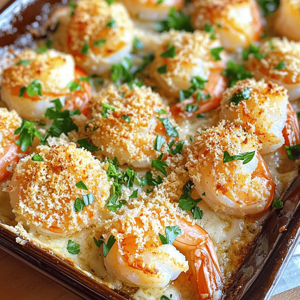 Here’s what you need for your Garlic Parmesan Baked Shrimp: - Large shrimp: 1 lb, peeled and deveined - Garlic: 4 cloves, minced - Unsalted butter: 1/4 cup, melted - Parmesan cheese: 1/2 cup, grated - Breadcrumbs: 1/4 cup, preferably panko - Fresh parsley: 2 tablespoons, chopped - Lemon juice: 1 tablespoon - Paprika: 1 teaspoon - Salt and pepper: to taste These ingredients work together to create a tasty dish. The shrimp bring a fresh flavor, while garlic adds depth. Butter gives richness, and Parmesan adds a savory touch. Breadcrumbs make the top crunchy and fun to eat. Don't forget the fresh parsley for color and a hint of earthiness. Lemon juice and paprika brighten the dish, making every bite pop. Using the Full Recipe, you can whip this up in no time. Enjoy cooking! - Set to 375°F (190°C) First, I start by preheating my oven. This step helps the shrimp cook evenly. While it warms up, I can prepare the shrimp and toppings. - Combine shrimp with garlic, butter, lemon juice, paprika, salt, and pepper Next, I grab a big bowl. I add the shrimp, minced garlic, melted butter, lemon juice, paprika, salt, and pepper. I mix it well to coat each shrimp. The shrimp should look shiny and tasty. - Mix Parmesan cheese, breadcrumbs, and parsley in a separate bowl In another bowl, I mix the grated Parmesan cheese, breadcrumbs, and chopped parsley. This topping adds crunch and flavor. I like using panko breadcrumbs for extra crispiness. - Spread shrimp mixture in a baking dish and add topping Once both mixtures are ready, I take a greased baking dish and spread the shrimp mix evenly in it. I then sprinkle the cheese and breadcrumb topping over the shrimp. - Bake for 15-20 minutes until shrimp are cooked I place the baking dish in the preheated oven. I bake it for about 15 to 20 minutes. I watch for the shrimp to turn pink and the topping to become golden and crispy. - Garnish and serve the baked shrimp After baking, I remove the dish from the oven. I let it cool for a moment. If I want, I can garnish it with extra parsley before serving. This dish is now ready to impress! For the full recipe, check the previous section. To make sure your shrimp are perfect, cook them just right. Overcooked shrimp turn tough and rubbery. Aim for a cook time of 15 to 20 minutes. The shrimp should be pink and opaque. Check them at 15 minutes to see if they are done. For the best crunch, I always use panko breadcrumbs. They add a nice texture and help the topping stay crispy. Regular breadcrumbs work, but they won’t give you that same crunch. So, stick with panko for this dish. Want to kick up the flavor? Try adding red pepper flakes for some heat. Just a pinch will do. If you love zest, add lemon zest for a fresh twist. Both options will make your dish stand out even more. Enjoy experimenting with these simple tweaks! For the full recipe, check out the [Full Recipe]. {{image_2}} To make your dish a bit spicier, add more paprika or cayenne pepper. This change brings heat and excitement. You can start with half a teaspoon and adjust based on your taste. The spicy kick pairs well with the garlic and cheese. It makes every bite burst with flavor. For a different flavor, try using solely butter without the cheese. This version allows the rich, buttery taste to shine. You can still use garlic, lemon juice, and spices. This will create a lovely, savory dish that is still quick and easy. If you want a vegetarian option, swap shrimp with mushrooms. Use large, firm mushrooms like portobello or shiitake. They soak up flavors well and provide a nice texture. Follow the same cooking steps, and you’ll have a tasty dish for all to enjoy. For the full recipe, check out the details above. Store any leftovers in an airtight container. They stay fresh for up to 2 days. After that, the shrimp may lose texture and taste. When you want to enjoy them again, just remember to check for any off smells or changes in color. You can freeze the shrimp before baking. Place them in a freezer-safe bag or container. They will last for up to 3 months. When you're ready, thaw them in the fridge overnight. Keep in mind that baking time may vary when you use frozen shrimp. For the best texture, reheat the shrimp in the oven. Set your oven to 350°F (175°C) and warm them for about 10 minutes. This keeps the topping crispy. If you use a microwave, the shrimp might turn soggy. So, I recommend the oven for the best results. Total time is about 30 minutes. This includes 10 minutes for prep and 20 minutes for baking. You can quickly whip this dish up for a weeknight dinner or a special occasion. Yes, just ensure they are thawed properly before preparation. Thaw shrimp by placing them in the fridge overnight or running them under cold water for a few minutes. Make sure they are dry before you start mixing them with the garlic and butter. Yes, you can assemble it and refrigerate before baking. This helps the flavors mix well. When you’re ready to bake, just pop it in the oven. For the full recipe, check the detailed instructions. This blog post details a simple, tasty Garlic Parmesan Baked Shrimp recipe. We covered the key ingredients, easy steps for preparation, and helpful tips to get the best results. Remember, using panko breadcrumbs adds great crunch. You can also switch up flavors with spices or try a vegetarian option using mushrooms. Whether you're cooking for yourself or friends, this dish is sure to impress. Enjoy making and sharing this delicious meal!