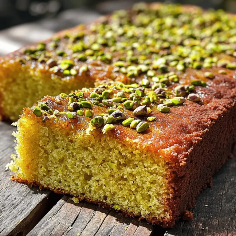 To make a Moist Pistachio Cake, you need simple, fresh ingredients. Here’s the list: - 1 cup unsalted butter, softened - 1 cup granulated sugar - 4 large eggs - 1 teaspoon vanilla extract - 1 cup all-purpose flour - 1 cup ground pistachios (about 1.5 cups whole) - 1 teaspoon baking powder - 1/2 teaspoon baking soda - 1/4 teaspoon salt - 1/2 cup buttermilk - Zest of 1 lemon - 1/2 cup chopped pistachios for garnish For an extra twist, you can add a pinch of cardamom or a splash of almond extract. Both enhance the nutty flavor of the pistachios. If you want a sweeter cake, try adding a bit more sugar. Be sure to use fresh, high-quality pistachios. They make a big difference in flavor. Now, you’re ready to make this delicious cake! Don't forget to check the Full Recipe for all the steps. First, I start with the wet ingredients. I take a large mixing bowl and add 1 cup of softened butter and 1 cup of granulated sugar. I mix these together until they are light and fluffy, about 3 to 4 minutes. Next, I add 4 large eggs, one at a time, mixing well after each egg. I finish this part by stirring in 1 teaspoon of vanilla extract. Now, let’s move to the dry ingredients. In another bowl, I whisk together 1 cup of all-purpose flour, 1 cup of ground pistachios, 1 teaspoon of baking powder, 1/2 teaspoon of baking soda, and 1/4 teaspoon of salt. This mix adds flavor and structure to the cake. Once both mixtures are ready, I gradually add the dry ingredients to the wet mix. I alternate adding the dry mix with 1/2 cup of buttermilk. I always start and end with the dry mixture. I mix just until combined, as overmixing can make the cake tough. Finally, I gently fold in the zest of 1 lemon for a fresh twist. Next, I prepare the cake pan. I preheat my oven to 350°F (175°C). I grease and flour a 9-inch round cake pan or line it with parchment paper. This step helps the cake come out easily after baking. Now it’s time to bake. I pour the batter into the prepared pan, smoothing the top with a spatula. I bake it in the preheated oven for about 30 to 35 minutes. To check if it’s done, I insert a toothpick into the center. If it comes out clean, the cake is ready. After baking, I let the cake cool in the pan for 10 minutes. Then, I transfer it to a wire rack to cool completely. This prevents sogginess on the bottom. Once the cake is cool, I finish it off by garnishing with 1/2 cup of chopped pistachios. This not only adds a lovely crunch but also makes the cake look beautiful. You can find the full recipe [here]. To avoid a dry cake, always measure your ingredients accurately. Too much flour can lead to dryness, while too little can leave your cake dense. Use the scoop and level method for the flour. This means you scoop the flour into your measuring cup and then level it off with a knife. Ingredient temperature matters. Use room temperature eggs and butter in your batter. This helps them blend well and create a light texture. If you forget to take them out ahead of time, simply place the eggs in warm water for about 10 minutes. For butter, cut it into small pieces and leave it out for a few minutes. You can enhance the flavor of your pistachio cake by adding extracts and spices. Almond extract pairs well with pistachio. A quarter teaspoon can add a nutty depth. You might also try a pinch of cardamom for warmth. For icing, a simple cream cheese frosting will balance the cake's richness. You could also drizzle a lemon glaze on top for a bright touch. Chopped pistachios make an excellent topping, adding both crunch and color. When serving, think about creative ideas to make your cake stand out. You can slice it into squares and serve with fresh fruit. Adding a dollop of whipped cream can elevate each slice. For special occasions, use edible flowers or citrus slices around the base. Dusting the top with powdered sugar adds elegance. A well-presented cake will impress your guests and make the moment memorable. For the full recipe, refer to the earlier section. {{image_2}} You can play with flavors in your moist pistachio cake. Adding citrus or berries can make it bright and fresh. For a citrus twist, try lemon or orange zest. It gives the cake a nice zing that pairs well with pistachios. If you like berries, blueberries or raspberries can add a sweet touch. Just fold them in gently at the end. If you need gluten-free or dairy-free options, you can still enjoy this cake. Use almond flour or a gluten-free baking mix in place of all-purpose flour. For dairy-free, swap buttermilk with almond milk or coconut milk. This way, everyone can enjoy your delicious creation! Serving styles can change your cake's look and feel. You might want to make a layered cake for a special event. This adds height and elegance. You can spread frosting between layers for extra flavor. If you prefer small treats, make cupcakes instead. They are fun and easy to serve at parties. Use cupcake liners for a pop of color. When portioning for events, think about your guests. Cut the cake into small slices. This way, people can enjoy more than one dessert, and it keeps the party festive. For more tips on how to make these variations, check out the Full Recipe. To keep your leftover cake fresh, wrap it well. Use plastic wrap or aluminum foil. Store it in an airtight container. This protects it from drying out. If you have a large cake, slice it first. This makes it easier to serve later. If you want to store the cake for longer, freezing is a great option. First, let the cake cool completely. Then, wrap it in plastic wrap tightly. After that, place it in a freezer bag. Be sure to remove as much air as possible. The cake can stay fresh in the freezer for up to three months. How long does the cake stay fresh? If stored correctly, your moist pistachio cake lasts about 4-5 days at room temperature. You can keep it in the fridge for up to a week. Just remember to let it come to room temperature before serving. How can you tell if the cake has gone bad? Look for signs of mold, or an off smell. If the cake feels dry or hard, it’s best to toss it. Always trust your senses when it comes to old food. Enjoy the full recipe for the best results! What if I don’t have ground pistachios? If you don’t have ground pistachios, you can use almonds or walnuts. Just grind them until fine. The flavor will change slightly, but it will still be tasty. You can also buy ground pistachios online or at some stores. Can I use a different type of flour? Yes, you can use almond flour or gluten-free flour. Almond flour will add a nutty flavor. Gluten-free flour can make the cake lighter. Just keep the same amount as the all-purpose flour in the recipe. Why did my cake sink? Your cake might sink if it had too much liquid or not enough structure. Make sure to measure ingredients carefully. Also, check your oven temperature; a too-cool oven can cause sinking. Tips for achieving the right texture To get a moist and fluffy cake, use room temperature ingredients. This helps them mix better. Avoid over-mixing the batter once you add the flour. Mix just until combined to keep the cake light. What flavors pair well with pistachio cake? Pistachio cake pairs well with lemon, orange, or rose flavors. You can add a light lemon glaze for extra brightness. Cream cheese frosting also complements the cake nicely. Best beverages to serve with it Serve pistachio cake with green tea, coffee, or a sweet dessert wine. These drinks enhance the nutty taste and make for a delightful pairing. This blog post covers everything you need for a moist pistachio cake. We discussed the ingredients you require, including how to mix wet and dry items. I shared tips for baking, cooling, and garnishing your cake for that perfect finish. I also included ways to enhance flavors and decorate for special events. Remember the best storage practices to keep your cake fresh, and don’t hesitate to explore variations and alternatives. Baking can be fun and rewarding, so enjoy every step along the way!