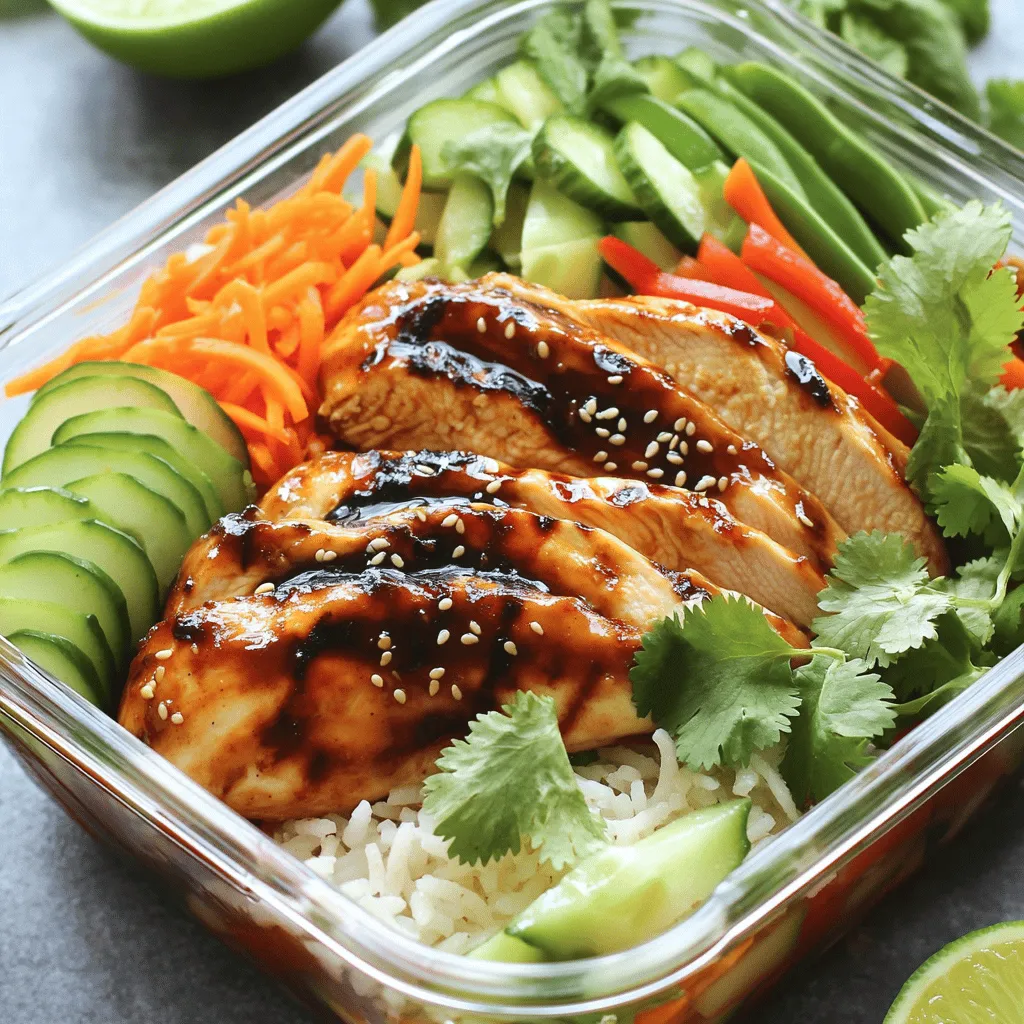 For a great Vietnamese chicken meal prep bowl, you need key ingredients. Here’s what you’ll need: - 2 boneless, skinless chicken breasts - 2 tablespoons hoisin sauce - 1 tablespoon soy sauce - 1 tablespoon sesame oil - 2 cloves garlic, minced - 1 teaspoon fresh ginger, grated - 1 cup cooked jasmine rice - 1 cup shredded carrots - 1 cup cucumber, thinly sliced - 1 red bell pepper, julienned - 1 cup snap peas or green beans - Fresh cilantro and mint leaves for garnish - Lime wedges for serving - Salt and pepper to taste These ingredients create a rich and tasty flavor profile. The chicken gets a nice marinate that enhances its taste. The veggies add crunch and freshness. You can add some optional ingredients to boost flavor: - Chili flakes for heat - Sliced scallions for a fresh bite - Peanuts for crunch - Sesame seeds for a nutty finish These options let you customize your bowls to fit your taste. Feel free to mix and match! Each serving of the Vietnamese chicken meal prep bowl is packed with nutrients: - Calories: 350 - Protein: 30g - Carbohydrates: 45g - Fat: 10g - Fiber: 5g These bowls are not just tasty; they also provide a balanced meal. You can feel good about enjoying this dish. For the complete recipe, check the Full Recipe section! To start, we need to marinate the chicken. This step gives the chicken great taste. In a bowl, mix hoisin sauce, soy sauce, sesame oil, minced garlic, and grated ginger. This mix is full of flavor. Next, add the chicken breasts to the bowl. Make sure each piece is covered well. Cover the bowl and put it in the fridge. Let the chicken sit for at least 30 minutes. If you have more time, you can let it marinate for up to 2 hours. This makes the chicken even tastier. Now it’s time to cook the chicken. You can choose to grill or use a skillet. If you grill, preheat it to medium-high heat. If you use a skillet, do the same. Take the chicken out of the marinade. Cook the chicken for 6 to 7 minutes on each side. Make sure the inside reaches 165°F (75°C). This is how you know it’s safe to eat. Once cooked, let the chicken rest for about 5 minutes. This helps keep it juicy. After resting, slice the chicken into strips. While the chicken cooks, prepare the vegetables. In a bowl, mix shredded carrots, cucumber slices, and bell peppers. You can add a pinch of salt and pepper to make them pop. Next, grab your meal prep containers. Start with a layer of cooked jasmine rice at the bottom. Then, place the sliced grilled chicken on top. Arrange the mixed veggies and snap peas or green beans around the chicken. For the final touch, add fresh cilantro and mint leaves on top. Serve lime wedges on the side. When you eat, squeeze some lime over the bowl for a bright taste. For a full recipe, you can check the details mentioned earlier. Enjoy your flavorful Vietnamese chicken meal prep bowls! To make meal prep easy, focus on timing. Start by marinating the chicken first. This allows the flavors to soak in while you chop veggies. Use a sharp knife for quick cuts. Cut the vegetables into similar sizes for fast cooking. Pre-cook the jasmine rice in larger batches. Store it in the fridge for quick use later. Garnishing makes your meal look great. Use fresh cilantro and mint leaves for color. Lime wedges add brightness and a fresh touch. Place the herbs on top of the bowl. Try adding sliced radishes or avocado for extra color and taste. Arrange the ingredients neatly to show off the vibrant colors. This makes each bowl more inviting. Invest in good meal prep containers. Choose clear, airtight containers to keep food fresh. Look for ones with sections to separate ingredients. This keeps flavors from mixing. Use a digital kitchen scale for precise measurements. A sharp knife and cutting board help speed up prep time. Don’t forget a good whisk for mixing marinades smoothly. For a complete guide, check the Full Recipe for Vietnamese Chicken Meal Prep Bowls. {{image_2}} If you prefer a plant-based option, swap chicken for tofu or tempeh. Tofu works well when marinated like chicken. Use the same marinade for great flavor. Tempeh adds a nutty taste and a chewy texture. Both options provide protein and make the meal hearty. You can also try chickpeas or lentils for a different twist. Jasmine rice is a classic choice, but you can mix things up. Quinoa offers a protein boost and a nutty flavor. It cooks quickly and can absorb the marinade's taste. Brown rice is another healthy option. It adds a nice chew and is high in fiber. Both grains pair well with the chicken and veggies. To kick up the heat, add chili flakes or sriracha to the marinade. This adds a spicy punch that complements the dish. For a sweeter touch, mix in a bit of honey or maple syrup. This balances the savory flavors. If you want a deeper taste, try adding fish sauce or oyster sauce. Each variation brings a new layer of flavor to your meal prep bowls. Feeling inspired? Check out the Full Recipe for more ideas! To keep your Vietnamese chicken meal prep bowls fresh, use airtight containers. Glass or BPA-free plastic containers work best. Make sure the food is cool before sealing. This helps prevent moisture build-up, which can spoil your meal. If you have extra herbs, store them in a damp paper towel inside a bag. This keeps them fresh longer. When stored properly, your meal prep bowls can last up to four days in the fridge. Check for any signs of spoilage, like a bad smell or discoloration. If you notice any, it's best to toss the food. To keep the flavors fresh, eat your meal prep bowls within the first two days for the best taste. Freezing is great for long-term storage. You can freeze the chicken and veggies separately. Use freezer-safe bags or containers to avoid freezer burn. Label your containers with the date to keep track. For best flavor, try to eat frozen meals within three months. When ready to eat, thaw them in the fridge overnight. Reheat gently to enjoy your meal as if it was freshly made. Check out the Full Recipe for more details on making these delicious bowls! Yes, you can use other proteins. Tofu, shrimp, or beef work well here. Tofu is great for a vegetarian option. Shrimp cooks quickly and adds a nice twist. Beef gives a heartier flavor, and you can marinate it like chicken. Just adjust cooking times based on the protein you choose. To adjust the spice level, add more or less chili. You can use fresh chili slices or chili sauce. If you prefer mild, skip the spicy elements. For a kick, try adding sriracha or chili garlic sauce. Remember to taste as you go to find your sweet spot. Many side dishes can complement this meal. Try spring rolls for a fresh crunch. A simple cucumber salad adds a nice contrast. You can also serve a light soup like pho. Each option enhances the flavors of the chicken bowl. Explore different sides to find your favorite pairings. For more detailed steps and a complete guide, check the Full Recipe. In this blog post, we explored how to make delicious Vietnamese chicken meal prep bowls. We covered essential and optional ingredients, along with detailed steps for marinating and cooking the chicken. I shared tips for efficient meal prep and garnishing for a great look. We discussed variations like vegan swaps and different grains to try. Finally, we tackled storage tactics to keep everything fresh and safe. By following these guidelines, you can enjoy healthy meals all week, while exploring flavors that excite your taste buds.