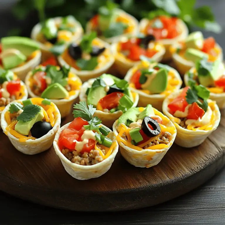 - Ground turkey or beef - Taco seasoning - Shredded cheddar cheese These main ingredients form the base of your Taco Ranch Bites. Ground turkey or beef gives the bites a hearty feel. I prefer using ground turkey for a leaner option. Taco seasoning adds bold flavor. You can choose a store-bought mix or make your own. Shredded cheddar cheese melts beautifully and adds richness. - Diced tomatoes - Sliced black olives - Chopped green onions Toppings add freshness and crunch. Diced tomatoes give a juicy burst. Sliced black olives bring a briny flavor. Chopped green onions add a mild onion taste and a pop of color. Feel free to mix and match! - Small flour tortillas - Mini taco shells - Avocado for topping Choose the right tortilla for your bites. Small flour tortillas are soft and easy to fold. Mini taco shells add a crisp texture. I also love adding diced avocado on top for creaminess. Avocado pairs well with the ranch dressing and cheese. Check out the [Full Recipe] to make your Taco Ranch Bites! First, you need to brown the ground turkey or beef. Heat a skillet over medium heat. Add the meat and cook for about 5-7 minutes. Stir it often until it is no longer pink. Once the meat is browned, drain any fat from the pan. Next, add the taco seasoning and a splash of water, about 1/4 cup. Mix it well and cook for another 2-3 minutes. The meat should be coated in the seasoning. Season with salt and pepper to taste. Now, let’s make the ranch mixture. In a bowl, combine ranch dressing and shredded cheddar cheese. Stir until both ingredients mix well. This creamy blend adds a nice flavor to the bites. You want it smooth so it spreads easily later. As you assemble the bites, lay out the mini tortillas or taco shells on a serving platter. Spoon a generous amount of the taco meat onto each tortilla. Next, drizzle the ranch cheese mixture on top of the meat. After that, add diced tomatoes, sliced olives, and chopped green onions. For a finishing touch, sprinkle diced avocado on top and garnish with fresh cilantro. This makes your Taco Ranch Bites look great and taste delicious. For the full recipe, check the section above. - Best practices for browning meat: Start with a hot skillet. This helps to sear the meat well. Use a spatula to break up the meat while it cooks. This ensures even cooking and flavor. Drain any excess fat to keep the bites light. - How to avoid soggy tortillas: Warm the tortillas before assembling. This keeps them pliable and helps with crispness. You can also lightly toast them in a dry skillet. This adds a nice crunch and prevents sogginess. - Suggestions for spicing up the filling: Add a pinch of cumin or smoked paprika to the meat. This adds depth and warmth. You can also mix in some chopped jalapeños for heat. A squeeze of lime juice brightens the flavors. - Combining different cheese varieties: Don’t just stick with cheddar. Try pepper jack for a kick or mozzarella for stretch. Mixing cheeses gives your bites a richer taste. Experiment to find your favorite combination. - Pairing ideas with sides or drinks: Serve Taco Ranch Bites with fresh guacamole or salsa. These dips add freshness and flavor. A light beer or a fruity mocktail pairs well, too. These drinks complement the savory taste. - Creative serving platters to impress guests: Use a big wooden board for a rustic look. Arrange the bites in circles or rows. Add small bowls of toppings around the platter. This makes it fun for guests to build their own bites. {{image_2}} You can swap ground turkey or beef for other proteins. Try ground chicken or lentils for a plant-based option. These alternatives work well in Taco Ranch Bites. For ranch dressing, look for dairy-free brands if you want a vegan option. You can also make your own. Blend cashews, lemon juice, and herbs. This keeps the creamy taste while being dairy-free. You can mix the flavors in many ways. For a Mexican twist, add jalapeños or cilantro. If you prefer Southwestern flavors, try smoked paprika or cumin. For a spicy kick, mix in some hot sauce or chili powder. Fresh herbs like cilantro and parsley can brighten the taste. Experiment to find the right balance for your taste buds. Taco Ranch Bites can become a fun dip. Just combine all the ingredients in a bowl. Serve with tortilla chips for scooping. You can also make a taco salad version. Layer the ingredients in a big bowl. Top with crushed tortilla chips and ranch dressing for crunch. This gives a fresh take on the classic bites. For the full recipe, check out the earlier section! To keep your Taco Ranch Bites fresh, store any leftovers in an airtight container. This helps seal in flavor and moisture. If you plan to eat them soon, place the container in the fridge. Taco Ranch Bites can last for about three to four days in refrigeration. For longer storage, consider freezing them. Wrap each bite in plastic wrap, then place them in a freezer bag. This way, they can stay fresh for about two to three months. When it’s time to enjoy your leftovers, reheating is key. Preheat your oven to 350°F (175°C). Place the Taco Ranch Bites on a baking sheet. Heat them for about 10-15 minutes or until warm. This method helps maintain their crispy texture. If you prefer a quicker option, use the microwave. Heat them on a microwave-safe plate for about 30 seconds to one minute. Be careful not to overheat, as this can make them tough. Taco Ranch Bites last about three to four days in the fridge. After this time, their quality may drop. Look for signs of spoilage, like a sour smell or mold. If you notice any, it’s best to toss them. Proper storage can keep your bites tasting fresh and delicious! Taco Ranch Bites blend classic Mexican flavors with American comfort food. Tacos are a staple in Mexican cuisine, dating back to the 18th century. The idea of combining tacos with ranch dressing grew popular in the U.S. during the 1980s. This fusion creates a fun, finger-food version of tacos, perfect for gatherings. Yes, you can prep Taco Ranch Bites in advance. Start by cooking the meat and mixing the ranch dressing with cheese. Once cooked, let the meat cool. Store it in an airtight container. You can also prepare the toppings and keep them separate. Assemble the bites right before serving to keep everything fresh. Taco Ranch Bites pair well with many dips. Here are some great options: - Salsa: Adds fresh flavor and spice. - Guacamole: Creamy and rich, it balances the crunch. - Sour cream: Offers a cool, tangy contrast. - Extra ranch dressing: For those who love that creamy taste. These dips enhance the bites and make them even more enjoyable! Taco Ranch Bites are quick and fun to make. We covered key ingredients, like ground turkey or beef, and the perfect toppings. You learned to cook the meat right and create a tasty ranch mix. I shared tips for great flavor and serving ideas. You can even try new variations to keep things exciting. In the end, these bites are ideal for gatherings or a cozy night in. Enjoy making them your own!