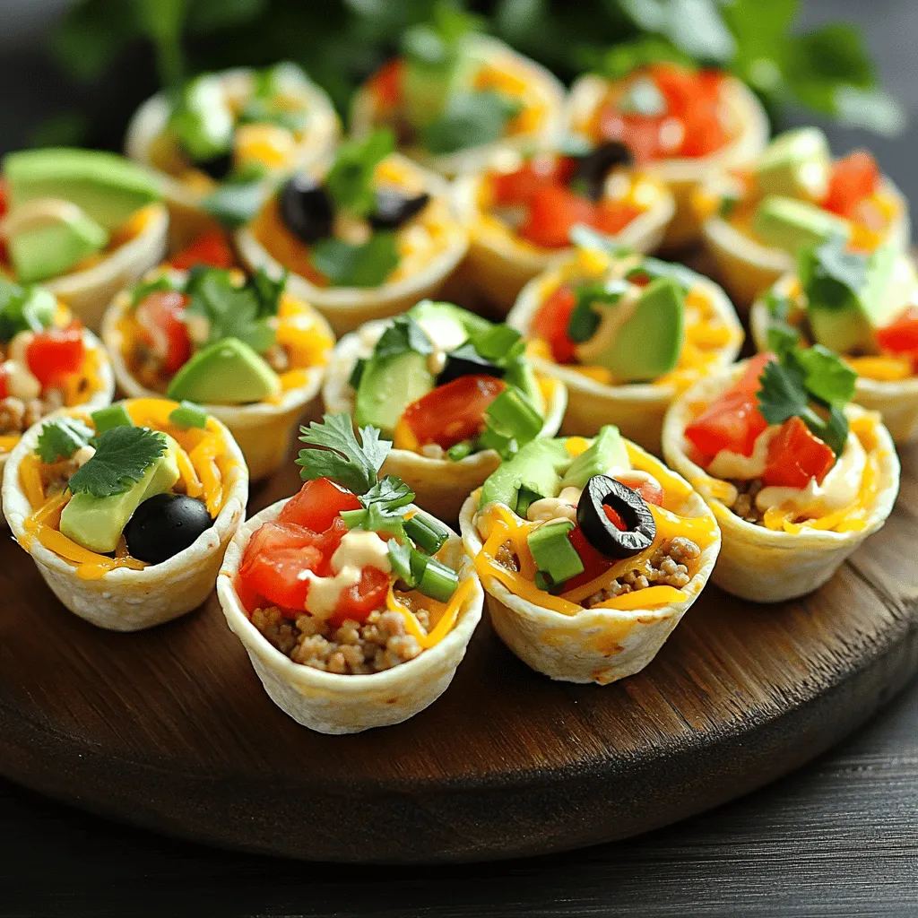 - Ground turkey or beef - Taco seasoning - Shredded cheddar cheese These main ingredients form the base of your Taco Ranch Bites. Ground turkey or beef gives the bites a hearty feel. I prefer using ground turkey for a leaner option. Taco seasoning adds bold flavor. You can choose a store-bought mix or make your own. Shredded cheddar cheese melts beautifully and adds richness. - Diced tomatoes - Sliced black olives - Chopped green onions Toppings add freshness and crunch. Diced tomatoes give a juicy burst. Sliced black olives bring a briny flavor. Chopped green onions add a mild onion taste and a pop of color. Feel free to mix and match! - Small flour tortillas - Mini taco shells - Avocado for topping Choose the right tortilla for your bites. Small flour tortillas are soft and easy to fold. Mini taco shells add a crisp texture. I also love adding diced avocado on top for creaminess. Avocado pairs well with the ranch dressing and cheese. Check out the [Full Recipe] to make your Taco Ranch Bites! First, you need to brown the ground turkey or beef. Heat a skillet over medium heat. Add the meat and cook for about 5-7 minutes. Stir it often until it is no longer pink. Once the meat is browned, drain any fat from the pan. Next, add the taco seasoning and a splash of water, about 1/4 cup. Mix it well and cook for another 2-3 minutes. The meat should be coated in the seasoning. Season with salt and pepper to taste. Now, let’s make the ranch mixture. In a bowl, combine ranch dressing and shredded cheddar cheese. Stir until both ingredients mix well. This creamy blend adds a nice flavor to the bites. You want it smooth so it spreads easily later. As you assemble the bites, lay out the mini tortillas or taco shells on a serving platter. Spoon a generous amount of the taco meat onto each tortilla. Next, drizzle the ranch cheese mixture on top of the meat. After that, add diced tomatoes, sliced olives, and chopped green onions. For a finishing touch, sprinkle diced avocado on top and garnish with fresh cilantro. This makes your Taco Ranch Bites look great and taste delicious. For the full recipe, check the section above. - Best practices for browning meat: Start with a hot skillet. This helps to sear the meat well. Use a spatula to break up the meat while it cooks. This ensures even cooking and flavor. Drain any excess fat to keep the bites light. - How to avoid soggy tortillas: Warm the tortillas before assembling. This keeps them pliable and helps with crispness. You can also lightly toast them in a dry skillet. This adds a nice crunch and prevents sogginess. - Suggestions for spicing up the filling: Add a pinch of cumin or smoked paprika to the meat. This adds depth and warmth. You can also mix in some chopped jalapeños for heat. A squeeze of lime juice brightens the flavors. - Combining different cheese varieties: Don’t just stick with cheddar. Try pepper jack for a kick or mozzarella for stretch. Mixing cheeses gives your bites a richer taste. Experiment to find your favorite combination. - Pairing ideas with sides or drinks: Serve Taco Ranch Bites with fresh guacamole or salsa. These dips add freshness and flavor. A light beer or a fruity mocktail pairs well, too. These drinks complement the savory taste. - Creative serving platters to impress guests: Use a big wooden board for a rustic look. Arrange the bites in circles or rows. Add small bowls of toppings around the platter. This makes it fun for guests to build their own bites. {{image_2}} You can swap ground turkey or beef for other proteins. Try ground chicken or lentils for a plant-based option. These alternatives work well in Taco Ranch Bites. For ranch dressing, look for dairy-free brands if you want a vegan option. You can also make your own. Blend cashews, lemon juice, and herbs. This keeps the creamy taste while being dairy-free. You can mix the flavors in many ways. For a Mexican twist, add jalapeños or cilantro. If you prefer Southwestern flavors, try smoked paprika or cumin. For a spicy kick, mix in some hot sauce or chili powder. Fresh herbs like cilantro and parsley can brighten the taste. Experiment to find the right balance for your taste buds. Taco Ranch Bites can become a fun dip. Just combine all the ingredients in a bowl. Serve with tortilla chips for scooping. You can also make a taco salad version. Layer the ingredients in a big bowl. Top with crushed tortilla chips and ranch dressing for crunch. This gives a fresh take on the classic bites. For the full recipe, check out the earlier section! To keep your Taco Ranch Bites fresh, store any leftovers in an airtight container. This helps seal in flavor and moisture. If you plan to eat them soon, place the container in the fridge. Taco Ranch Bites can last for about three to four days in refrigeration. For longer storage, consider freezing them. Wrap each bite in plastic wrap, then place them in a freezer bag. This way, they can stay fresh for about two to three months. When it’s time to enjoy your leftovers, reheating is key. Preheat your oven to 350°F (175°C). Place the Taco Ranch Bites on a baking sheet. Heat them for about 10-15 minutes or until warm. This method helps maintain their crispy texture. If you prefer a quicker option, use the microwave. Heat them on a microwave-safe plate for about 30 seconds to one minute. Be careful not to overheat, as this can make them tough. Taco Ranch Bites last about three to four days in the fridge. After this time, their quality may drop. Look for signs of spoilage, like a sour smell or mold. If you notice any, it’s best to toss them. Proper storage can keep your bites tasting fresh and delicious! Taco Ranch Bites blend classic Mexican flavors with American comfort food. Tacos are a staple in Mexican cuisine, dating back to the 18th century. The idea of combining tacos with ranch dressing grew popular in the U.S. during the 1980s. This fusion creates a fun, finger-food version of tacos, perfect for gatherings. Yes, you can prep Taco Ranch Bites in advance. Start by cooking the meat and mixing the ranch dressing with cheese. Once cooked, let the meat cool. Store it in an airtight container. You can also prepare the toppings and keep them separate. Assemble the bites right before serving to keep everything fresh. Taco Ranch Bites pair well with many dips. Here are some great options: - Salsa: Adds fresh flavor and spice. - Guacamole: Creamy and rich, it balances the crunch. - Sour cream: Offers a cool, tangy contrast. - Extra ranch dressing: For those who love that creamy taste. These dips enhance the bites and make them even more enjoyable! Taco Ranch Bites are quick and fun to make. We covered key ingredients, like ground turkey or beef, and the perfect toppings. You learned to cook the meat right and create a tasty ranch mix. I shared tips for great flavor and serving ideas. You can even try new variations to keep things exciting. In the end, these bites are ideal for gatherings or a cozy night in. Enjoy making them your own!