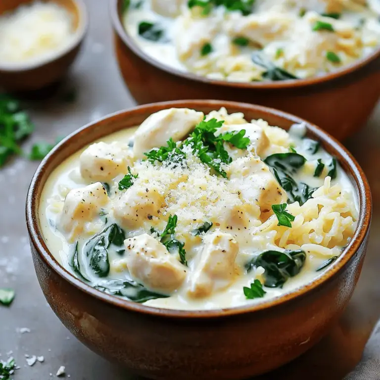 To make Creamy Garlic Chicken & Rice Bowls, gather these key items: - 2 cups cooked jasmine rice - 1 pound chicken breast, diced - 4 cloves garlic, minced - 1 cup heavy cream - 1 cup chicken broth - 1 cup spinach, fresh - 1/2 cup grated Parmesan cheese - 2 tablespoons olive oil - 1 teaspoon Italian seasoning - Salt and pepper to taste - Fresh parsley, for garnish You will need a few tools to cook this dish: - Large skillet - Wooden spoon or spatula - Measuring cups - Measuring spoons - Knife and cutting board - Serving bowls Here are some simple tips for measuring and preparing your ingredients: - Use dry measuring cups for rice and cheese. - Use a liquid measuring cup for the cream and broth. - Dice the chicken evenly for uniform cooking. - Mince the garlic finely for the best flavor. - Wash and dry the spinach before adding it to the dish. - Gather all your ingredients before you start cooking. This saves time and keeps you organized. Following these steps will make your cooking process smooth and enjoyable. For the complete recipe, refer to the Full Recipe section above. First, gather all your ingredients. You will need: - 2 cups cooked jasmine rice - 1 pound chicken breast, diced - 4 cloves garlic, minced - 1 cup heavy cream - 1 cup chicken broth - 1 cup spinach, fresh - 1/2 cup grated Parmesan cheese - 2 tablespoons olive oil - 1 teaspoon Italian seasoning - Salt and pepper to taste - Fresh parsley, for garnish Start by washing your hands and cleaning your work area. Dice the chicken breast into small, even pieces. Mince the garlic cloves finely. Rinse the spinach under cold water and pat it dry. This prep makes cooking smooth and easy. Heat a large skillet over medium-high heat. Add the olive oil and let it warm up. Once hot, add the diced chicken. Sprinkle salt, pepper, and Italian seasoning on top. Stir the chicken pieces often. Cook for about 6-8 minutes. You want them golden and cooked through. Once done, remove the chicken from the skillet and set it aside on a plate. This step ensures the chicken stays juicy and tender while you make the sauce. In the same skillet, add the minced garlic. Sauté for 1-2 minutes until it smells great. Be careful not to burn it. Next, pour in the chicken broth. This helps to lift the tasty bits stuck to the bottom of the pan. Scrape the pan with a spatula to deglaze it. Lower the heat and stir in the heavy cream. Add the grated Parmesan cheese, mixing until smooth. Cook this for about 3-4 minutes until it becomes creamy. Now, toss in the fresh spinach and cook until it wilts, which takes about 2 minutes. Return the cooked chicken to the skillet. Stir it into the creamy sauce and heat for another 2 minutes. Adjust the seasoning with salt and pepper to your taste. Finally, serve this creamy garlic chicken over jasmine rice. Garnish with fresh parsley for a nice touch. Follow the [Full Recipe] for complete instructions and enjoy your meal! To get the best texture and flavor in your creamy garlic chicken and rice bowls, focus on a few key steps. First, cook the chicken until it is golden brown. This adds a nice flavor. Use fresh garlic for the best taste. It will make your dish pop! When adding cream, lower the heat to avoid boiling. This keeps your sauce smooth and thick. Always taste your sauce before serving. You can adjust salt and pepper to your liking. One common mistake is overcooking the chicken. This can make it dry. Cook it just until it is no longer pink. Another error is burning the garlic. Sauté it for only one to two minutes. If it turns brown, it will taste bitter. Avoid not deglazing the skillet. This step adds depth to your sauce. Finally, don’t skip the fresh spinach! It adds color and nutrients to your dish. Plating your creamy garlic chicken and rice bowls nicely makes a big difference. Start by scooping a generous amount of rice into each bowl. Then, spoon the creamy chicken mixture on top. For a bright touch, sprinkle fresh parsley over each bowl. You can also add a few extra shavings of Parmesan cheese for flair. Serve with lemon wedges on the side to brighten the dish. This simple garnish can elevate your meal's look and taste. For the full recipe, check out the complete guide above. {{image_2}} You can switch chicken for other proteins. Shrimp is a great choice. Cook it quickly in the pan. It will soak up the garlic flavor well. Tofu is another option. Use firm tofu for the best texture. Cut it into cubes and sauté until golden. Both options keep the dish tasty and fun! Adding more vegetables can boost the nutrition. Try bell peppers for a sweet crunch. They add color and flavor. Broccoli is another great choice. It pairs well with garlic and cream. You can also toss in peas or carrots for extra sweetness. Feel free to mix and match your favorite veggies. If you need a gluten-free version, use gluten-free broth. You can also swap the rice for quinoa. For a dairy-free option, replace the cream with coconut milk. It offers a rich taste without dairy. Make sure to check labels on all products to avoid gluten or dairy. These simple swaps keep the meal delicious for everyone! To keep your Creamy Garlic Chicken & Rice Bowls fresh, let them cool first. Use airtight containers for storage. This helps prevent air and moisture from ruining the meal. Store your leftovers in the fridge for up to three days. If you want to keep them longer, consider freezing. When you want to enjoy your leftovers, reheat them gently. Use a microwave or a skillet. For the microwave, place the dish in a safe bowl. Heat it in short bursts, stirring in between. If using a skillet, add a splash of chicken broth for moisture. This helps the rice stay fluffy and the chicken juicy. Heat until warmed through. To freeze your Creamy Garlic Chicken & Rice Bowls, portion them into single servings. Use freezer-safe containers or bags. Label them with the date for easy tracking. You can freeze the dish for up to three months. To thaw, move it to the fridge overnight. Reheat as mentioned above for the best taste. To make Creamy Garlic Chicken & Rice Bowls, follow these steps. First, heat olive oil in a skillet. Add diced chicken and season it with salt, pepper, and Italian seasoning. Cook until the chicken is golden. Remove it from the skillet. Next, sauté minced garlic until fragrant. Pour in chicken broth, scraping the skillet to mix in any bits. Then, lower the heat and add heavy cream and Parmesan cheese. Stir until smooth. Add fresh spinach and let it wilt. Finally, return the chicken to the skillet and heat it through. Serve over jasmine rice and garnish with parsley. You can find the Full Recipe above for more details. Yes, you can use other types of rice. Long-grain rice works well. Brown rice adds more fiber but takes longer to cook. Quinoa is a great gluten-free option. Basmati rice offers a nice aroma and flavor. Just adjust the cooking time based on the rice you choose. Creamy Garlic Chicken & Rice Bowls pair nicely with various sides. A fresh garden salad adds crunch. Steamed broccoli or green beans are healthy choices. Garlic bread can enhance the meal's flavor. You can also serve a light soup, like minestrone, as a starter. These options will round out your dinner nicely. You now have all the steps to make Creamy Garlic Chicken & Rice Bowls. Starting with the right ingredients and tools sets you up for success. Follow the preparation and cooking instructions closely for the best results. Remember specific tips to avoid common mistakes, and explore variations to suit your taste. Storing and reheating properly ensures the dish stays delicious. I hope this guide helps you enjoy a tasty meal, perfect for any occasion. Happy cooking!