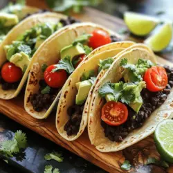 To make black bean tacos, gather these items: - 1 can (15 oz) black beans, rinsed and drained - 1 tablespoon olive oil - 1 small onion, diced - 2 cloves garlic, minced - 1 teaspoon ground cumin - 1 teaspoon smoked paprika - 1/2 teaspoon cayenne pepper (optional for spice) - Salt and pepper to taste - 8 small corn tortillas - 1 cup cherry tomatoes, halved - 1 avocado, diced - 1/4 cup fresh cilantro, chopped - Lime wedges for serving If you need substitutes, consider these options: - Use pinto beans instead of black beans for a different flavor. - Canola oil works well in place of olive oil. - Red onion can replace yellow onion for a bite. - Garlic powder is a quick swap for fresh garlic. - Omit cayenne pepper for milder tacos. - Flour tortillas can replace corn tortillas if needed. - Any fresh herb can work instead of cilantro, like parsley. Black bean tacos are tasty and nutritious. Each serving has about: - Calories: 380 - Protein: 14g - Carbohydrates: 54g - Fat: 14g - Fiber: 12g They also provide important vitamins and minerals, including: - Vitamin C from tomatoes and lime - Potassium from black beans and avocado - Folate from black beans for overall health These tacos are not only quick to make but also full of nourishment! For the full recipe, please refer to the earlier section. To make these black bean tacos, start by gathering your ingredients. You'll need black beans, olive oil, onion, garlic, spices, tortillas, and toppings. I suggest using fresh ingredients for the best flavor. 1. Heat the skillet: Pour the olive oil into a skillet over medium heat. This step is crucial for flavor. 2. Sauté the onion: Add the diced onion to the hot oil. Cook until it becomes soft and see-through. This takes about 3-4 minutes. The onion adds sweetness. 3. Add garlic: Stir in minced garlic. Cook for another minute. The garlic will smell great and add depth. 4. Mix in the black beans: Add rinsed black beans, cumin, smoked paprika, cayenne, salt, and pepper. Use a fork to mash some beans. This helps blend the flavors. Cook for 5-7 minutes until heated through. 5. Warm the tortillas: In a second skillet, warm the corn tortillas on low heat. Flip them after 30 seconds. They should be soft and easy to fold. 6. Assemble the tacos: Spoon the black bean mixture into each tortilla. Top with halved cherry tomatoes, diced avocado, and chopped cilantro. 7. Serve: Add lime wedges on the side. A squeeze of lime enhances the taste. The total time to make these tacos is about 25 minutes. Here’s how it breaks down: - Prep time: 10 minutes for chopping and gathering. - Cooking time: 15 minutes for sautéing and warming. Each step flows into the next, making this a quick and easy meal. Enjoy your homemade black bean tacos! For the full recipe, check out the earlier section. To make your black bean tacos shine, focus on flavor and texture. Start by adding spices. Ground cumin and smoked paprika bring warmth and depth. If you want heat, add cayenne pepper. Always taste and adjust the salt and pepper. For a great texture, mash some black beans while cooking. This gives a creamy base while keeping some whole beans for a nice bite. Remember, fresh toppings make a big difference too! Use ripe avocado, bright cherry tomatoes, and fresh cilantro to add color and freshness. A squeeze of lime juice just before serving gives a zesty kick. You don’t need fancy gadgets to make these tacos, but some tools help. A good skillet is key for cooking your filling. A sturdy spatula helps in mixing and mashing. Also, use a cutting board and a sharp knife for prepping your veggies. For quick and easy tortilla warming, a non-stick pan works well. If you love tacos, consider investing in a tortilla warmer. It keeps your tortillas warm and soft until you’re ready to eat. These tools make cooking a breeze and keep things fun in the kitchen. You can find the Full Recipe to guide you through your cooking process. {{image_2}} You can switch black beans for other legumes like pinto beans or chickpeas. Each gives a new flavor. If you want protein, try shredded chicken or ground turkey. For a vegan touch, use lentils. They cook fast and add great taste. Top your tacos with fresh ingredients. Chopped tomatoes and diced avocado add creaminess. You can sprinkle cheese on top for extra richness. I love using cotija cheese, but any cheese works well. Add spices to boost flavor. Try a pinch of oregano or fresh cilantro. A splash of lime juice brightens the taste. If you like heat, drizzle hot sauce or add jalapeños. These tweaks make your meal fun and tasty! For the full recipe, check out the link. To keep your black bean tacos fresh, store them in an airtight container. This method helps prevent moisture loss and keeps the flavors intact. If you have leftover beans and toppings, store them separately. In the fridge, they will last about three to four days. If you want to keep them longer, consider freezing. The black bean mixture freezes well and can last up to three months. Just make sure to cool it completely before placing it in the freezer. When reheating your tacos, avoid the microwave if possible. It can make the tortillas soggy. Instead, use a skillet. Heat the skillet over medium heat, then place the tacos in it for about one to two minutes on each side. This method keeps them crispy. If you have leftover black bean filling, you can heat it in the skillet as well. If you want to get creative, consider using leftovers in a quesadilla or on a salad. The black bean mixture works great as a topping for nachos, too! What can I substitute for corn tortillas? You can use flour tortillas if you prefer. Lettuce wraps also work well for a low-carb option. Even large corn leaves can be used for a unique twist. Are black bean tacos gluten-free? Yes, black bean tacos are gluten-free when made with corn tortillas. Always check labels to ensure no gluten is present in your ingredients. Can I make these tacos ahead of time? Yes, you can prepare the black bean filling ahead of time. Store it in the fridge for up to three days. Just warm it before serving. Assemble tacos right before eating for best results. Nutritional benefits of black beans Black beans are rich in protein and fiber. They help keep you full and satisfied. They also provide essential vitamins and minerals like folate and magnesium. This makes them a healthy choice for meals. Serving suggestions and side dishes that pair well Serve black bean tacos with a fresh salad or corn salsa. Guacamole or a side of rice complements them nicely. You can also add a dollop of sour cream or yogurt for creaminess. These sides enhance the meal's flavor and texture. In this article, we explored how to make tasty black bean tacos. We covered the needed ingredients, including substitutes. You learned about their nutrition, plus expert tips to enhance flavor and texture. We discussed variations, storage methods, and answered common questions. With these insights, you can create delicious tacos tailored to your taste. Enjoy experimenting and sharing your new taco knowledge with others!