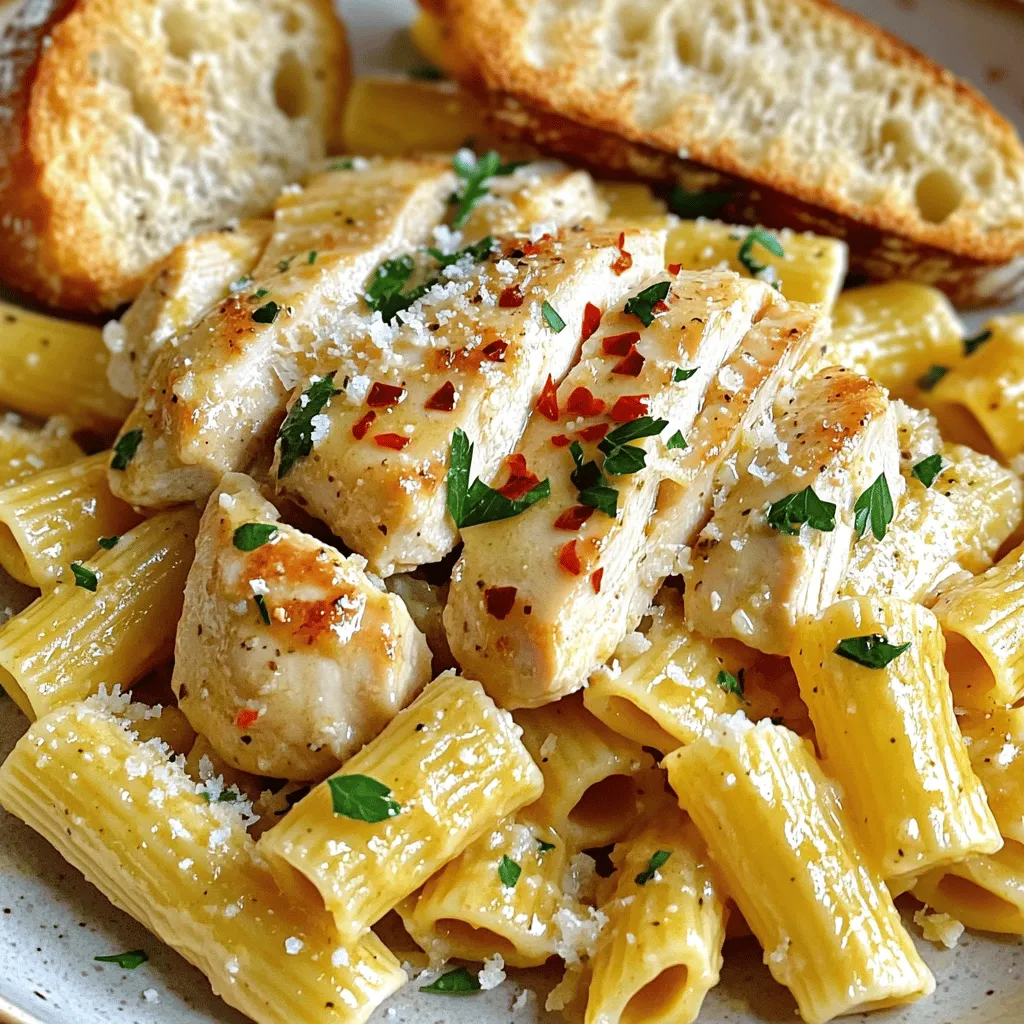 - 8 oz rigatoni pasta - 4 boneless, skinless chicken breasts - 4 cloves garlic, minced - 1/4 cup unsalted butter - 2 tablespoons olive oil - 1 teaspoon Italian seasoning - 1/2 teaspoon red pepper flakes (optional) - Salt and black pepper to taste - 1/2 cup grated Parmesan cheese - Fresh parsley, chopped (for garnish) To make this Garlic Butter Chicken with Rigatoni, gather all the ingredients first. Start with the rigatoni pasta, which provides a hearty base. Next, use chicken breasts for a juicy protein. The garlic brings strong flavor, while unsalted butter adds creaminess. Olive oil helps cook the chicken perfectly. Italian seasoning brings warmth and depth. If you like a kick, add red pepper flakes. Don’t forget salt and black pepper for the right taste. Finally, finish with grated Parmesan cheese and fresh parsley for a nice touch. This dish is not only quick but also packs a lot of flavor in every bite. You can find the full recipe above to guide you through each step. Enjoy your cooking! First, boil a large pot of water. Add a pinch of salt to the water. Cook 8 oz of rigatoni pasta until al dente. This usually takes about 10-12 minutes. Stir occasionally to prevent sticking. Once cooked, drain the pasta in a colander. Reserve 1/2 cup of the pasta water for later use. Next, take 4 boneless, skinless chicken breasts. Season both sides with salt and black pepper. Heat 2 tablespoons of olive oil in a large skillet over medium heat. Add the chicken to the skillet. Cook each side for about 6-7 minutes until golden brown and fully cooked. Check that the internal temperature reaches 165°F. Once done, remove the chicken from the skillet. Let it rest for a few minutes before slicing it into strips. In the same skillet, add 4 cloves of minced garlic and 1/4 cup of unsalted butter. Sauté the garlic for about 1-2 minutes until fragrant and lightly golden. Be careful not to burn the garlic. Next, stir in 1 teaspoon of Italian seasoning and 1/2 teaspoon of red pepper flakes if you like a bit of heat. Mix well to combine the flavors. Add the cooked rigatoni pasta to the skillet with the garlic butter sauce. Toss the pasta to coat it well. If the mixture seems dry, add some of the reserved pasta water until it reaches your desired consistency. Then gently fold in the sliced chicken breast. Finish by sprinkling 1/2 cup of grated Parmesan cheese over the top. Toss everything together until heated through. Serve hot, garnished with chopped fresh parsley for added color and flavor. For the full recipe, click here. To ensure your chicken is cooked perfectly, use a meat thermometer. Chicken should reach 165°F. This keeps it juicy and safe to eat. Cook the chicken for about 6-7 minutes on each side. Look for a golden brown color. Let it rest before slicing to keep the juices inside. For al dente pasta, cook the rigatoni just until it's firm but not hard. Check the package for timing but taste it a minute early. Al dente pasta offers a nice bite and holds sauce well. Remember to reserve some pasta water; it helps create a silky sauce. For presentation, plate the garlic butter chicken over the rigatoni. Sprinkle extra Parmesan and chopped parsley on top for color. This makes the dish look fresh and inviting. Serve with crusty bread to soak up the delicious sauce. Pair the meal with a light salad or steamed vegetables. A glass of white wine or sparkling water can elevate the dining experience. These sides add balance and brighten the flavors of the chicken and pasta. {{image_2}} You can change the protein in this dish. Shrimp works well if you want seafood. Tofu is a great option for a plant-based meal. Both choices add new flavors and textures. For pasta, you can swap rigatoni with other shapes. Penne or farfalle are good options, too. Each pasta shape holds the sauce differently, giving a unique feel to your meal. Adding extra herbs and spices can enhance the dish. Fresh basil or oregano brings a garden-fresh taste. You can also add a pinch of nutmeg for warmth. Incorporating vegetables adds color and nutrition. Spinach or sun-dried tomatoes mix well with the sauce. You can sauté them with garlic for extra flavor. For the full recipe, check out the complete instructions and tips. Enjoy experimenting! To keep your garlic butter chicken with rigatoni fresh, follow these steps: - Allow the dish to cool down to room temperature. - Transfer it to an airtight container. - Store it in the fridge. This meal stays tasty for about 3-4 days in the fridge. If you want to keep it longer, consider freezing it. Just make sure to use a freezer-safe container. It can last up to 2 months in the freezer. Reheating can dry out your chicken and pasta. Here are some tips to keep your meal moist: - Place the leftovers in a skillet over low heat. - Add a splash of water or chicken broth to help steam the dish. - Stir gently to mix in the moisture. You can also use the microwave. Cover the dish with a damp paper towel and heat in short bursts. This keeps the chicken juicy and the pasta creamy. Enjoy your quick dinner again! For the full recipe, check out the detailed steps. It takes about 30 minutes to make Garlic Butter Chicken with Rigatoni. The prep time is around 10 minutes, while cooking takes about 20 minutes. This dish is quick and easy, perfect for busy weeknights. Yes, you can use whole wheat pasta. It adds more fiber and nutrients to your meal. Just keep an eye on the cooking time, as whole wheat pasta may take a little longer to cook. Follow the package instructions for best results. You can serve Garlic Butter Chicken with many sides. Here are some great options: - A fresh green salad - Garlic bread - Steamed vegetables like broccoli or green beans - Roasted potatoes These sides balance the richness of the dish and add more flavor. Yes, this recipe is great for meal prep. You can store the chicken and pasta in airtight containers. It stays fresh in the fridge for up to three days. Just reheat it in the microwave or on the stove before serving. Yes, you can make this dish dairy-free. Use a dairy-free butter alternative and skip the Parmesan cheese. The garlic and seasoning will still create a tasty sauce. You won't miss the dairy when you enjoy this flavorful meal. In this blog post, we covered a tasty recipe for Garlic Butter Chicken with Rigatoni. You learned about all the ingredients, from rigatoni pasta to fresh parsley. I shared step-by-step cooking instructions and tips for perfect chicken and pasta. You also discovered serving ideas, ingredient swaps, and how to store leftovers. Embrace your cooking journey with this dish. It's simple, flavorful, and fun to make. Enjoy your meals and share them with others!