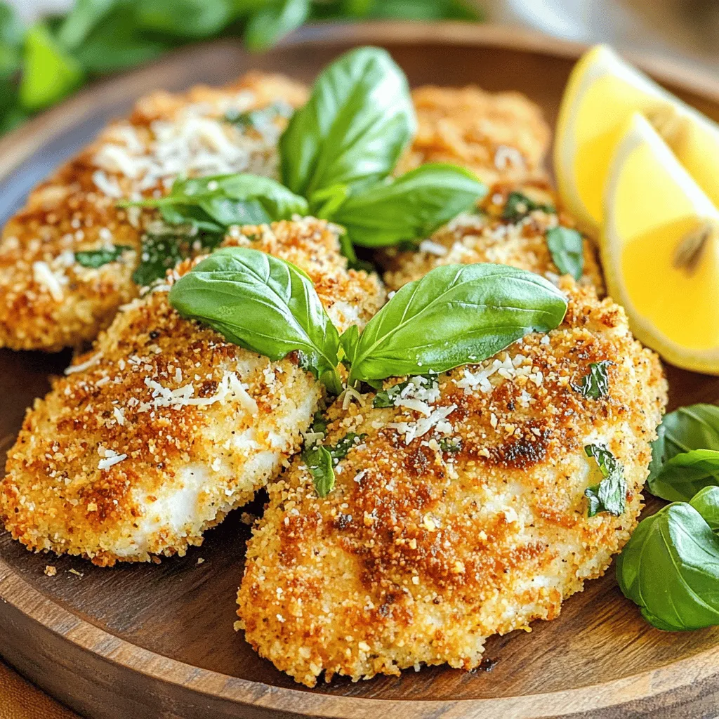 To make Italian Basil Chicken Cutlets, you will need the following ingredients: - 4 boneless, skinless chicken breasts - 1 cup breadcrumbs (preferably Italian seasoned) - 1/2 cup grated Parmesan cheese - 1/4 cup fresh basil leaves, finely chopped - 2 cloves garlic, minced - 1 teaspoon dried oregano - Salt and pepper to taste - 2 large eggs - 1/4 cup all-purpose flour - Olive oil for frying - Lemon wedges for serving These ingredients bring a burst of flavor to your meal. The fresh basil adds a lovely aroma, while garlic and cheese create a rich taste. The Italian seasoned breadcrumbs give the cutlets that perfect crunch. You will love how these simple ingredients come together to create a crispy and flavorful dish. For the full recipe, check out the complete cooking instructions. To start, you need to prepare the chicken. Place each chicken breast between two sheets of plastic wrap. Then, gently pound them to an even thickness. Aim for about 1/2 inch thick. This step is key. It helps the chicken cook evenly and stay juicy. Next, set up a clean work area. A tidy space keeps things organized. It also helps you avoid any mess. Make sure you have everything you need close by. This includes your chicken, tools, and ingredients. Now, let’s move on to the breading. First, whisk the eggs in a shallow bowl. In another bowl, mix the breadcrumbs, Parmesan cheese, chopped basil, minced garlic, oregano, salt, and pepper. This mixture adds a lot of flavor. Next, set up your breading station. Dredge each chicken cutlet in the flour first. Shake off any extra flour. Then, dip it into the egg wash. Finally, coat it with the breadcrumb mixture. Press lightly to help it stick well. This will give you a crispy texture. For cooking, heat enough olive oil in a large skillet. You want about 1/4 inch deep oil. Set the heat to medium. Wait until the oil is hot, but not smoking. Carefully add the breaded chicken cutlets. Don't overcrowd the pan; this helps them fry nicely. Cook the chicken cutlets for about 4-5 minutes on each side. They should turn golden brown. Use a meat thermometer to check doneness. The chicken should read 165°F (75°C). Once done, transfer the cutlets to a paper towel-lined plate. This drains any excess oil. For the full recipe, refer to the instructions above. Enjoy your crispy and flavorful Italian Basil Chicken Cutlets! To get crispy cutlets, oil temperature matters. Heat your olive oil until it shimmers but does not smoke. You can test it by dropping a breadcrumb in. If it sizzles, you're ready to go! Avoid overcrowding the pan. Place only a few cutlets at a time. This keeps the oil hot and helps each cutlet fry evenly. If you crowd the pan, they will steam instead of crisp up. Feel free to adjust seasonings to suit your taste. Add a pinch of red pepper flakes for heat or swap out oregano for Italian seasoning. You can also add more herbs. Try thyme or parsley along with basil. Fresh herbs provide a bright punch of flavor. Don't be shy; experiment until you find your perfect mix! For more tips and a detailed cooking process, check out the Full Recipe. {{image_2}} You can change up the recipe for Italian Basil Chicken Cutlets to suit your needs. - Gluten-free breadcrumb options: If you need a gluten-free dish, use gluten-free breadcrumbs. They work well and still provide a nice crunch. Look for brands that are made with rice or corn flour. You can also crush gluten-free crackers as a good substitute. - Using chicken thighs instead of breasts: Chicken thighs add a richer flavor. They stay moist during cooking, making them a great choice. Just make sure to adjust the cooking time, as thighs may take a bit longer to cook through. Pair your Italian Basil Chicken Cutlets with tasty sides for a complete meal. - Pairing with sides like pasta or salad: A fresh salad brightens up the plate. You can also serve the cutlets with pasta tossed in olive oil and garlic. This pairs nicely with the flavors of the chicken. - Creative dipping sauces ideas: Try a zesty lemon aioli or a simple marinara sauce for dipping. These sauces add fun flavors and keep your meal exciting. You can also mix Greek yogurt with herbs for a creamy dip. To keep your Italian Basil Chicken Cutlets fresh, use airtight containers. Glass containers work best. Place the cutlets in a single layer to avoid sogginess. If you have multiple layers, add parchment paper between them. Store in the fridge for up to three days. To reheat and maintain crispiness, use an oven. Preheat it to 375°F (190°C). Place the cutlets on a baking sheet. Bake for about 10-15 minutes, flipping halfway through. This method keeps them crisp and tasty. You can also use an air fryer. Set it to 350°F (175°C) for 5-7 minutes. Enjoy your flavorful meal again! For the full recipe, click here. Italian Basil Chicken Cutlets last about 3 to 4 days in the fridge. Store them in an airtight container. This helps keep them fresh and tasty. If you want to enjoy them later, just remember to check for any signs of spoilage before eating. Yes, you can freeze Italian Basil Chicken Cutlets! Here’s how: 1. Cool completely. Let the cooked cutlets cool to room temperature. 2. Wrap tightly. Use plastic wrap or aluminum foil to wrap each cutlet. This keeps out air. 3. Use freezer bags. Place the wrapped cutlets into a freezer bag. Squeeze out as much air as you can before sealing. 4. Label and date. Write the date on the bag for easy tracking. 5. Freeze. They can last for up to 3 months in the freezer. Serve Italian Basil Chicken Cutlets with fresh lemon wedges. This adds a bright flavor. You can also pair them with a side salad or pasta. A sprinkle of extra basil can make it look even better. Consider adding a dip, like marinara or garlic sauce, for extra flavor. If the chicken is not cooking evenly, here are some tips: - Pound evenly. Make sure the chicken cutlets are an even thickness before cooking. - Check the heat. Ensure your oil is hot enough. If it's too low, the chicken may cook slowly. - Avoid overcrowding. Don’t place too many cutlets in the pan at once. This can lower the oil temperature and lead to uneven cooking. - Use a meat thermometer. Check the inside temperature. It should be 165°F (75°C) to be safe. To add heat to Italian Basil Chicken Cutlets, try these ideas: - Add red pepper flakes. Mix them into the breadcrumb mixture for a kick. - Use spicy sausage. You can blend some into your breadcrumb mix for added spice. - Try spicy sauces. Serve the cutlets with a spicy marinara or hot sauce on the side. - Incorporate hot sauce. Add a few drops of your favorite hot sauce into the egg wash for a subtle heat. This post covered how to make Italian Basil Chicken Cutlets. We discussed ingredients, step-by-step cooking, and tips for great results. You now have options for storage and ways to serve. Remember, perfecting your cutlets takes practice, but you can do it! Explore variations to keep the dish fresh and exciting. Use this guide to make your meals tasty and fun. Enjoy your cooking journey and impress your friends and family with your skills!