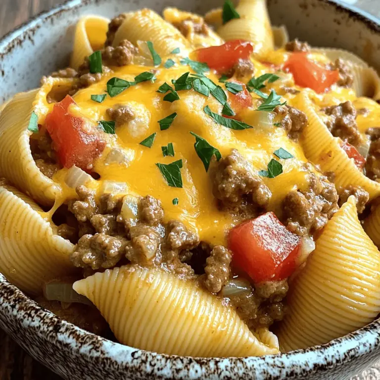- 1 pound ground beef - 8 ounces large pasta shells - 1 small onion, finely chopped - 2 cloves garlic, minced - 1 can (15 ounces) diced tomatoes (with juices) - 1 cup beef broth - 1 teaspoon Italian seasoning - 1 teaspoon paprika - 1 cup sour cream - 1 cup shredded cheddar cheese - Salt and pepper to taste - Fresh parsley, chopped (for garnish) To create Easy & Creamy Beef and Shells, these ingredients work together to build a rich and satisfying meal. The ground beef gives protein and flavor, while the pasta shells soak up the creamy sauce. I love using diced tomatoes for a pop of color and a touch of sweetness. The beef broth adds depth, while the Italian seasoning and paprika infuse warmth. Sour cream and cheddar cheese make this dish creamy and cheesy. Always taste and adjust salt and pepper to enhance flavors. A sprinkle of fresh parsley at the end adds brightness and a lovely touch. You can find the full recipe with step-by-step instructions to guide you in the kitchen. - Begin by cooking the pasta shells according to package instructions until al dente. - Drain and set aside. This step is key for the right texture. - In a large skillet over medium heat, add the ground beef. - Cook until browned, about 5-7 minutes. - Break it up with a spatula as it cooks. - If needed, drain the excess fat for a lighter dish. - Add the chopped onion and minced garlic to the skillet with the ground beef. - Sauté for about 3-4 minutes until the onion is soft and fragrant. - Next, stir in the diced tomatoes, beef broth, Italian seasoning, and paprika. - Bring the mixture to a simmer. Allow it to cook for about 5 minutes to blend the flavors. - Lower the heat and mix in the sour cream and cheddar cheese. Stir until the cheese melts and the sauce becomes creamy. - Finally, add the cooked pasta shells into the skillet. Gently toss them in the creamy beef sauce. - Cook for an additional 2-3 minutes to heat everything through. - Season with salt and pepper to taste, adjusting the flavors as needed. Now, you have a delicious dish ready to serve! Check the Full Recipe for more details. To boost the taste of your creamy beef and shells, try adding crushed red pepper flakes. This will give your dish a nice, spicy kick. If you want a richer flavor, sprinkle in extra Italian seasoning. It really brings out the taste of the beef and cheese. When cooking the ground beef, always drain the excess fat. This keeps your dish lighter and healthier. Also, be careful not to overcook the pasta. You want it to be tender but firm, so it holds up well in the creamy sauce. For a pretty touch, serve the creamy beef and shells in bowls. Garnish each serving with fresh parsley. You can also add a sprinkle of extra cheese on top for a restaurant-style look. This simple step makes your meal more inviting and fun! {{image_2}} You can easily swap ground beef for ground turkey or chicken. This change makes the dish leaner and lighter. Ground turkey offers a similar taste but with fewer calories. Chicken also works well, giving you a mild flavor that blends perfectly with the creamy sauce. If you want a meatless option, try using diced mushrooms, lentils, or chickpeas. Mushrooms add a hearty texture. Lentils bring protein, while chickpeas offer a unique flavor. Use vegetable broth instead of beef broth to keep it vegetarian-friendly. This version is still rich and satisfying. Cheese can change the whole dish! You can use mozzarella for a gooey texture, or try a mix of different cheeses. Blending cheddar with parmesan creates a nice, complex flavor. Each cheese brings its own taste, making your dish unique and delicious. For the full recipe, check out the complete instructions above! Store your creamy beef and shells leftovers in an airtight container. This keeps them fresh in the fridge for up to 3 days. Make sure they cool down first. This way, you can enjoy the meal later without losing flavor. To freeze this dish, let it cool completely. Then, transfer it to freezer-safe containers. You can store it in the freezer for up to 2 months. When you’re ready to eat, just thaw it overnight in the fridge for easy reheating. When reheating, use the stovetop for the best results. Heat it over low heat, and add a splash of beef broth or milk. This helps to bring back the creamy texture. Stir often to ensure it heats evenly. Enjoy your meal as if it were fresh! Yes, you can make this dish ahead of time. Simply cook the beef and sauce, then store it in the fridge. When you are ready to eat, just reheat it on the stove. You can add a splash of beef broth to keep it creamy. This dish goes well with a side salad, garlic bread, or steamed vegetables. A fresh salad adds crunch, while garlic bread brings a nice flavor. Steamed veggies make a healthy side and balance the meal. Absolutely! You can use any pasta shape you like. However, larger shapes like shells work best. They hold the creamy sauce nicely, giving you a tasty bite every time. Feel free to experiment with different pastas to suit your taste. For the full recipe, check out the original guide. This dish combines ground beef, creamy sauce, and pasta shells into a comforting meal. You can adjust flavors by adding herbs or trying different meats. This recipe is easy to customize for your taste, making it perfect for everyone. Whether you freeze leftovers or serve them fresh, you'll enjoy it more each time. Have fun as you explore new variations! Remember, the key is to make it your own. Enjoy every delicious bite!