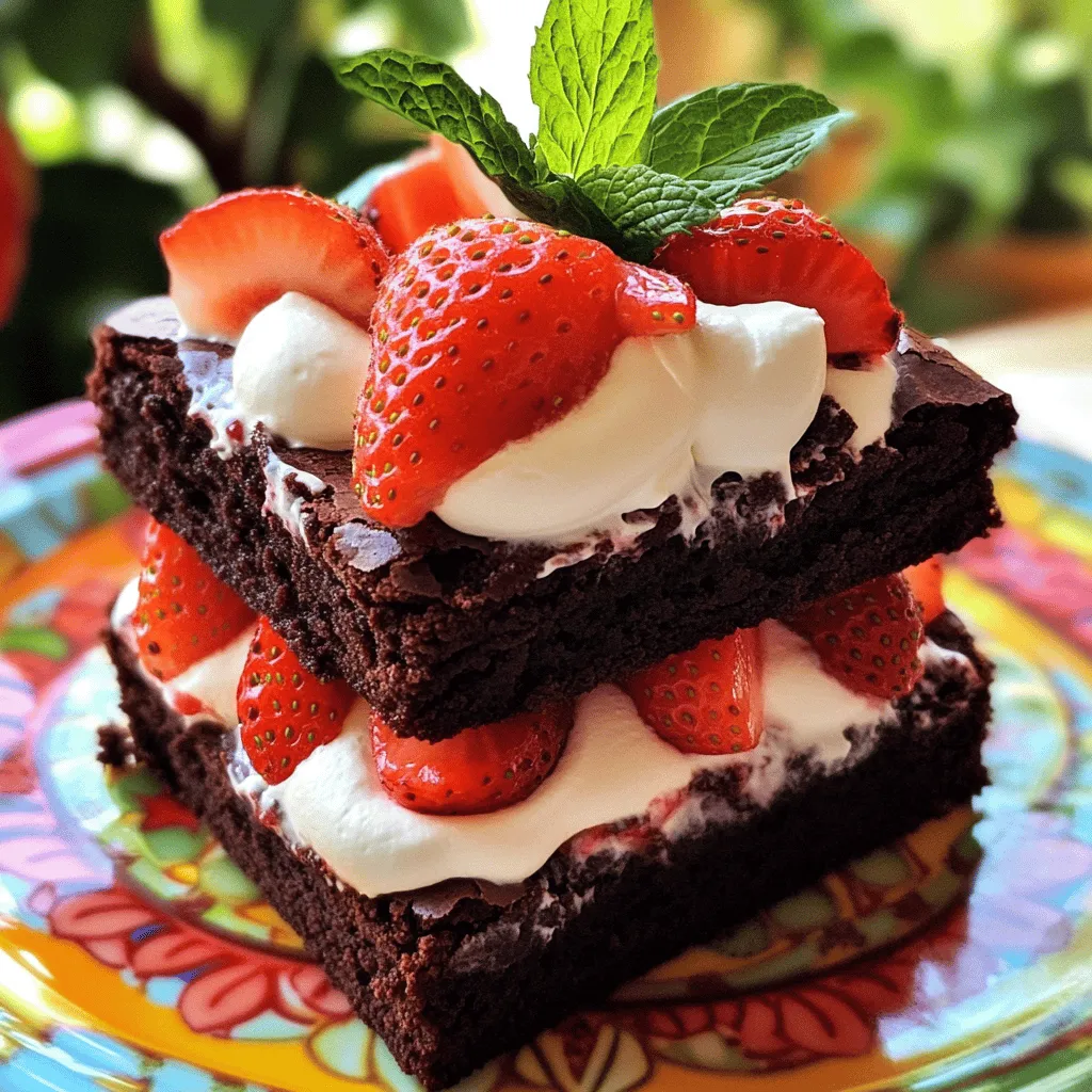 To make a delicious brownie strawberry shortcake, you need fresh and tasty ingredients. Let’s break it down. - Brownie preparation options: You can choose to make brownies from scratch or use a boxed mix. Homemade brownies allow you to control the flavors and texture. Boxed mixes save time and still taste great. Either option works well for this treat. - Importance of fresh strawberries: Fresh strawberries are key for this dessert. Look for ripe, juicy strawberries. They add sweetness and a pop of color. Using fresh fruit makes your dish more vibrant and flavorful. - Whipped cream components: For the whipped cream, you need three main items: - 1 cup of heavy whipping cream. This gives your cream a rich taste. - 2 tablespoons of powdered sugar. It sweetens the cream without being grainy. - 1 teaspoon of vanilla extract. It adds a lovely aroma and flavor. These ingredients work together to create a delightful and simple treat. You can find the full recipe details listed above. To make the strawberries shine, start by hulling them. This means removing the green tops. Then, slice the strawberries into thin pieces. This helps them soak up the sugar and juices better. Next, place the sliced berries in a bowl. Sprinkle the tablespoon of sugar over them. Toss gently until they are coated. Let them sit for about 15 minutes. This process is called macerating. It makes the berries juicy and sweet, which is vital for our dessert. For perfect whipped cream, use a cold bowl and cold cream. Pour the heavy whipping cream into the bowl. Add the powdered sugar and vanilla extract. Mix on high speed. Watch closely until soft peaks form. This means the cream is fluffy but not too stiff. Be careful! If you whip too long, the cream will turn to butter. Stop when it looks smooth and creamy. This whipped cream adds a light touch to our layers. Now comes the fun part—assembling your treat. Cut the cooled brownies into squares or rectangles. Place one brownie on a plate. Add a spoonful of the sweet strawberries on top, then a dollop of whipped cream. Repeat this layering. You can stack more if you like. Each layer adds flavor and looks great. For serving size, keep it moderate. One or two layers per plate works best. Enjoy your creation! You can find the full recipe above for more details. Choosing the right brownie texture matters. Fudgy brownies add richness and moisture. They pair well with strawberries and cream. Soft brownies are good too, but they may fall apart. For the best result, I recommend fudgy brownies for this treat. To ensure your brownies are fully cooled, let them rest for at least an hour. This helps them hold their shape when you stack them. You can even chill them in the fridge for 30 minutes. This extra step makes assembly easier and cleaner. Whipped cream can be more than just plain. You can add flavors to make it exciting. Try chocolate syrup for a rich twist. Mint extract adds a fresh taste. Just a few drops can make a big difference. To stabilize your whipped cream, add a little cornstarch or instant pudding mix. This helps it hold its shape longer. Perfect for when you want to prepare your dessert ahead of time. Garnishing makes your dessert shine. Fresh mint leaves add a pop of color. They also give a nice aroma that enhances the dish. Showcasing your dessert can be fun! Use colorful plates to make it pop. You can drizzle extra strawberry juice on the plate for a lovely touch. Stack the brownies high for a beautiful display. This way, everyone will be excited to dig in. For a full recipe, check out the Brownie Strawberry Shortcake. {{image_2}} You can switch up the strawberries with other berries. Raspberries, blueberries, or blackberries work well. Each berry adds a unique flavor. You can also use peaches or cherries in the summer. They add a juicy sweetness that pairs well with the brownies. Feel free to mix different fruits for a fun twist. If you need gluten-free brownies, choose a gluten-free mix. Many brands make tasty options. You can also make your own with almond or oat flour. For vegan brownies, use flax eggs instead of regular eggs. To make the cream vegan, try coconut cream. Chill a can of coconut milk overnight. Scoop out the solid part and whip it until fluffy. This keeps the dessert creamy and delicious. To keep your brownie strawberry shortcake fresh, store it right. You can place the leftovers in an airtight container. This helps protect the moisture and flavor. If you have extra whipped cream, store it in a separate container. This way, it won’t soak into the brownies. You can also cover the brownies with plastic wrap if you don't have a container. Make sure to keep it in the fridge. Avoid stacking the layers; they can get squished. In the fridge, your brownie strawberry shortcake can last about three days. Make sure to check for any signs of spoilage. If you see any mold or an off smell, it’s best to throw it away. Also, if the strawberries look mushy or discolored, they may have gone bad. Always trust your senses when it comes to food safety. Enjoy your dessert while it’s fresh for the best taste! Yes, you can use store-bought brownies. When choosing, look for brownies that are moist and fudgy. Avoid dry or crumbly options. Check the ingredients to ensure they are made with real chocolate for the best taste. Store-bought brownies save time, and they still taste great when layered with strawberries and cream. To keep whipped cream stable, use heavy cream with a high-fat content. Chill your mixing bowl and beaters in the fridge for at least 15 minutes before whipping. Add powdered sugar and vanilla when the cream is slightly thickened. This helps the cream hold its shape longer. Be careful not to over-whip, or it may turn grainy. You can prepare components ahead of time. Make the brownies and strawberries a day before. Store brownies in an airtight container. Keep strawberries in the fridge but do not mix them with sugar until just before serving. Whip the cream on the day you plan to serve. This keeps everything fresh and delicious. Now you have all the steps to make a delicious brownie strawberry shortcake. From choosing fresh strawberries to whipping cream just right, each part matters. Remember, use good quality ingredients for the best flavor. Don't hesitate to try different fruits or dietary options. You can even prepare this dessert in advance for gatherings. Enjoy your creation and feel proud of your tasty treat! Use the tips to impress everyone with your skills. Happy baking!