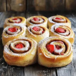 To make strawberry cinnamon rolls, you'll need a simple list of ingredients. Gather these items before you start cooking: - 2 cups all-purpose flour - 1 tablespoon active dry yeast - 1/4 cup sugar - 1/2 teaspoon salt - 1/2 cup milk, warmed - 1/4 cup unsalted butter, melted - 1 large egg - 1 cup fresh strawberries, hulled and sliced - 1 tablespoon ground cinnamon - 2 tablespoons brown sugar - 3 tablespoons cream cheese, softened - 1/2 cup powdered sugar - 1 tablespoon milk (for icing) These ingredients work together to create soft, fluffy rolls with a sweet strawberry filling. The strawberries add a fresh taste, while the cinnamon brings warmth. The cream cheese icing makes each bite even better! You can find the full recipe above to guide you through the process. - Activate Yeast: Start by warming the milk. Mix it with the active dry yeast in a small bowl. Let it sit for about 5-10 minutes. You want it to get frothy. This shows the yeast is alive and ready to work. - Mix Dry Ingredients: In a large bowl, combine the all-purpose flour, sugar, and salt. Use a whisk to blend them well. This step is crucial for even flavor. - Combine Wet Ingredients: Once the yeast is frothy, add the melted butter and the egg to the bowl. Stir until mixed. Then, pour this into the bowl with the dry ingredients. Mix until a dough forms. - Knead the Dough: Turn the dough onto a floured surface. Knead it for about 5 minutes. You want it smooth and elastic. This helps the rolls rise better. - Prepare Filling: In a separate bowl, mash the sliced strawberries with ground cinnamon and brown sugar. This creates a sweet, spreadable filling. The strawberries bring a fresh flavor. - Roll Out Dough: After the dough rises, punch it down. Roll it out into a rectangle, about 1/4 inch thick. Make sure it’s even for good cooking. - Spread Filling: Generously spread the strawberry mixture over the dough. Get every corner covered. This way, every bite will be tasty. - Roll Up: Starting from one edge, roll the dough tightly into a log. Slice the log into 12 equal pieces. These will be your cinnamon rolls. - Second Rise: Place the rolls in a greased baking dish. Cover them and let them rise for another 30 minutes. This helps them get fluffy. - Preheat Oven: While the rolls rise, preheat your oven to 350°F (175°C). This ensures they bake evenly. - Bake Rolls: After the second rise, bake the rolls for about 25-30 minutes. They should turn golden brown. The smell will be amazing. - Make Icing: While the rolls bake, whisk together the softened cream cheese, powdered sugar, and milk. This creates a smooth icing. It adds a sweet finish. - Top Rolls: Once the rolls cool for a few minutes, drizzle the icing over the top. This makes them look and taste great. For the Full Recipe, check the complete instructions above. Enjoy your baking! Ensuring Proper Dough Consistency For perfect rolls, your dough must be soft yet not sticky. If it feels too wet, add a bit more flour. If it’s too dry, add a splash of milk. Aim for a smooth texture that springs back when poked. Tips for Ideal Rising Conditions Dough loves warmth! Find a cozy spot in your kitchen. You can place it near a warm oven or cover it with a damp cloth. This helps the dough rise nicely. A good rise means fluffier rolls in the end. Alternative Fillings and Toppings While strawberries shine, you can try other fruits. Blueberries or raspberries work well too. For a twist, mix in some chocolate chips or nuts. For toppings, consider a simple glaze made from powdered sugar and lemon juice. Spice Variations Cinnamon is classic, but you can mix it up! Try nutmeg or cardamom for a warm flavor. Add a pinch of ginger for a zesty kick. Experimenting with spices can make your rolls unique and exciting. Ideas for Pairing These rolls pair wonderfully with coffee or tea. Consider serving them with whipped cream or fresh fruit on the side. For a brunch, they go great with egg dishes or a light salad. Presentation Tips To impress, arrange rolls on a beautiful plate. Drizzle extra icing on top and sprinkle some fresh strawberries around. A touch of mint can add color and freshness. Your guests will love the look as much as the taste! {{image_2}} You can switch up the fruit to change the flavor. - Blueberry Cinnamon Rolls: Substitute fresh strawberries with blueberries. Just mix them with cinnamon and sugar. The rolls will be sweet and juicy. - Mixed Berry Cinnamon Rolls: Use a mix of berries. Combine strawberries, blueberries, and raspberries. This mix gives a burst of flavor in every bite. You can also adjust the recipe for special diets. - Vegan Strawberry Cinnamon Rolls: Replace the egg with a flax egg. Use plant-based milk and vegan butter. These rolls will still taste rich and delightful. - Gluten-Free Strawberry Cinnamon Rolls: Use gluten-free flour instead of all-purpose flour. Make sure the yeast is gluten-free. These rolls will be soft and tasty, just like the original. Explore these variations to make your strawberry cinnamon rolls unique and fit your taste! For the complete recipe, check the Full Recipe section. To keep leftover rolls fresh, place them in an airtight container. This helps lock in moisture and flavor. You can also wrap them tightly in plastic wrap. Make sure they cool completely before storing. This way, they won’t get soggy. For refrigeration, set your container in the fridge. They last about three days this way. For best taste, eat them within two days. You can freeze strawberry cinnamon rolls for longer storage. First, let them cool down completely. Then, wrap each roll in plastic wrap. Place the wrapped rolls in a freezer bag. This keeps them fresh for up to three months. To reheat frozen rolls, take them out of the freezer. Let them sit in the fridge overnight. You can also reheat them directly from frozen. Just pop them in a preheated oven at 350°F (175°C) for about 15-20 minutes. They taste just as good as fresh! For a fun twist, check out the Full Recipe. It offers great tips for your next baking adventure! Strawberry cinnamon rolls stay fresh for about 2-3 days at room temperature. Store them in an airtight container. You can also keep them in the fridge for up to a week. If you want to enjoy them longer, freeze them. Proper wrapping helps avoid freezer burn. Yes, you can use frozen strawberries! Just thaw them first and drain excess liquid. This helps avoid a soggy filling. The flavor will be a bit different, but it still works well. Frozen strawberries are a great option when fresh ones are not around. Yes, you can make the dough ahead of time! After kneading, cover it and place it in the fridge. It can stay there overnight. The next day, let it warm up a bit before rolling it out. This saves time and is great for busy mornings. To reheat cinnamon rolls, wrap them in foil and place them in a 350°F oven for about 10 minutes. This keeps them soft and warm. You can also microwave them for about 15-20 seconds. Just don't overdo it, or they may become tough. Enjoy your warm rolls with a drizzle of icing for extra delight! This blog post provided a simple guide to making delicious strawberry cinnamon rolls. We covered the key ingredients, step-by-step instructions, and handy tips to ensure success. You learned how to enhance flavors and make variations, including vegan and gluten-free options. Proper storage methods for leftovers were also discussed. With these insights, you can enjoy fresh, warm rolls or impress guests with your baking skills. Now, it’s time to roll up your sleeves and create a treat that everyone will love!