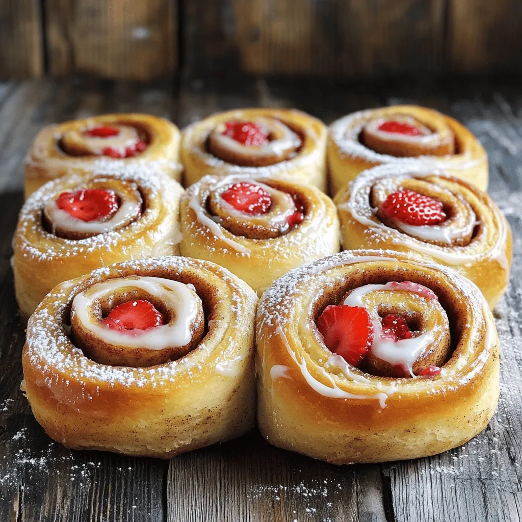To make strawberry cinnamon rolls, you'll need a simple list of ingredients. Gather these items before you start cooking: - 2 cups all-purpose flour - 1 tablespoon active dry yeast - 1/4 cup sugar - 1/2 teaspoon salt - 1/2 cup milk, warmed - 1/4 cup unsalted butter, melted - 1 large egg - 1 cup fresh strawberries, hulled and sliced - 1 tablespoon ground cinnamon - 2 tablespoons brown sugar - 3 tablespoons cream cheese, softened - 1/2 cup powdered sugar - 1 tablespoon milk (for icing) These ingredients work together to create soft, fluffy rolls with a sweet strawberry filling. The strawberries add a fresh taste, while the cinnamon brings warmth. The cream cheese icing makes each bite even better! You can find the full recipe above to guide you through the process. - Activate Yeast: Start by warming the milk. Mix it with the active dry yeast in a small bowl. Let it sit for about 5-10 minutes. You want it to get frothy. This shows the yeast is alive and ready to work. - Mix Dry Ingredients: In a large bowl, combine the all-purpose flour, sugar, and salt. Use a whisk to blend them well. This step is crucial for even flavor. - Combine Wet Ingredients: Once the yeast is frothy, add the melted butter and the egg to the bowl. Stir until mixed. Then, pour this into the bowl with the dry ingredients. Mix until a dough forms. - Knead the Dough: Turn the dough onto a floured surface. Knead it for about 5 minutes. You want it smooth and elastic. This helps the rolls rise better. - Prepare Filling: In a separate bowl, mash the sliced strawberries with ground cinnamon and brown sugar. This creates a sweet, spreadable filling. The strawberries bring a fresh flavor. - Roll Out Dough: After the dough rises, punch it down. Roll it out into a rectangle, about 1/4 inch thick. Make sure it’s even for good cooking. - Spread Filling: Generously spread the strawberry mixture over the dough. Get every corner covered. This way, every bite will be tasty. - Roll Up: Starting from one edge, roll the dough tightly into a log. Slice the log into 12 equal pieces. These will be your cinnamon rolls. - Second Rise: Place the rolls in a greased baking dish. Cover them and let them rise for another 30 minutes. This helps them get fluffy. - Preheat Oven: While the rolls rise, preheat your oven to 350°F (175°C). This ensures they bake evenly. - Bake Rolls: After the second rise, bake the rolls for about 25-30 minutes. They should turn golden brown. The smell will be amazing. - Make Icing: While the rolls bake, whisk together the softened cream cheese, powdered sugar, and milk. This creates a smooth icing. It adds a sweet finish. - Top Rolls: Once the rolls cool for a few minutes, drizzle the icing over the top. This makes them look and taste great. For the Full Recipe, check the complete instructions above. Enjoy your baking! Ensuring Proper Dough Consistency For perfect rolls, your dough must be soft yet not sticky. If it feels too wet, add a bit more flour. If it’s too dry, add a splash of milk. Aim for a smooth texture that springs back when poked. Tips for Ideal Rising Conditions Dough loves warmth! Find a cozy spot in your kitchen. You can place it near a warm oven or cover it with a damp cloth. This helps the dough rise nicely. A good rise means fluffier rolls in the end. Alternative Fillings and Toppings While strawberries shine, you can try other fruits. Blueberries or raspberries work well too. For a twist, mix in some chocolate chips or nuts. For toppings, consider a simple glaze made from powdered sugar and lemon juice. Spice Variations Cinnamon is classic, but you can mix it up! Try nutmeg or cardamom for a warm flavor. Add a pinch of ginger for a zesty kick. Experimenting with spices can make your rolls unique and exciting. Ideas for Pairing These rolls pair wonderfully with coffee or tea. Consider serving them with whipped cream or fresh fruit on the side. For a brunch, they go great with egg dishes or a light salad. Presentation Tips To impress, arrange rolls on a beautiful plate. Drizzle extra icing on top and sprinkle some fresh strawberries around. A touch of mint can add color and freshness. Your guests will love the look as much as the taste! {{image_2}} You can switch up the fruit to change the flavor. - Blueberry Cinnamon Rolls: Substitute fresh strawberries with blueberries. Just mix them with cinnamon and sugar. The rolls will be sweet and juicy. - Mixed Berry Cinnamon Rolls: Use a mix of berries. Combine strawberries, blueberries, and raspberries. This mix gives a burst of flavor in every bite. You can also adjust the recipe for special diets. - Vegan Strawberry Cinnamon Rolls: Replace the egg with a flax egg. Use plant-based milk and vegan butter. These rolls will still taste rich and delightful. - Gluten-Free Strawberry Cinnamon Rolls: Use gluten-free flour instead of all-purpose flour. Make sure the yeast is gluten-free. These rolls will be soft and tasty, just like the original. Explore these variations to make your strawberry cinnamon rolls unique and fit your taste! For the complete recipe, check the Full Recipe section. To keep leftover rolls fresh, place them in an airtight container. This helps lock in moisture and flavor. You can also wrap them tightly in plastic wrap. Make sure they cool completely before storing. This way, they won’t get soggy. For refrigeration, set your container in the fridge. They last about three days this way. For best taste, eat them within two days. You can freeze strawberry cinnamon rolls for longer storage. First, let them cool down completely. Then, wrap each roll in plastic wrap. Place the wrapped rolls in a freezer bag. This keeps them fresh for up to three months. To reheat frozen rolls, take them out of the freezer. Let them sit in the fridge overnight. You can also reheat them directly from frozen. Just pop them in a preheated oven at 350°F (175°C) for about 15-20 minutes. They taste just as good as fresh! For a fun twist, check out the Full Recipe. It offers great tips for your next baking adventure! Strawberry cinnamon rolls stay fresh for about 2-3 days at room temperature. Store them in an airtight container. You can also keep them in the fridge for up to a week. If you want to enjoy them longer, freeze them. Proper wrapping helps avoid freezer burn. Yes, you can use frozen strawberries! Just thaw them first and drain excess liquid. This helps avoid a soggy filling. The flavor will be a bit different, but it still works well. Frozen strawberries are a great option when fresh ones are not around. Yes, you can make the dough ahead of time! After kneading, cover it and place it in the fridge. It can stay there overnight. The next day, let it warm up a bit before rolling it out. This saves time and is great for busy mornings. To reheat cinnamon rolls, wrap them in foil and place them in a 350°F oven for about 10 minutes. This keeps them soft and warm. You can also microwave them for about 15-20 seconds. Just don't overdo it, or they may become tough. Enjoy your warm rolls with a drizzle of icing for extra delight! This blog post provided a simple guide to making delicious strawberry cinnamon rolls. We covered the key ingredients, step-by-step instructions, and handy tips to ensure success. You learned how to enhance flavors and make variations, including vegan and gluten-free options. Proper storage methods for leftovers were also discussed. With these insights, you can enjoy fresh, warm rolls or impress guests with your baking skills. Now, it’s time to roll up your sleeves and create a treat that everyone will love!