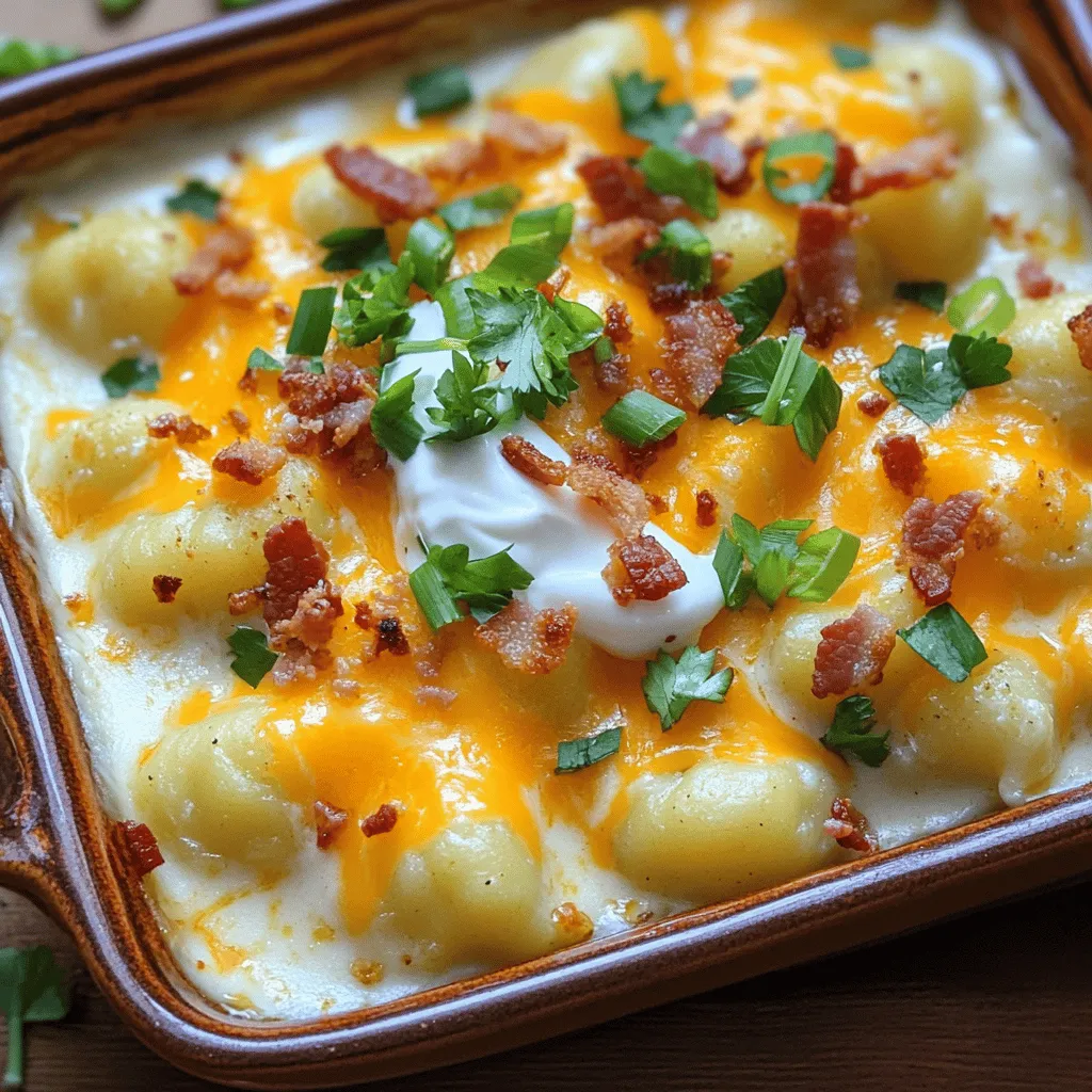 To make loaded baked potato gnocchi, you need a few key ingredients: - 2 cups potato gnocchi - 1 cup sour cream - 1 cup shredded sharp cheddar cheese - 1/2 cup cooked bacon, crumbled - 1/2 cup green onions, sliced - 1 teaspoon garlic powder - 1/2 teaspoon smoked paprika - Salt and pepper to taste - Fresh parsley for garnish These ingredients come together to create a creamy, cheesy, and comforting dish. The potato gnocchi serves as the base, adding a soft and chewy texture. The sour cream and cheddar cheese blend into a rich sauce, giving that classic loaded baked potato taste. Crumbled bacon adds crunch and flavor, while green onions bring freshness. If you need to change some ingredients, here are some easy swaps: - Alternatives for Dairy: Use Greek yogurt instead of sour cream for a tangy kick. For cheese, try a dairy-free cheddar for a vegan option. - Gluten-Free Options: Look for gluten-free gnocchi made from rice or potato flour. - Recommended Seasonings: Add some onion powder or even chili powder for a bolder taste. Fresh herbs like chives or basil can also enhance the flavor. Feel free to mix and match these substitutions to create a dish that suits your taste. You can find the full recipe [here](#). To cook the gnocchi, start by boiling water. Use a large pot and add salt. Once the water is boiling, add the potato gnocchi. Cook them until they float, which takes about 2-3 minutes. This means they are ready! Drain the gnocchi and set them aside. For perfect texture, ensure the water is at a rolling boil. Avoid overcrowding the pot, as this can make the gnocchi stick together. If you have a lot, cook them in batches. To make the cheese sauce, use a medium saucepan. Heat it over low heat. Add the sour cream, half of the cheddar cheese, garlic powder, smoked paprika, salt, and pepper. Stir until the cheese melts and the mixture is smooth. This should take about 3-5 minutes. For extra flavor, consider adding a splash of hot sauce or a pinch of onion powder. You can also use a mix of cheeses, like Monterey Jack, for a different taste. In a large mixing bowl, gently fold the cooked gnocchi into the cheese sauce. Make sure they are fully coated. Then, add the crumbled bacon and half of the green onions. Fold everything together evenly. Next, preheat your oven to 375°F (190°C). Transfer the gnocchi mixture into a greased 9x13 inch baking dish. Spread it out evenly. Top the dish with the remaining cheddar cheese. Bake in the oven for 20 minutes. Look for a bubbly and golden top. This means it is ready to eat! Once baked, let it cool for a few minutes. Garnish with the rest of the green onions and fresh parsley. For the full recipe, check out the details above! Cooking gnocchi just right is key. When you boil them, watch closely. Cook until they float, about 2-3 minutes. If you let them boil too long, they will turn mushy. To avoid this, set a timer. Right when they float, scoop them out gently. Seasoning can make or break your dish. A blend of garlic powder and smoked paprika works wonders. It adds warmth and depth. You can also sprinkle in salt and pepper to taste. For fresh flavors, consider adding herbs like chives or parsley. They brighten the dish and add color. Pair your gnocchi with a crisp salad or roasted veggies. This contrast makes each bite exciting. You can also serve it in fun ways. Try it in a bowl, topped with extra cheese and green onions. Or, serve it in small dishes for a great party appetizer. Check out the Full Recipe for more ideas! {{image_2}} Addition of Vegetables You can make this dish even better by adding veggies. Try spinach, broccoli, or roasted bell peppers. These veggies add color and taste. They also give you extra vitamins. Simply sauté the veggies before mixing them with the gnocchi and cheese sauce. This small change can make a big impact. Different Cheeses to Try Experimenting with cheese is fun! While sharp cheddar is great, you can mix in mozzarella or gouda. Each cheese brings a different flavor and texture. Mixing cheeses can create a creamy and rich sauce. For a kick, try pepper jack cheese. It adds a nice spice to the mix. Vegetarian or Vegan Adaptations To make this dish vegetarian, skip the bacon and use plant-based cheese. For a vegan version, use cashew cream instead of sour cream. You can use nutritional yeast to give a cheesy flavor. This way, you keep the comfort of the dish while making it plant-based. Low-Carb Versions If you want a low-carb option, use cauliflower gnocchi instead of potato gnocchi. This swap reduces carbs and adds more veggies. You can still use the same cheese sauce. Just cook the cauliflower gnocchi according to package directions, and enjoy a guilt-free meal. Stovetop Versus Oven You can cook this dish on the stove or in the oven. If you choose stovetop, mix everything in a pan and heat until bubbly. If you prefer the oven, follow the baking steps in the Full Recipe. Baking gives a nice golden top, while stovetop makes it quick. Using an Air Fryer An air fryer is a great option too! After mixing the gnocchi with the cheese sauce, place it in the air fryer. Cook at 375°F for about 10-12 minutes. This method gives a crispy texture. It’s a fun twist on the classic baked version. To keep your loaded baked potato gnocchi fresh, store leftovers properly. First, let the dish cool down to room temperature. Then, place it in an airtight container. Refrigerate the gnocchi within two hours of cooking. This helps prevent bacteria growth. When stored this way, it can last up to three days in the fridge. If you want to save it for longer, freezing is a great option. Portion the gnocchi into smaller containers or freezer bags. Remove as much air as possible to avoid freezer burn. You can freeze it for up to three months. Just remember, the texture might change slightly after thawing. When it's time to enjoy your leftovers, reheating is key. The microwave is the fastest method. Place a portion on a microwave-safe plate. Cover it with a damp paper towel to retain moisture. Heat it on medium power for about one to two minutes. Stir halfway through for even warmth. For a crispy finish, use the oven. Preheat your oven to 375°F (190°C). Spread the gnocchi in a single layer on a baking sheet. Bake for about 10-15 minutes. This gives it a lovely crunch while warming it through. Enjoy your dish just as if it were fresh from the oven! How do I know when gnocchi is cooked? You can tell gnocchi is cooked when they float to the top of the water. This usually takes about 2-3 minutes. Once they float, remove them with a slotted spoon. They should be soft but not mushy. Can I prepare this dish ahead of time? Yes, you can prepare this dish ahead of time. You can boil the gnocchi and make the cheese sauce in advance. Combine them in a baking dish, cover, and store in the fridge. When ready, bake it straight from the fridge, adding a few more minutes to the bake time. What if my cheese sauce separates? If your cheese sauce separates, it may be because it got too hot. To fix this, remove it from heat and stir in a bit of milk or cream slowly. This can help bring it back together. Always heat cheese sauce on low to prevent this. How do I fix overcooked gnocchi? If your gnocchi is overcooked, they may become too soft. You can try adding them to a pan with a little oil. Cook them briefly until they firm up. This gives them a bit of texture back, but they may not be perfect. Caloric Breakdown One serving of Loaded Baked Potato Gnocchi has about 450 calories. This includes calories from the gnocchi, cheese, bacon, and sour cream. Dietary Considerations for Ingredients - Potato gnocchi is gluten-free if made from just potatoes. - Sour cream adds creaminess but has high fat. - Bacon adds flavor and protein but also sodium. - Green onions add freshness and vitamins. For more details, check the Full Recipe. In this blog post, we covered how to make loaded baked potato gnocchi from start to finish. We explored essential ingredients, cooking steps, and creative variations. You have the tips to enhance flavor, perfect the texture, and store leftovers properly. Cooking can be fun and rewarding. With these steps, you can create a dish your family will love. Enjoy experimenting with different flavors and methods. Each meal can bring joy and a taste of creativity to your kitchen.