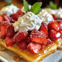 For a delicious Strawberry Doughnut Shortcake, you need just a few simple items. Here’s what you’ll need: - 4 glazed doughnuts, sliced in half - 2 cups fresh strawberries, hulled and sliced - 1/4 cup granulated sugar - 1 teaspoon vanilla extract - 1 cup heavy whipping cream - 2 tablespoons powdered sugar - Fresh mint leaves for garnish (optional) You can add more layers of flavor if you’d like. Try: - A splash of lemon juice to brighten the strawberries - A dash of almond extract for a nutty taste - Chocolate sauce for a sweet drizzle I suggest using soft glazed doughnuts. Their sweetness pairs well with fresh strawberries. Look for ripe, juicy strawberries. They should be bright red and firm. Local or organic strawberries often taste the best. These choices will make your shortcake shine! For the full recipe, refer to the provided details above. To prepare the strawberries, first, wash them under cool water. Next, you need to hull them. Hulling means removing the green tops and any white parts underneath. Use a small knife or a huller tool for this task. After hulling, slice the strawberries into thin pieces. Now, let's macerate the strawberries. This step brings out their natural sweetness. In a medium bowl, combine the sliced strawberries with the granulated sugar. Toss them gently to coat evenly. Let the strawberries sit for about 15 minutes. You will see their juices start to flow, creating a sweet syrup. For the whipped cream, you will need a mixing bowl and an electric mixer. If you have a stand mixer, that works too. Begin by adding the heavy whipping cream and powdered sugar to the bowl. Beat the cream on high speed. In about 3 to 4 minutes, you will see soft peaks form. This means your cream is ready! Finally, mix in the vanilla extract for added flavor. Now for the fun part—assembling your shortcake! Start with the bottom half of a sliced doughnut. Take a generous spoonful of your macerated strawberries and place it on top. Follow this with a dollop of whipped cream over the strawberries. Then, place the top half of the doughnut back on. Repeat this process with the other doughnuts. When you finish, your shortcakes will look delightful! For a special touch, you can garnish with extra strawberries and fresh mint leaves. Enjoy your creation right away while everything is fresh and tasty. To create the best strawberry doughnut shortcake, avoid some common mistakes. First, do not skip the maceration step for your strawberries. This step brings out their natural sweetness and juices. If you rush this, your shortcake may taste flat. Next, be careful not to overwhip your cream. When you whip too much, it can become grainy. Stop once you see soft peaks. This keeps your cream light and fluffy. You can enhance flavors with a few simple tweaks. Try adding a splash of lemon juice to the strawberries. This adds a nice zing to the sweetness. You can also mix a bit of almond extract in your whipped cream. It gives a warm, nutty flavor that pairs well with strawberries. To serve your strawberry doughnut shortcake, stack them high for a showy look. You can place the shortcakes on a nice plate and dust them with powdered sugar. This adds a lovely touch. Pair your shortcake with drinks that complement the sweetness. A cold glass of milk works great. You can also enjoy it with sweet tea or a light sparkling water. These drinks balance the rich flavors and keep it refreshing. For extra flair, add some fresh mint leaves as a garnish. It looks pretty and adds a hint of fresh flavor. Enjoy the fun of this easy dessert with friends and family! For the full recipe, check out the section above. {{image_2}} You can have fun with flavors when making your strawberry doughnut shortcake. Instead of glazed doughnuts, try chocolate, cinnamon, or even lemon doughnuts. Each choice adds its own taste to the dessert. If you want to change the fruit, use peaches, blueberries, or raspberries. Each fruit brings a unique flavor and makes the dish seasonal. For those needing gluten-free options, many stores sell gluten-free doughnuts. They work well in this recipe. If you want to make it vegan, use coconut cream or almond cream instead of heavy cream. You can also find vegan doughnuts at some bakeries. This way, everyone can enjoy this sweet treat! Check out the Full Recipe for all the details on making this delicious dessert. To keep your Strawberry Doughnut Shortcake fresh, store each part separately. Place the doughnuts in an airtight container. They stay soft for about two days. For the strawberries, use a covered bowl. They last up to three days in the fridge. The whipped cream should go in a separate container. It stays fresh for two days if tightly sealed. If you want to store an assembled shortcake, it is best to eat it right away. The doughnuts can get soggy from the strawberries and cream. If you must store it, keep it in the fridge for no more than one day. Reheating doughnuts can be tricky. You want them warm but not dry. I recommend using a microwave. Heat them for about 10 seconds. Check if they are warm enough. If not, add a few more seconds. Avoid using the oven for reheating. It can make them hard. Also, don’t reheat the whipped cream. It will lose its texture. Instead, make fresh whipped cream when serving. This keeps the shortcake tasting its best. For the best flavor and texture, I recommend using glazed doughnuts. Their sweetness complements fresh strawberries well. You can also try cake doughnuts. They are denser and hold up nicely. Avoid doughnuts with heavy toppings, as they may overpower the dish. Choose what you love. Trust your taste! Yes, you can prepare some parts in advance. Slice the strawberries and mix them with sugar a few hours before serving. Keep them in the fridge. You can also whip the cream ahead and store it in the fridge. Just remember to assemble the shortcake right before serving. This keeps everything fresh and tasty. To keep your whipped cream fluffy, start with cold equipment. Chill your bowl and beaters before whipping. This helps the cream hold its shape. Whip until soft peaks form but don’t overbeat. Mix in powdered sugar gently. If you want extra stability, you can add a bit of cornstarch or gelatin. These tricks keep your cream looking great! You now have all you need to make a delicious strawberry doughnut shortcake. We covered important ingredients, prep steps, and the best way to put it all together. The tips and variations help you perfect your dessert, ensuring it fits any dietary need or occasion. Remember, the right doughnut and fresh strawberries make all the difference. Enjoy your creation right away or store it for later, but always keep your whipped cream airy. I hope you have fun making and sharing this treat!