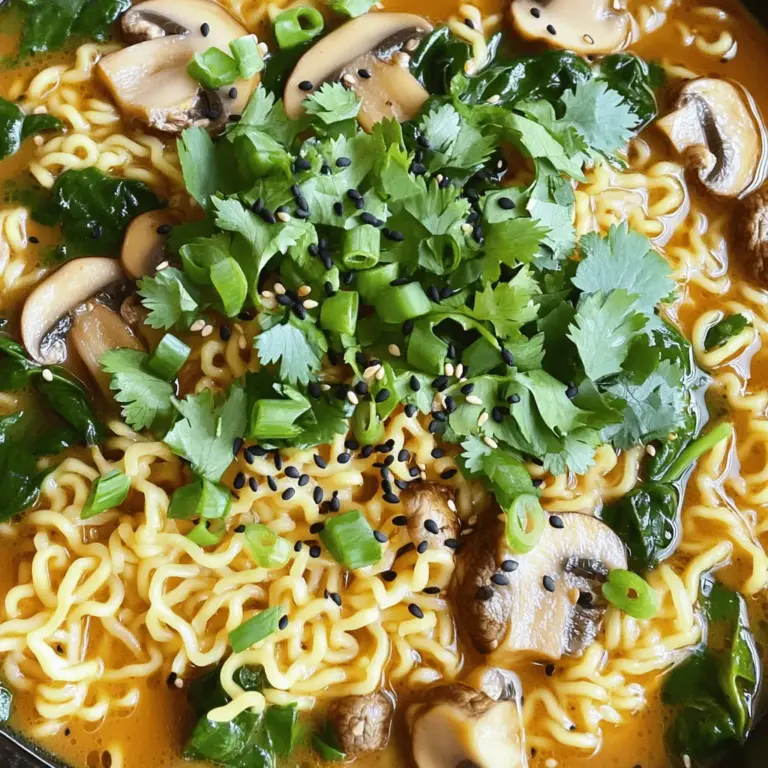 This Asian mushroom ramen is a warm and tasty dish. It takes 30 minutes to make. You will love how easy it is. Just follow the full recipe to get started. To make the best Asian mushroom ramen, gather these ingredients: - 200g ramen noodles - 1 tablespoon sesame oil - 2 cloves garlic, minced - 1 inch ginger, grated - 250g mixed mushrooms (shiitake, enoki, and button), sliced - 4 cups vegetable broth - 2 tablespoons soy sauce - 1 tablespoon miso paste - 1 tablespoon chili paste (adjust to taste) - 1 cup baby spinach - 2 green onions, chopped - Black sesame seeds for garnish - Fresh cilantro for garnish For the best taste, I recommend these brands: - Ramen Noodles: Nissin or Sun Noodle - Sesame Oil: Kadoya or Spectrum - Soy Sauce: Kikkoman or San-J - Miso Paste: Miso Master or Hikari These brands ensure quality and flavor in your ramen. Using them will help you create a delicious dish. First, bring a large pot of salted water to a boil. This helps season your noodles. Add 200g of ramen noodles to the pot. Cook them according to the package instructions, which is usually 3-4 minutes. Once they are tender, drain the noodles and set them aside. This step is crucial to avoid soggy noodles later. In a large pot, heat 1 tablespoon of sesame oil over medium heat. This oil gives a nice flavor. Next, add 2 cloves of minced garlic and 1 inch of grated ginger. Sauté these for about 1 minute until they smell great. Then, add 250g of sliced mixed mushrooms, such as shiitake and enoki. Sauté these for another 5-7 minutes until they become tender and golden. The mushrooms add depth to the dish. Now, pour in 4 cups of vegetable broth and bring it to a simmer. This will create a flavorful base. Stir in 2 tablespoons of soy sauce, 1 tablespoon of miso paste, and 1 tablespoon of chili paste. Mix well until the miso is fully dissolved. If you like it spicier, feel free to add more chili paste. Add 1 cup of baby spinach to the broth. Let it wilt for about 2-3 minutes. Finally, add the cooked ramen noodles to the pot. Gently mix everything together for 1-2 minutes. This lets the noodles soak in the broth's flavor. For a complete cooking experience, refer to the Full Recipe. To cook ramen noodles, start with a large pot of salted water. Bring it to a boil. Add the noodles and cook for 3 to 4 minutes. Check the package for exact times. Stir occasionally to prevent sticking. Drain the noodles and rinse them under cool water. This stops the cooking process. Set them aside until you're ready to use them. To boost the flavor of your ramen, think about adding spices. You can use crushed red pepper for heat. Ginger and garlic will add depth. Try a splash of rice vinegar for tanginess. If you love umami, sprinkle in some nori flakes or dashi powder. Taste as you go to find your perfect mix. Choosing the right mushrooms makes a big difference. Look for fresh, firm mushrooms without dark spots. Shiitake mushrooms bring a rich flavor. Enoki mushrooms add a nice crunch. Button mushrooms are mild and versatile. Feel free to mix different types for more depth. Always rinse them gently under cold water before use. For a complete guide, check out the Full Recipe to make your Asian mushroom ramen noodles! {{image_2}} You can make your ramen heartier by adding protein. Tofu is a great choice for a vegetarian or vegan option. Use firm tofu for better texture. Just cut it into cubes, sauté it briefly in sesame oil, and add it to the broth. If you prefer meat, chicken works well. Cook it in the pot until it's tender. Shrimp can also add a nice touch. Simply toss in cooked shrimp at the end, so they warm up without overcooking. This recipe is already vegetarian, but you can easily adapt it to be vegan. Just ensure that your miso paste and soy sauce are vegan. Some brands add fish products. You might also want to replace the vegetable broth with a homemade version using seaweed or mushrooms for added depth. This keeps all the flavor while being fully plant-based. Toppings can make your ramen special. Add sliced radishes for crunch and color. A sprinkle of crushed chili flakes can boost the heat. Soft-boiled eggs are a classic choice, adding creaminess. You can also try seaweed sheets or corn for a bit of sweetness. Don't forget the fresh herbs like cilantro or basil for a fresh finish. Each topping can change the dish and make it your own. For the full recipe, check out the [Full Recipe]. To keep leftover ramen fresh, place it in an airtight container. It’s best to separate the noodles from the broth. The broth stays better this way. Store it in the fridge for up to three days. If you mix them, the noodles may get soggy. When you’re ready to enjoy your ramen again, reheat the broth in a pot. Bring it to a gentle simmer. You can add a splash of water if it looks too thick. Reheat the noodles in boiling water for about one minute. This keeps them chewy and nice. You can freeze both the noodles and broth. For the broth, let it cool before pouring it into freezer bags. Squeeze out as much air as you can. For noodles, cook them slightly less than usual before freezing. They’ll cook fully when you reheat them. Use frozen ramen within two months for the best taste. Yes, you can! If you can't find ramen, use udon or rice noodles. Both options work well. Cook them according to the package. The key is to keep the broth flavorful. The noodles will soak up the taste and add a nice texture. Mushrooms are great for you! They are low in calories but high in nutrients. They offer vitamins like B and D. They also have antioxidants, which help fight illness. In this recipe, mushrooms add a rich umami taste. They also give the dish a meaty feel without meat. Enjoying mushrooms can boost your overall health. Making this dish gluten-free is easy. Just switch the regular ramen for gluten-free noodles. You can find rice noodles or gluten-free ramen at many stores. Be sure to choose gluten-free soy sauce. This will keep the taste while making it safe for those with gluten issues. Enjoy your meal worry-free! For more details, check out the Full Recipe to get started! This blog post covered how to make Asian mushroom ramen noodles. We discussed key ingredients and provided brand recommendations. You learned cooking steps, useful tips, and variations to try. Also, we shared storage advice to keep your ramen fresh. In conclusion, enjoy making this dish your own. Experiment with flavors, proteins, and toppings. With these tips, you'll create delicious ramen that satisfies every time. Have fun cooking!