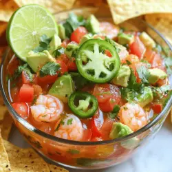 - 1 pound large shrimp, peeled and deveined - 1 cup diced tomatoes - 1 ripe avocado, diced - 1/2 cup red onion, finely chopped - 1/4 cup fresh cilantro, chopped - 2 jalapeños, seeded and minced - 1/4 cup lime juice (about 2 limes) - 1 tablespoon olive oil - Salt and pepper to taste - Tortilla chips for serving - Additional spices (like cumin or smoked paprika) - Other herbs (like parsley or mint) - Variations in peppers (like serrano or bell pepper) When preparing this dish, I focus on fresh, vibrant ingredients. The shrimp must be large, as they hold up well in the cocktail. I choose ripe avocados that are soft to the touch, which adds creaminess. The tomatoes bring sweetness and color. I use red onion for its mild bite and beautiful hue. For spice, I include jalapeños, but you can adjust to your heat level. Lime juice is crucial; it brightens up all the flavors. I recommend using fresh lime for the best taste. Olive oil adds richness, while salt and pepper enhance the dish. Feel free to think outside the box. You might want to add spices like cumin or smoked paprika for a unique twist. Fresh herbs like parsley or mint can also add a fresh touch. If you're feeling adventurous, try different peppers, like serrano, for more heat or bell peppers for a sweeter crunch. For the full recipe, check out the details in the recipe section. To boil shrimp perfectly, start by bringing a pot of salted water to a rolling boil. The salt helps enhance the shrimp's natural flavor. Once boiling, add the shrimp and cook for 2 to 3 minutes. When they turn pink and opaque, they are done. Be careful not to overcook them, as they can become tough. Next, you need a quick cooling method. As soon as you drain the shrimp, transfer them to a bowl of ice water. This stops the cooking process quickly and keeps the shrimp tender. Let them sit in the ice water for a few minutes before draining again. Now it's time to combine fresh vegetables. In a large bowl, mix together the diced tomatoes, avocado, finely chopped red onion, fresh cilantro, and minced jalapeños. This mix adds freshness and color to your shrimp cocktail. When the shrimp are cool, chop them into bite-sized pieces. Add the shrimp to the bowl with the vegetables. This is the moment when you can start to see the dish come together. Marinating is key for flavor. After adding the shrimp, drizzle with lime juice and olive oil. Gently toss the mixture until everything is well combined. Season with salt and pepper to taste. I recommend letting the cocktail marinate in the refrigerator for at least 20 minutes before serving. This time allows all the flavors to blend beautifully. The longer you wait, the tastier it gets! For the complete experience, check the Full Recipe. To start with shrimp, you need to peel and devein them. Here are my best tips: - Use a sharp knife to cut along the back. - Remove the shell by pulling it off gently. - For deveining, use the knife to lift out the dark vein. - Rinse the shrimp in cold water to clean them well. When boiling shrimp, timing is key. Cook them for just 2-3 minutes. They should turn pink and opaque. After boiling, chill them quickly. Place the shrimp in a bowl of ice water. This stops the cooking and keeps them tender. Lime juice is a star in this dish. You can adjust it to your taste. Start with 1/4 cup, then taste. If you like it tangier, add more lime juice. You can also add spices for extra kick. Try a pinch of cumin or smoked paprika. These spices bring warmth to the shrimp cocktail. Presentation matters. For a fun touch, use small cups or bowls. Fill each with the shrimp mix. Garnish with a lime slice and fresh cilantro. This makes each serving pop. Serve tortilla chips on the side. They provide a nice crunch and balance the flavors. For the full recipe, check out the complete instructions above. {{image_2}} You can switch shrimp for other seafood. Crab and scallops make great substitutes. They add rich flavors and textures. You can also try shellfish like clams or lobster. Each option gives a new taste to the dish. You can enjoy a similar dish without shrimp. Use chickpeas or black beans for protein. They add a nice texture and flavor. Mix them with fresh veggies and lime juice. This makes a healthy, tasty dish. Different Mexican regions offer unique twists on this cocktail. In some areas, you might find avocado salsa added. Tomatillos can also enhance flavor. These traditional ingredients bring a local touch to your meal. Explore these variations to find your favorite. For the full recipe, check out the earlier section. To keep your Mexican shrimp cocktail fresh, store it in an airtight container. This helps maintain its flavor and texture. You can enjoy leftovers for up to three days. After that, the shrimp will lose their taste and quality. You can freeze shrimp before cooking or after. If you freeze raw shrimp, it will last up to six months. Cooked shrimp can freeze for three months. For the best texture, thaw shrimp in the fridge overnight. You can also run them under cold water for a quick thaw. When serving after refrigeration, check the flavor. If it tastes dull, add a splash of lime juice to brighten it up. Serve the shrimp cocktail chilled for the best taste. Pair it with tortilla chips for a crunchy contrast. For the full recipe, check the earlier section. To cook shrimp perfectly, use a pot of salted boiling water. Add the shrimp and cook for 2-3 minutes. You want them to turn pink and opaque. This quick method keeps them tender. After cooking, transfer the shrimp to ice water. This stops the cooking and keeps the shrimp juicy. Yes, you can prepare this dish ahead. Mix all the ingredients, but add avocado right before serving. The avocado can brown if left too long. Store the shrimp cocktail in the fridge for a few hours. This allows the flavors to blend beautifully. To up the heat, add more jalapeños. You can also use a spicy sauce like hot sauce or sriracha. For a smoky kick, try adding a bit of chipotle. Taste as you go, so it matches your heat preference. If you don't have lime juice, lemon juice is a good choice. It has a similar tartness, but it may taste a bit different. You can also try vinegar, but use it sparingly. Each alternative will change the dish's flavor slightly. The shrimp cocktail will last about 2-3 days in the fridge. After this time, the shrimp may lose texture and flavor. Always check for freshness before serving leftovers. Pair the shrimp cocktail with tortilla chips for a crunchy contrast. You can also serve it with a light salad or fresh corn salsa. A cold drink, like a lime soda or a light beer, goes well too. For a full meal, consider serving it with rice or a fresh tortilla. In this article, we covered the essential ingredients for a delicious Mexican Shrimp Cocktail. We explored preparation steps, tips for enhancing flavors, and serving ideas. Remember to use fresh ingredients for the best taste. You can switch the seafood or even make a vegetarian version. With proper storage, your leftovers stay tasty. Enjoy making and sharing this dish with friends and family. It’s perfect for gatherings or just a special treat. Happy cooking!
