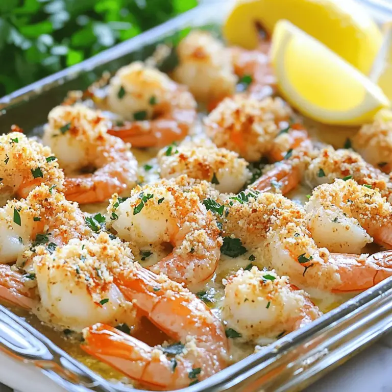 - 1 pound large shrimp, peeled and deveined - 4 tablespoons butter, melted - 4 cloves garlic, minced - 1 teaspoon lemon zest - 1 teaspoon lemon juice - ½ teaspoon red pepper flakes (optional) - ½ cup grated Parmesan cheese - ¼ cup breadcrumbs - 2 tablespoons fresh parsley, chopped - Salt and pepper to taste Finding fresh ingredients makes a big difference in flavor. I always choose large shrimp for this dish. They cook fast and get juicy. Use unsalted butter to control the salt level. Fresh garlic adds a punch, while lemon boosts the shrimp’s taste. If you like some heat, add red pepper flakes. The topping is simple yet tasty. Mix Parmesan with breadcrumbs for a crunchy finish. Fresh parsley brightens the look and taste of the dish. Now, let’s talk about the nutritional information. - Calories per serving: About 300 - Macronutrient breakdown: - Protein: 24g - Fat: 16g - Carbohydrates: 12g - Dietary considerations: This recipe is low-carb and can be made gluten-free by using gluten-free breadcrumbs. This dish not only tastes great but also fits many diets. You get lean protein from shrimp and healthy fats from butter. The dish is perfect for a quick meal without feeling heavy. For a complete guide, check the Full Recipe. First, preheat your oven to 400°F (200°C). This helps the shrimp cook evenly and quickly. Next, grease your baking dish with cooking spray or a light coat of butter. This step prevents the shrimp from sticking and makes cleanup easier. In a large bowl, combine melted butter, minced garlic, lemon zest, and lemon juice. This mixture adds rich flavor to the shrimp. If you like a bit of heat, add optional red pepper flakes. They give a nice kick to the dish. Now, toss the peeled and deveined shrimp in the garlic butter mixture. Make sure they are fully coated. This step is key for flavor. Spread the shrimp evenly in the greased baking dish. In a smaller bowl, mix grated Parmesan cheese and breadcrumbs. This topping adds crunch and flavor. Sprinkle the Parmesan-breadcrumb mixture over the shrimp. Bake in your preheated oven for 10-12 minutes. The shrimp are done when they turn pink and opaque. The topping should be golden brown. Once finished, garnish with fresh parsley for a pop of color and taste. For the full recipe, refer to the complete guide provided. When picking shrimp, look for a few key signs. Fresh shrimp should have a firm texture and a slight sheen. They should smell like the ocean, not fishy. If the shrimp feel slimy or have dark spots, skip them. Buy shrimp from trusted sources, like fish markets or grocery stores with a good seafood section. Always ask about the catch date to ensure freshness. Overcooking shrimp can ruin their tender texture. Shrimp cook fast, so watch them closely. They turn pink and opaque when done. A good tool to check doneness is a meat thermometer. The internal temperature should reach 120°F (49°C). If you don't have one, just look for that beautiful pink color. To boost flavor, consider adding herbs like thyme or dill. Fresh basil also pairs well with shrimp. For a spicy kick, add more red pepper flakes. If you want to try different cheeses, feta or mozzarella can add a new twist. Each cheese brings its own taste, so get creative! {{image_2}} You can swap shrimp for fish or chicken in this recipe. Fish, like cod or tilapia, cooks fast. Chicken needs a bit more time. If you use chicken, bake it for 15-20 minutes. Always check if it's cooked through. Fish will be ready in about the same time as shrimp, around 10-12 minutes. The key is to watch for that lovely pink color in shrimp and the flakiness in fish. To make this dish gluten-free, use gluten-free breadcrumbs. They work just as well for that crispy topping. If you're avoiding dairy, try using a dairy-free cheese or skip it altogether. The garlic butter and spices add enough flavor. You can also use olive oil instead of butter for a lighter touch. Want to mix things up? Add citrus like lime or orange for a fresh twist. Just zest and juice it in the garlic mix. You can also change the cheese! Feta adds a tangy flavor, while mozzarella gives a creamy texture. Both options can make this dish even more exciting. To keep your baked shrimp fresh, refrigerate them right away. Place the shrimp in an airtight container. This will help them stay tasty longer. If you don’t have an airtight container, use plastic wrap or aluminum foil. Make sure to cover the dish well. The shrimp should be cool before you seal them up. You can also freeze baked shrimp for later. First, let the shrimp cool completely. Then, place them in a freezer-safe bag. Squeeze out as much air as you can. This helps prevent freezer burn. For best results, use the shrimp within three months. When you are ready to eat, thaw them in the fridge overnight. Reheat them in the oven at 350°F (175°C) for about 10 minutes. This keeps them juicy and warm. Baked shrimp can last in the fridge for about three days. Check for signs of spoilage before eating. If they smell off or look slimy, it’s best to throw them out. Always trust your nose and eyes when it comes to food safety. Enjoy your Garlic Parmesan Baked Shrimp without worries by following these storage tips! Baking shrimp is quick and easy. It usually takes about 10 to 12 minutes at 400°F (200°C). You know the shrimp are done when they turn pink and opaque. Overcooking shrimp makes them tough, so keep an eye on them. Yes, you can prep this dish ahead of time. Mix the shrimp with the garlic butter and put them in the baking dish. Cover it and store it in the fridge for up to 24 hours. When you're ready, just bake it straight from the fridge. This saves time and lets the flavors meld together. Garlic Parmesan Baked Shrimp pairs well with many sides. Here are some great options: - Rice: A light lemon rice or garlic rice complements the shrimp well. - Salad: A fresh green salad adds crunch and balances the dish. - Vegetables: Roasted or steamed veggies like broccoli or asparagus work nicely. - Pasta: A simple pasta dish can soak up the garlic flavor. For the complete presentation of the Garlic Parmesan Baked Shrimp recipe, check out the [Full Recipe]. In this post, I shared how to make Garlic Parmesan Baked Shrimp, from the ingredients to cooking tips. You’ve learned about choosing fresh shrimp and enhancing flavors. Plus, I provided ways to store and adapt the recipe. A simple dish packed with flavor is at your fingertips. Enjoy experimenting in your kitchen, and share your results!
