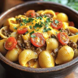 - 1 lb ground beef - 8 oz large pasta shells - 1 medium onion, diced - 2 cloves garlic, minced - 1 cup heavy cream - 1 cup beef broth - 1 cup shredded cheddar cheese - 2 teaspoons Italian seasoning - Salt and pepper to taste - Fresh parsley, chopped (for garnish) Gathering the right ingredients makes all the difference in this creamy beef and shells pasta. Start with ground beef for a rich flavor. I recommend using large pasta shells, as they hold the creamy sauce well. The diced onion and minced garlic add a sweet and aromatic touch. For the sauce, heavy cream gives a luscious texture, while beef broth enhances the meaty flavor. Shredded cheddar cheese creates a rich, gooey finish. Don't forget the Italian seasoning, salt, and pepper to bring it all together. Finally, a sprinkle of fresh parsley adds a pop of color and brightness. I love how this dish combines simple ingredients to create something truly special. You can find the full recipe for more detailed steps and tips. To start, fill a large pot with water. Add a pinch of salt to the water. Bring it to a boil on high heat. Once boiling, add the pasta shells. Cook them according to the package instructions until they are al dente. This usually takes about 8-10 minutes. Stir the pasta occasionally to prevent sticking. After cooking, drain the pasta in a colander. Set it aside while you prepare the beef and sauce. In a large skillet, heat over medium heat. Add the ground beef to the skillet. Use a spatula to break it apart as it cooks. Brown the beef evenly; this should take about 5-7 minutes. Once browned, look for any excess fat. If you see a lot of fat, drain it carefully. This step keeps the dish from being greasy. Now, keep the heat low. Add the diced onion and minced garlic to the beef. Cook for 3-4 minutes. The onion should become soft and clear. Next, pour in the beef broth. Bring it to a gentle simmer and let it reduce for about 5 minutes. After that, stir in the heavy cream. Mix well until everything is combined. Add the shredded cheddar cheese and stir until it melts. The sauce will become creamy and smooth. Finally, toss in the cooked pasta shells and halved cherry tomatoes. Stir gently to coat everything in that rich sauce. Season with Italian seasoning, salt, and pepper to taste. Cook for an additional 2-3 minutes to warm through. Enjoy your creamy beef and shells pasta! For the full recipe, check out the details above. To get the best texture for your beef and pasta, follow these steps: - Cook the pasta shells until they are al dente. This means they should still have a little bite. - When browning the ground beef, break it into small pieces. This helps it cook evenly. - Drain any excess fat after browning the meat. Too much fat can make the dish greasy. - Add the diced onion and garlic to the skillet right after the beef. They will pick up the flavor from the meat. - Stir often while cooking to prevent burning or sticking. Adjusting the creaminess of the sauce is easy. Here are a few tips: - For a thicker sauce, use less beef broth. Start with half a cup and add more if needed. - If you like a creamier sauce, add more heavy cream. A little extra can make a big difference. - Always stir the sauce as it simmers. This will help distribute the flavors well. - Taste the sauce before adding the pasta. Adjust salt and seasoning according to your preference. Make your dish look great with these ideas: - Serve the pasta in a large bowl. This makes it easy for everyone to help themselves. - Garnish with chopped fresh parsley. It adds color and flavor. - Sprinkle extra shredded cheese on top before serving. It melts slightly and looks appetizing. - Add halved cherry tomatoes on top for a fresh touch. They add a pop of color and taste. - Pair with a side salad or garlic bread to make the meal complete. For the full recipe, check out the complete details above. Enjoy your cooking! {{image_2}} For this creamy beef and shells pasta, you can swap the ground beef for other meats. Ground turkey or chicken works well too. If you prefer a plant-based option, try using lentils or crumbled tofu. These swaps keep the dish tasty and satisfying while catering to different diets. Adding veggies can boost flavor and nutrition. Try mixing in spinach, zucchini, or bell peppers. These vegetables cook quickly and add color. You can also use frozen peas or corn for a pop of sweetness. Just toss them in with the pasta shells for a healthy twist. If you like heat, consider adding red pepper flakes or hot sauce. This can give your dish a fun kick. You can also try different herbs like smoked paprika or cumin for new flavors. Experiment with seasoning to find the mix that excites your taste buds. After cooking, let your creamy beef and shells pasta cool to room temp. Place it in an airtight container. This keeps the dish fresh and prevents odors from mixing in the fridge. Store it for up to three days. When you want to reheat, simply warm it on the stove or in the microwave until hot. To freeze, follow these steps for the best results. First, let the dish cool completely. Then, portion it into freezer-safe containers. Leave a little space at the top, as food expands when frozen. Seal tightly and label with the date. This dish can last up to three months in the freezer. To reheat, thaw overnight in the fridge. Warm it gently on the stove, adding a splash of beef broth or cream if needed to restore creaminess. You can safely store this creamy beef and shells pasta in the fridge for about three days. In the freezer, it stays good for up to three months. Check for any off smells or changes in texture before eating. If it seems off, it’s best to toss it out. Enjoy your creamy beef and shells pasta fresh for the best taste! Yes, you can use other pasta shapes. Some great options include: - Penne - Fusilli - Rigatoni - Farfalle These shapes hold sauce well and add fun to your dish. You can even use whole wheat or gluten-free pasta if you prefer. You can make this a one-pot meal with a few tweaks. Cook the pasta right in the skillet. After browning the beef, add the pasta and broth together. Then follow the rest of the steps as usual. This method saves time on cleanup! To reduce calories while keeping flavor, try these tips: - Use lean ground beef or turkey. - Swap heavy cream for half-and-half or a plant-based milk. - Use less cheese or a lower-fat cheese option. - Add more veggies like spinach or zucchini for fiber without many calories. These changes keep your meal tasty and satisfying! For the full recipe, check out the Creamy Beef and Shells Pasta recipe. This blog post covered everything needed to make creamy beef-filled pasta shells. You learned about key ingredients like ground beef and cheddar cheese. We walked through simple steps to cook and combine everything into a tasty meal. For a perfect dish, follow the tips for texture and serving. Feel free to swap ingredients or add veggies for extra flavor. Enjoy this recipe today and share it with others who love good food!