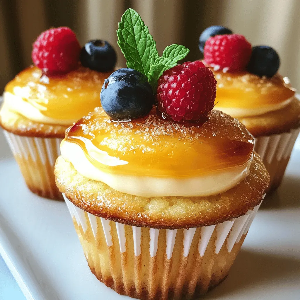 To make these delicious cupcakes, you need some key ingredients: - 1 cup all-purpose flour - 1 teaspoon baking powder - 1/2 teaspoon baking soda - 1/4 teaspoon salt - 1/2 cup unsalted butter, softened - 1 cup granulated sugar - 2 large eggs - 2 teaspoons vanilla extract - 1/2 cup whole milk - 1/4 cup heavy cream These ingredients create a rich and moist cupcake base. The butter and sugar blend gives it a light and fluffy texture, while the eggs add richness. For the special brûlée topping, gather: - 2 tablespoons granulated sugar This sugar caramelizes beautifully to create that crispy, crackly layer we all love in crème brûlée. It's the finishing touch that elevates these cupcakes. To make your cupcakes even more appealing, consider these garnishes: - Fresh berries (like raspberries or strawberries) - A sprig of mint Adding a berry or mint gives a colorful contrast and a fresh burst of flavor. This makes your cupcakes not only taste great but also look stunning. For the full recipe details, check [Full Recipe]. Start by preheating your oven to 350°F (175°C). Line a muffin tin with cupcake liners. In a medium bowl, mix together 1 cup of all-purpose flour, 1 teaspoon of baking powder, 1/2 teaspoon of baking soda, and 1/4 teaspoon of salt. Set this dry mix aside. In a large bowl, cream 1/2 cup of softened unsalted butter with 1 cup of granulated sugar. Mix until it becomes light and fluffy, about 3-5 minutes. Next, add 2 large eggs one at a time. Mix well after each egg, then stir in 2 teaspoons of vanilla extract. Gradually add the dry mix to the wet mix, alternating with 1/2 cup of whole milk. Start and end with the dry mix. Mix until just combined. Spoon the batter into your prepared liners, filling each about two-thirds full. Place the muffin tin in your oven. Bake for 18-20 minutes. Check if they are done by inserting a toothpick in the center. If it comes out clean, they are ready! Once baked, let them cool completely on a wire rack. While the cupcakes cool, make the crème brûlée filling. In a small saucepan, combine 1/4 cup of heavy cream, 1/4 cup of granulated sugar, and 2 teaspoons of vanilla extract. Heat this mixture over medium heat. Stir until the sugar dissolves and the mix is warm but not boiling. Once the cupcakes are cool, carefully cut a small hole in each cupcake's center. Remove a bit of cake to create a cavity. Fill each cavity with the crème brûlée filling you just made. To create the crispy topping, sprinkle 1/2 tablespoon of granulated sugar on each filled cupcake. Use a kitchen torch to carefully caramelize the sugar. Aim for a golden and crispy layer. If you do not have a torch, you can place the cupcakes under a broiler for a few minutes. Watch them closely to prevent burning. After caramelizing, let the sugar topping harden for a few minutes before serving. For the full experience, check the Full Recipe for more details. To get soft and fluffy cupcakes, ensure your butter is at room temperature. This helps it cream well with sugar. Mix until the mixture looks light and fluffy. Don't overmix after adding flour. This keeps your cupcakes tender. Bake them until a toothpick comes out clean. Let them cool completely before filling. This prevents the filling from melting into the cupcakes. Caramelizing sugar creates that classic brûlée topping. Use a kitchen torch for best results. Start by sprinkling sugar on the filled cupcake evenly. Hold the torch a few inches away, moving it slowly. Watch closely as the sugar melts and turns golden. If you use a broiler, keep a close eye. Sugar can burn quickly under high heat. Let the topping harden for a few minutes before serving. This ensures a nice crack when you bite into it. You can adapt this recipe for different diets. For gluten-free cupcakes, swap all-purpose flour with a gluten-free blend. Use a dairy-free butter and milk for a vegan option. For reduced sugar, try a sugar substitute that measures cup-for-cup. Each change might alter the final taste, so experiment carefully. Always check your ingredients to ensure they fit your needs. To see the complete recipe, check out the Full Recipe link. {{image_2}} You can easily change the flavor of your crème brûlée cupcakes. For chocolate cupcakes, swap out some flour for cocoa powder. Use 1/3 cup of cocoa for a nice balance. For an espresso flavor, add 1 tablespoon of instant coffee to your batter. This adds a rich, bold taste. You can also mix in spices like cinnamon or cardamom for a unique twist. The options are endless, so get creative! While the classic brûlée topping is delightful, you can explore other options. Try a fruit compote for a fresh touch. A raspberry or blueberry compote pairs well with crème brûlée flavors. You could also use whipped cream for a lighter option. For a fun crunch, try crushed cookies or caramel shards. These toppings can add both flavor and texture to your cupcakes. Making gluten-free cupcakes is simple! Use a gluten-free flour blend instead of all-purpose flour. Ensure you pick a blend that includes xanthan gum for better texture. For vegan cupcakes, substitute the eggs with flax eggs or applesauce. Replace the butter with vegan butter and use plant-based milk. These swaps allow everyone to enjoy this sweet treat without missing out! For the full recipe, check out the link above and get started on your baking adventure. After you enjoy these Crème Brûlée Cupcakes, store any leftovers in an airtight container. Place them in the fridge to keep them fresh. They will stay good for about three days. If you notice any moisture, use a paper towel inside the container to absorb it. This helps prevent sogginess. Want to save some for later? You can freeze these cupcakes! First, let them cool completely. Then, wrap each cupcake in plastic wrap and place them in a freezer bag. Make sure to remove as much air as possible. They will stay fresh for up to three months in the freezer. When you’re ready to enjoy them, simply thaw them in the fridge overnight. When serving leftover cupcakes, consider adding a fresh touch. You can re-crème brûlée the tops by sprinkling a little sugar and using a kitchen torch. This makes them crispy again! Another fun idea is to pair them with whipped cream or a scoop of vanilla ice cream. This adds creaminess and balances the rich flavor. For a pop of color, top with fresh berries or mint leaves. These simple touches make your stored cupcakes feel special again. For the full recipe, check back to create these treats from scratch! Yes, you can make these cupcakes ahead. Bake the cupcakes and let them cool. Store them in an airtight container. You can fill them with crème brûlée filling later. This keeps them fresh and fluffy. Here are some tools that help create perfect cupcakes: - Mixing bowls - Whisk - Muffin tin - Cupcake liners - Kitchen torch (or broiler) - Small knife for cutting holes Using these tools makes the process smooth and fun! To achieve the perfect crispy layer, sprinkle sugar evenly on top. Use about 1/2 tablespoon per cupcake. Then, use a kitchen torch to caramelize it. Move the flame slowly to avoid burning. If using a broiler, watch closely. The sugar should turn golden and harden. To reheat cupcakes, place them on a microwave-safe plate. Heat for about 10-15 seconds. This warms them without drying them out. If you want to enjoy the brûlée topping, reheat briefly. After reheating, let them sit for a moment. This ensures a delightful bite! For the full recipe, check out the Crème Brûlée Cupcakes section. You’ve learned how to make Crème Brûlée Cupcakes. Starting with the right ingredients is key. I walked you through each step: from batter to caramelized topping. Tips helped ensure perfect texture and flavor. You can even make variations or adjustments for different diets. Store leftovers properly to keep them fresh. Enjoy your tasty treats! These cupcakes blend classic flavors with fun twists. Now, it’s your turn to impress your friends and family with this unique dessert. Happy baking!