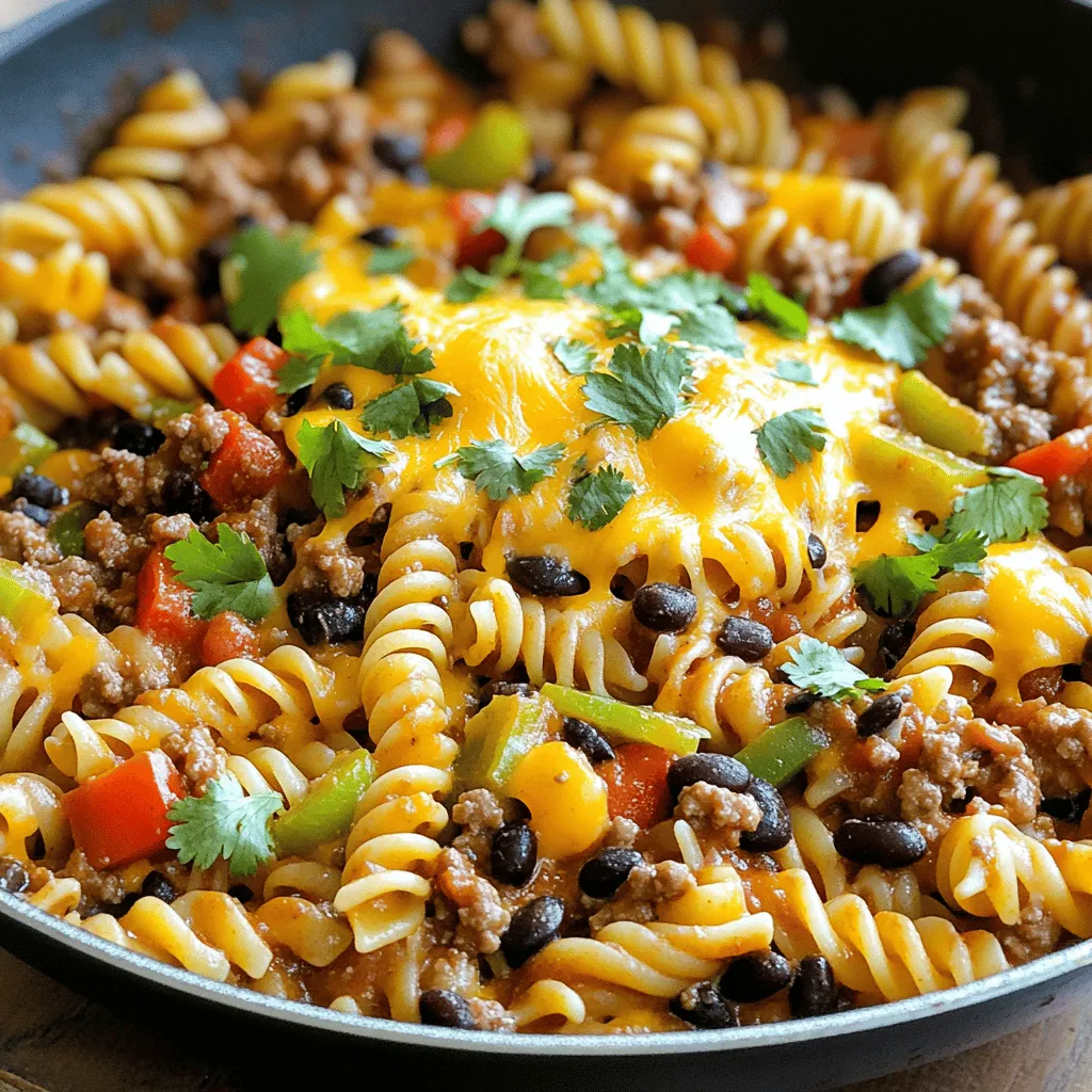 - 12 oz of pasta (penne or fusilli recommended) - 1 lb ground beef or turkey - 1 medium onion, diced - 2 cloves garlic, minced - 1 red bell pepper, diced - 1 can (15 oz) black beans, drained and rinsed - 1 can (14.5 oz) diced tomatoes with green chilies - 1 cup corn (fresh or frozen) - 1 tbsp chili powder - 1 tsp cumin - Salt and pepper to taste - 1 cup shredded cheddar cheese - Fresh cilantro for garnish When I make cowboy pasta, I love the mix of flavors and textures. The pasta is the heart of the dish. I recommend using penne or fusilli for their ability to hold onto the sauce well. Ground beef or turkey adds a nice protein base. Chopping a medium onion and two cloves of garlic gives a lovely aroma as they cook. The onion becomes sweet, and the garlic adds depth. A red bell pepper adds color and sweetness. Black beans are a must; they provide fiber and a hearty feel. I always use canned diced tomatoes with green chilies for a little kick. Corn, whether fresh or frozen, brings a pop of sweetness. For seasoning, chili powder and cumin work wonders. They give that cowboy vibe. Finally, salt and pepper enhance all the flavors. Top with shredded cheddar cheese and fresh cilantro for a finishing touch. You can find the full recipe in the section above. Enjoy this hearty meal with your family! - Bring salted water to a boil. - Add 12 oz of pasta. Cook until al dente. - Drain the pasta and set aside. - Heat 1 tbsp of olive oil in a large skillet. - Sauté 1 medium onion until translucent, about 3-4 minutes. - Add 2 cloves of minced garlic and 1 diced red bell pepper. Cook until softened. - Increase heat to medium-high. - Add 1 lb of ground beef or turkey. Cook until browned, breaking it up with a spatula. - Stir in 1 can of black beans, 1 can of diced tomatoes, and 1 cup of corn. - Add 1 tbsp of chili powder, 1 tsp of cumin, salt, and pepper. Mix and simmer for 5 minutes. - Add the cooked pasta to the skillet. Stir to combine everything well. - Top with 1 cup of shredded cheddar cheese. Let it melt before serving. This hearty meal is simple and quick. You can find the full recipe to enjoy more details. For the best texture, I recommend using penne or fusilli pasta. These shapes hold the sauce well. Cook the pasta until it is al dente. This means it should be firm but not hard. Drain it and set it aside. Proper seasoning is key. I suggest tasting your dish as you cook. A little salt and pepper can go a long way. You want a balance that brings out all the flavors. Pair your Cowboy Pasta with a fresh salad. A simple green salad with vinaigrette works well. You can also serve it with garlic bread for a heartier meal. For plating, use a large bowl to show off the colorful mix. Add a sprinkle of fresh cilantro on top for a nice touch. If you like spice, add jalapeños or a dash of hot sauce. This gives the dish a kick that many enjoy. You can also boost nutrition by adding more veggies. Consider adding spinach, zucchini, or carrots. These will add color and flavor, making your meal even better. {{image_2}} You can easily swap out the ground beef or turkey. Ground chicken works well and keeps it light. For a plant-based option, try a meat alternative. Lentils or chopped mushrooms add great texture and taste. You can also leave out the meat. Just load up on veggies and beans for a hearty dish. If you need a gluten-free option, choose rice or quinoa pasta. These options cook well and taste great. Whole grain pasta is another choice. It adds more fiber and a nutty flavor. You can even use veggie-based pasta, like zucchini noodles. They bring extra nutrients and a unique twist. Want a smoky kick? Add crispy bacon to your mix. It brings rich flavor and a nice crunch. For a Southwest twist, spice it up with chili flakes or cumin. You can also add fresh jalapeños for heat. Each adjustment makes this dish feel new and exciting. To store leftover cowboy pasta, let it cool first. Place it in an airtight container. This helps keep the flavors fresh. I recommend glass or plastic containers with tight lids. You can store it in the fridge for up to three days. When reheating cowboy pasta, you want to keep it tasty. The best way is to use the stovetop. Add a splash of water or broth to keep it moist. Stir often over medium heat until warm. You can also use the oven. Preheat the oven to 350°F (175°C). Place the pasta in an oven-safe dish, cover with foil, and heat for about 15 minutes. To freeze cowboy pasta, first cool it completely. Then, place portions in freezer bags. Squeeze out the air and seal them tight. It can last up to three months in the freezer. When you’re ready to eat, thaw it overnight in the fridge. Reheat it on the stovetop or in the oven as mentioned earlier. Enjoy your meal! Don't forget to check the Full Recipe for more details. Cowboy Pasta is a hearty dish full of flavor. It combines pasta with ground meat, beans, and veggies. The mix of spices gives it a warm, zesty taste. You’ll love its rich blend of chili powder and cumin. This dish is filling and perfect for family meals. You can easily adjust Cowboy Pasta to suit your taste. Swap ground beef for turkey or chicken. Use different beans, like pinto beans or chickpeas. Try adding more veggies, such as zucchini or spinach. You can also change the cheese; pepper jack adds a spicy twist. Yes, you can prepare Cowboy Pasta ahead of time. Cook it, then let it cool before storing. Place it in an airtight container in the fridge. It stays fresh for about three days. You can reheat it on the stove or in the microwave. The best pasta for Cowboy Pasta is penne or fusilli. These shapes hold sauce well and add texture. You can also try rotini or farfalle for fun shapes. Just make sure the pasta is cooked al dente for the best bite. Absolutely! Cowboy Pasta is a hit with kids and picky eaters. It’s colorful, tasty, and easy to eat. The mix of flavors keeps it exciting, while the cheese adds a creamy touch. Serve it with a side salad for a complete meal. For the full recipe, check out the detailed instructions above! Cowboy pasta is a fun and tasty dish. You learned about its key ingredients, from ground meat to colorful veggies. The cooking steps guide you to a perfect meal. Don't forget tips for serving and flavor boosts. You can even adjust the recipe to fit your needs. It is easy to store and reheat. Whether you make it for family or friends, this dish brings everyone together. Try creating your own cowboy pasta and enjoy the flavors. You won't be disappointed!