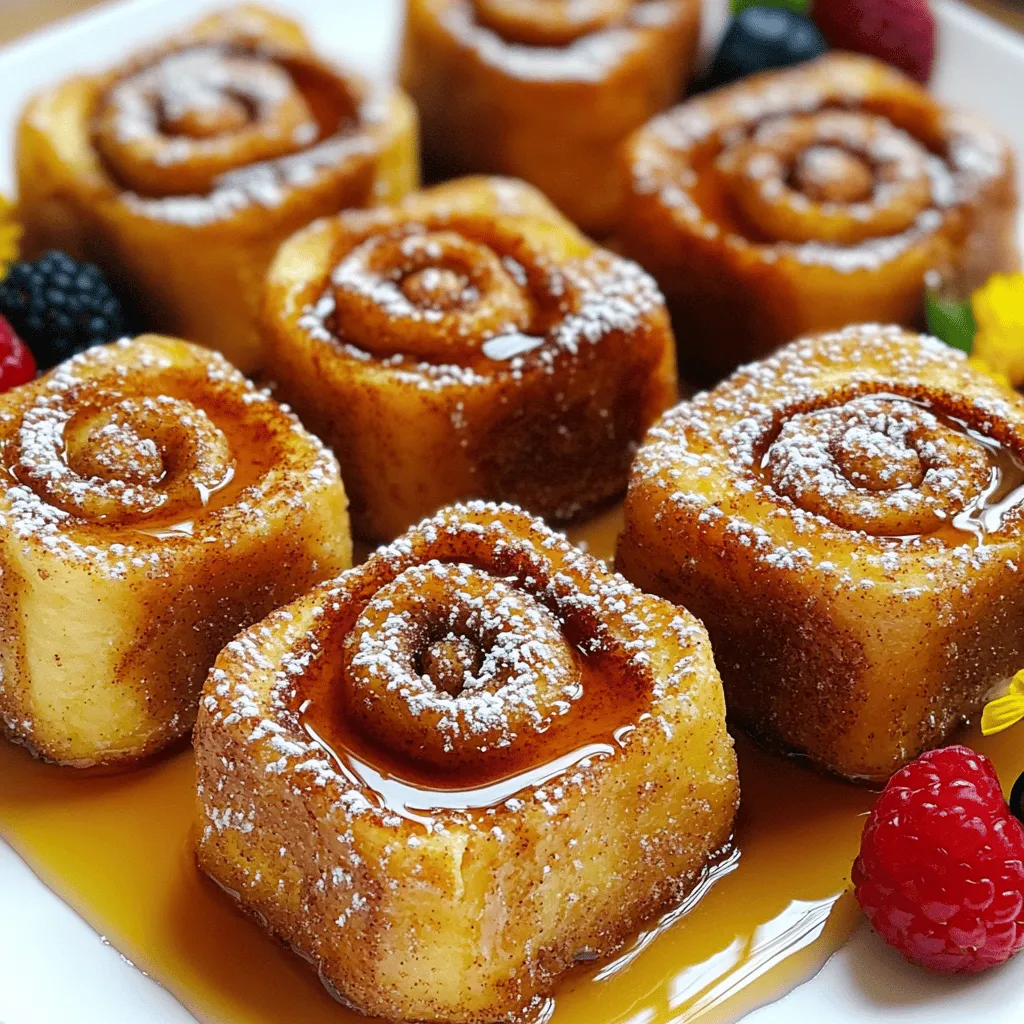 - 1 can of cinnamon roll dough (8 rolls) - 3 large eggs - ½ cup milk - 1 teaspoon vanilla extract - ½ teaspoon ground cinnamon - 1 tablespoon sugar - 2 tablespoons butter - Maple syrup for serving - Powdered sugar for dusting - Optional: Fresh berries for garnish To make Cinnamon Roll French Toast Bites, gather your ingredients. Start with a can of cinnamon roll dough, which you can find in any grocery store. This dough is the star of the dish. Next, you need three large eggs. They help bind the mixture and give it a rich taste. You will also want half a cup of milk for creaminess. Vanilla extract adds a warm aroma, while ground cinnamon boosts the flavor. Add a tablespoon of sugar to sweeten the mix. Melt two tablespoons of butter for a rich finish. For serving, keep maple syrup and powdered sugar on hand. If you like, fresh berries make a beautiful garnish. You can find the full recipe in the section above. These ingredients come together to create a delightful treat that will please everyone. - Preheat your oven to 375°F (190°C). Line a baking sheet with parchment paper. - Open the can of cinnamon rolls. Separate each roll and cut them into quarters. This will give you bite-sized pieces that are perfect for dipping. - In a mixing bowl, add 3 large eggs, ½ cup milk, 1 teaspoon vanilla extract, ½ teaspoon ground cinnamon, and 1 tablespoon sugar. - Whisk these ingredients together until they look smooth and creamy. This mixture will coat the cinnamon roll pieces and add flavor. - Take each piece of the cinnamon roll and dip it into your egg mixture. Make sure to coat all sides well. - Arrange the dipped pieces on your prepared baking sheet. This will help them bake evenly. - Melt 2 tablespoons of butter in a small saucepan. Drizzle the melted butter over the cinnamon roll bites on the baking sheet. - Bake in the oven for 12 to 15 minutes. Look for a golden brown color and a puffed-up shape. - Once baked, take them out of the oven. Let them cool for a couple of minutes. - If you like, drizzle the icing that came with the cinnamon rolls over the bites. - Serve warm with maple syrup and a dusting of powdered sugar. You can add fresh berries on top for a fun touch. For the full recipe, check out the detailed instructions. To get the best texture for your Cinnamon Roll French Toast Bites, focus on the egg mixture. Make sure you whisk the eggs, milk, vanilla extract, ground cinnamon, and sugar well. The mixture should be smooth. This helps each bite soak up the flavor. Next, pay attention to baking time and temperature. Preheat your oven to 375°F (190°C). Bake the bites for about 12 to 15 minutes. Keep an eye on them. You want them golden brown and puffed. If they bake too long, they can become dry. Garnishing can elevate your bites. Try dusting them with powdered sugar. A drizzle of maple syrup adds sweetness. Fresh berries make a great topping too. They add color and freshness. These bites pair well with coffee. The warm, rich flavors work nicely together. You can also serve them with fruit salad. This adds a refreshing touch to your meal. One common mistake is overbaking. If you let them bake too long, they will dry out. Check them at the 12-minute mark. If they are not golden yet, give them a few more minutes. Another mistake is not coating evenly. Make sure each piece of cinnamon roll is fully dipped in the egg mixture. This ensures all sides soak in flavor. If some pieces are dry, they won’t taste as good. Enjoy your Cinnamon Roll French Toast Bites with these tips in mind! For the full recipe, check out the section above. {{image_2}} You can make your Cinnamon Roll French Toast Bites even better with a few tweaks. Adding chocolate chips brings a sweet touch that kids love. Nuts like pecans or walnuts add a nice crunch. You might also consider spices. A pinch of nutmeg or a dash of cardamom can elevate the flavor. These small changes can turn a simple dish into something special. For those who need gluten-free options, look for gluten-free cinnamon roll dough. Many brands now offer tasty alternatives that work well. If you are dairy-free, try almond or oat milk in the egg mixture. You can also replace eggs with a mixture of flaxseed and water for a vegan version. These swaps let everyone enjoy this treat without worry. You can change up the flavors with the seasons, too! In fall, add pumpkin spice to the egg mixture for a cozy vibe. For the holidays, use peppermint extract or even eggnog instead of milk. These seasonal touches can make your cinnamon roll bites festive and fun. Each variation gives a new twist that keeps this recipe fresh and exciting. To keep your cinnamon roll bites fresh, use an airtight container. This helps prevent them from drying out. Place a paper towel inside the container to absorb extra moisture. This trick keeps the bites soft. You can store them in the fridge for up to three days. When reheating, you want to keep them tasty. The best way is to use an oven. Preheat it to 350°F (175°C). Place the bites on a baking sheet, and cover them with foil. Heat for about 10 minutes. You can also use a microwave. Heat them for 15-20 seconds. Be careful not to overdo it. Serve the leftovers warm with fresh maple syrup or a sprinkle of powdered sugar. You can freeze cinnamon roll bites for later. To do this, place them in a single layer on a baking sheet. Freeze for one hour until firm. Then, transfer them to a freezer bag. They can last up to three months in the freezer. When ready to eat, thaw them in the fridge overnight. Reheat them in the oven like before. This keeps the flavors and texture nice. Enjoy your cinnamon roll bites even after storing! Yes, you can prepare these bites ahead of time. To do this, follow these steps: - Make the bites up to the baking step. - Place them on a baking sheet and cover with plastic wrap. - Store them in the fridge for up to 24 hours. - Bake them when you are ready. This keeps them fresh and tasty. If you have leftovers, store them in an airtight container. They will stay good for a couple of days. To get that perfect crispy bite, keep these tips in mind: - Make sure to coat each piece well in the egg mixture. - Don't crowd the baking sheet; leave space between each piece. - Bake them at the right temperature—375°F (190°C) is ideal. - Turn them halfway through baking for even crispiness. These steps will help you achieve a great texture that everyone will love. These cinnamon roll bites pair well with many sides and drinks. Here are some ideas: - Serve with fresh fruit, like strawberries or blueberries. - Maple syrup adds a sweet touch. - A sprinkle of powdered sugar enhances presentation. - Enjoy with a cup of coffee or hot chocolate for a cozy treat. These options make your meal feel special and complete. For the full recipe, check out the detailed instructions. In this blog post, we explored how to make delicious Cinnamon Roll French Toast Bites. We covered all the key ingredients and steps, including tips for texture and serving ideas. I shared variations to enhance flavor and adapt for different diets. You learned about storage and reheating methods. Experimenting with this recipe can lead to tasty treats that everyone enjoys. Remember, small changes can make a big difference in flavor and fun. Enjoy your cooking adventure and share these bites with friends and family!