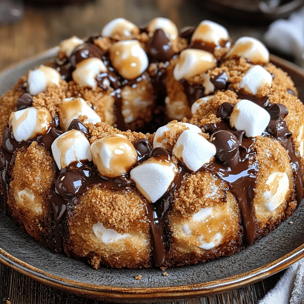 To make S'mores Monkey Bread, gather these ingredients: - 2 cans of refrigerated biscuit dough - 1 cup mini marshmallows - 1 cup semi-sweet chocolate chips - 1 cup graham cracker crumbs - ½ cup unsalted butter, melted - ½ cup brown sugar - 1 teaspoon vanilla extract - Pinch of salt These ingredients work together to create that warm, gooey delight we all crave. You can swap some ingredients if needed. Use puff pastry instead of biscuit dough for a flakier texture. If you have allergies, try dairy-free chocolate chips. You can also use coconut oil instead of butter. For a gluten-free option, use gluten-free biscuit dough and gluten-free graham crackers. To make this dessert, you need a few tools: - A bundt pan for that fun shape - Mixing bowls for combining ingredients - A whisk for mixing the butter and sugar - A sharp knife for cutting the biscuit dough - An oven for baking your masterpiece Having these items ready makes the process smooth and easy. You’ll enjoy every step of making this sweet treat! For the complete cooking guide, check out the Full Recipe. First, gather all your ingredients. You will need: - 2 cans of refrigerated biscuit dough - 1 cup mini marshmallows - 1 cup semi-sweet chocolate chips - 1 cup graham cracker crumbs - ½ cup unsalted butter, melted - ½ cup brown sugar - 1 teaspoon vanilla extract - Pinch of salt Next, preheat your oven to 350°F (175°C). Grease a bundt pan with non-stick spray or butter. This step helps your monkey bread come out easily after baking. Open the biscuit dough cans. Cut each biscuit into quarters. Roll each quarter into a small ball. In another bowl, mix the graham cracker crumbs with a tiny bit of the sticky syrup you make later. This helps the crumbs stick to the dough. Now, take some dough balls, coat them in the graham cracker mix, and layer them in the bundt pan. Sprinkle mini marshmallows and chocolate chips between the layers. Keep adding layers until you use all the dough balls. Drizzle any leftover syrup on top. Place the bundt pan in the preheated oven. Bake for 30-35 minutes. The top should be golden brown, and the dough should be cooked through. Once done, let the monkey bread cool for 5-10 minutes. Carefully invert it onto a plate. Serve warm and enjoy the gooey chocolate and marshmallow treat! You can find the full recipe to guide you through each step. To get that perfect texture, you need to follow a few key steps. First, use fresh biscuit dough. Old dough does not rise well. Second, do not overbake. Keep an eye on your monkey bread. It should be golden brown, not dark. Lastly, let it cool a little before serving. This helps the gooey chocolate and marshmallows set perfectly. You can boost the s'mores flavor in fun ways. Try adding a pinch of cinnamon to the graham cracker crumbs. It adds warmth and depth. You can also mix in some peanut butter chips for a twist. If you love nuts, add crushed walnuts or pecans for crunch. For extra gooeyness, use chocolate hazelnut spread between the layers. One common mistake is not greasing the pan well. This can make it hard to remove the bread later. Another mistake is not mixing the sticky syrup well. It should be smooth and thick. Lastly, remember to layer evenly in the bundt pan. This ensures all pieces bake evenly and taste great. For the full recipe, check out the steps above! {{image_2}} You can play with flavors in monkey bread. Instead of s'mores, try cinnamon sugar. Use cinnamon and sugar on the dough balls. You can also use fruit. Think of apple pie or peach cobbler. These fruits add a fresh taste. Mix in caramel for a sweet twist. Want a gluten-free version? Use gluten-free biscuit dough. You can find this at most stores. For dairy-free, use plant-based butter. Look for dairy-free chocolate chips too. This way, everyone can enjoy the treat. Change it up for the seasons! In fall, add pumpkin spice. For winter, try peppermint extract. You can even add nuts for crunch. Walnuts or pecans work well. These little changes make each batch special. Find the full recipe and let your creativity shine! To keep your S'mores Monkey Bread fresh, store any leftovers in an airtight container. Make sure it cools to room temperature first. Place a layer of plastic wrap over the top before sealing it. This keeps the bread soft and moist for the next time you enjoy it. When you're ready to eat your leftover monkey bread, reheating it properly is key. Preheat your oven to 350°F (175°C). Place the monkey bread on a baking sheet lined with parchment paper. Heat it for about 10-15 minutes. This warms it evenly and keeps that gooey chocolate and marshmallow texture. If you want to save some S'mores Monkey Bread for later, freezing is a great option. Wrap the cooled bread tightly in plastic wrap, then in foil. This helps prevent freezer burn. You can freeze it for up to three months. When you're ready to enjoy it, thaw it overnight in the fridge, then reheat as mentioned above. For the full recipe, check here! S'mores Monkey Bread lasts for about 2 to 3 days when stored properly. Keep it covered at room temperature. If you want it to last longer, you can store it in the fridge for up to a week. The taste may change slightly, but it will still be good! Yes, you can make S'mores Monkey Bread ahead of time! Prepare it up to the baking step. Cover it tightly and store it in the fridge for up to 24 hours. When you’re ready to bake, just add a few extra minutes to the baking time. This way, you can enjoy fresh monkey bread without all the prep work on the day of your event. S'mores Monkey Bread is great on its own, but you can pair it with some fun sides! Here are a few ideas: - Vanilla ice cream: The cold ice cream contrasts well with the warm bread. - Chocolate sauce: Drizzle some on top for extra sweetness. - Fresh berries: Strawberries or raspberries can add a nice tartness. - Whipped cream: Add a dollop for a creamy touch. For the full recipe, be sure to check out the main section! S'mores Monkey Bread is a delightful treat, perfect for any occasion. We covered the key ingredients, helpful tools, and easy steps to make it. I shared tips for the best texture and flavor enhancements, along with common mistakes to avoid. Plus, I provided some fun variations and storage tips to keep your monkey bread fresh. You can enjoy this recipe in many ways, so don't hesitate to get creative. Happy baking!