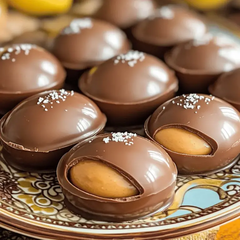 To make these tasty treats, you will need the following: - 1 cup creamy peanut butter - 1/4 cup unsalted butter, softened - 1/2 cup powdered sugar - 1 teaspoon vanilla extract - 2 cups milk chocolate chips - 2 tablespoons coconut oil - A pinch of sea salt You can swap ingredients if needed. For the creamy peanut butter, use crunchy peanut butter for texture. If you want a dairy-free option, try using vegan butter. Maple syrup can replace powdered sugar, but adjust the amount for sweetness. For chocolate, dark chocolate chips work well, adding a rich flavor. Always choose high-quality ingredients for the best flavor. Look for fresh, natural peanut butter without added sugars. The butter should be unsalted and soft for easy mixing. When selecting chocolate chips, pick brands with real cocoa butter for a smooth melt. Checking for freshness, especially on the powdered sugar, ensures a perfect taste in your eggs. To start, grab a large mixing bowl. Add 1 cup of creamy peanut butter and 1/4 cup of softened unsalted butter. Use a spatula or spoon to mix them together until smooth. Next, slowly add 1/2 cup of powdered sugar and 1 teaspoon of vanilla extract. Stir well until you have a thick, smooth paste. This mixture is the heart of your eggs! Once your peanut butter mixture is ready, chill it in the fridge for about 30 minutes. This helps it firm up. After chilling, take small portions of the mixture and roll them into egg shapes, about 1.5 inches long. Place each egg on a parchment-lined baking sheet. This will help keep them from sticking later. Now, it’s time for the chocolate! In a microwave-safe bowl, combine 2 cups of milk chocolate chips and 2 tablespoons of coconut oil. Melt these in the microwave in 30-second intervals. Stir in between each interval until the chocolate is smooth and melted. Dip each peanut butter egg into the melted chocolate, letting any extra chocolate drip off. Place the coated eggs back on the lined baking sheet. After coating all the eggs, put the tray in the fridge for another 30 minutes. This helps the chocolate set. Before serving, sprinkle a pinch of sea salt on top of each egg for a tasty touch. For the full recipe, check out the detailed instructions. To make perfect chocolate peanut butter eggs, start with a smooth mix. Use a large bowl for the peanut butter and softened butter. Mix them well until smooth. This step is key for a creamy texture. After mixing in the powdered sugar and vanilla, chill the mixture for about 30 minutes. This helps it firm up, making it easier to shape into eggs. Sometimes, the chocolate may not coat well. If it clumps, make sure to melt it slowly. Use a microwave and stir every 30 seconds. If the peanut butter mixture is too soft, chill it longer before shaping. If your eggs break when dipping, they might be too soft. Adjust the chilling time and try again. For a beautiful display, use a colorful platter. Arrange the eggs neatly. You can add fun sprinkles or drizzle melted white chocolate on top. This adds flair and makes your treat more inviting. Pair these eggs with a nice cup of coffee or milk for a tasty snack. You can find the full recipe for these delightful treats above. {{image_2}} You can change up the flavor of your chocolate peanut butter eggs. Try adding different nut butters, like almond or cashew. These add a unique twist to the classic taste. You can also mix in spices like cinnamon or even a touch of sea salt in the filling. This will give your eggs an extra layer of flavor. For a fun surprise, try adding mini chocolate chips to the peanut butter mix. This will give a nice crunch to every bite. You can easily make these eggs gluten-free. Use certified gluten-free powdered sugar to ensure your treat stays safe for those with gluten allergies. If you want to make a vegan version, swap out the butter for a vegan alternative. You can also use dairy-free chocolate chips. These small changes let everyone enjoy the treat, regardless of their dietary needs. Think about special occasions when making these eggs. For Easter, you can add pastel-colored sprinkles on top. For Halloween, try using orange and black sprinkles or even a touch of orange food coloring in your chocolate. For winter holidays, consider adding peppermint extract to the filling for a minty flavor. This makes your homemade chocolate peanut butter eggs fit perfectly with any theme! For the full recipe, check out the detailed steps above. To keep your homemade chocolate peanut butter eggs fresh, store them in an airtight container. Place a layer of parchment paper between the eggs to prevent sticking. This method helps maintain their shape and taste. You can store them in the fridge or at room temperature for a short time. I recommend chilling them if you want the chocolate to stay firm. If you want to save some eggs for later, freezing works great. First, let the eggs cool completely. Then, place them on a baking sheet. Freeze them for about an hour until solid. After that, transfer the eggs to a freezer-safe bag or container. Label it with the date. They can last up to three months in the freezer. Thaw them in the fridge before enjoying. Homemade chocolate peanut butter eggs can last about one week in the fridge. Check for signs of spoilage before eating. If you see any mold or if the eggs smell off, toss them out. Fresh eggs should be firm and smell sweet. If they become soft or lose their chocolate coating, it’s best to discard them. Enjoy your treats while they are fresh! You can find the full recipe above to make more whenever you like. You can use honey or maple syrup as sweeteners. They add a nice flavor. Start with 1/2 cup of honey or syrup. Mix it well with the peanut butter and butter. You may need to adjust the butter amount for a good texture. Less sugar will make the eggs softer. Refrigerate them longer to firm up. Yes, dark chocolate works great! It adds a richer taste. Use the same amount of dark chocolate chips as milk chocolate. Melt it just like the milk chocolate. The eggs will have a nice balance of sweet and bitter. This is perfect for dark chocolate lovers. These eggs last up to two weeks in the fridge. Keep them in an airtight container. If you freeze them, they can last up to three months. Just make sure to wrap them well. Thaw them in the fridge before enjoying. Absolutely! Adding nuts or coconut can enhance the flavor and texture. Chopped peanuts or almonds add crunch. For coconut, use shredded unsweetened coconut. Mix these in with the peanut butter. Adjust the amount based on your taste. It's fun to create your unique version of these eggs. You learned how to make tasty homemade chocolate peanut butter eggs. We covered ingredients, step-by-step methods, and tips to ensure success. You can also create different flavors and accommodate dietary needs. Storing them right helps keep them fresh longer. Remember, this treat is simple and fun to make. Enjoy your delicious eggs and get creative with variations. Happy cooking!