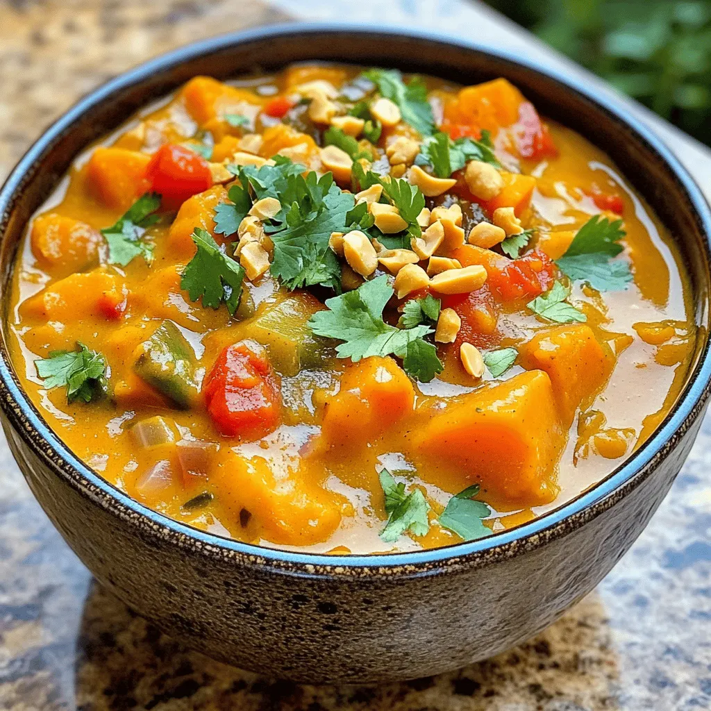 To make West African Peanut Stew, you will need a variety of fresh and flavorful ingredients. Each one adds its own special touch. Here’s what you need: - 1 medium onion, chopped - 2 cloves garlic, minced - 1 inch ginger, grated - 1 large sweet potato, peeled and cubed - 1 red bell pepper, chopped - 1 can (14 oz) diced tomatoes, with juice - 1 cup smooth natural peanut butter - 4 cups vegetable broth - 1 teaspoon ground cumin - 1 teaspoon ground coriander - ½ teaspoon cayenne pepper (adjust to taste) - 1 can (15 oz) chickpeas, drained and rinsed - 2 cups kale or spinach, chopped - 2 tablespoons olive oil - Salt and pepper to taste - Chopped peanuts and fresh cilantro, for garnish These ingredients create a rich and creamy stew. The sweet potato gives it a nice texture, while the peanut butter adds depth. The spices bring warmth to every bite. Each ingredient plays an important role in this comforting dish. You can find the full recipe for preparation steps and cooking methods in the [Full Recipe]. - Heat olive oil in a large pot over medium heat. - Add the chopped onion and sauté for about 5 minutes until softened. In this first part, you’ll create a base full of flavor. Heating the olive oil helps release the rich, fragrant notes of the onion. Listen for that gentle sizzle; it means you're on the right track. After about five minutes, the onion should be soft and starting to turn golden. This step sets the stage for the rest of the dish. - Stir in the minced garlic and grated ginger, cooking for an additional 2 minutes until fragrant. - Add the sweet potato and red bell pepper, stirring well to combine. - Pour in the diced tomatoes with their juice, peanut butter, and vegetable broth. Now, it’s time to add even more flavor. The garlic and ginger will create a bold scent that fills your kitchen. After two minutes, toss in the sweet potato and red bell pepper. Stir them in well so they absorb all those lovely flavors. Finally, pour in the diced tomatoes, peanut butter, and vegetable broth. Stir until everything is mixed nicely. You want that creamy peanut butter to blend in well. - Season the stew and bring to a boil, then reduce heat and simmer. - Stir in the chickpeas and chopped greens, cooking until incorporated. Seasoning is key here. Add salt, pepper, and your spices to taste. Bring the mixture to a boil, then lower the heat for a nice simmer. Let it cook for about 25-30 minutes. This is when the sweet potatoes become tender and the flavors meld. Once it's ready, stir in the chickpeas and chopped greens. Cook for another 5-7 minutes until the greens are wilted. Now you have a warm, comforting dish that’s full of flavor! For the full recipe, check out the link provided. - Adjust flavors by using salt, pepper, and spices. Taste as you cook. - Fresh ingredients always give better taste. Use fresh vegetables whenever possible. - Serve the stew in deep bowls. This adds to the dish's comfort vibe. - Pair it with warm rice or flatbread. Both options soak up the rich sauce well. - Prepare ingredients in advance. Chop veggies the night before to save time. - Use pre-chopped vegetables if you're in a hurry. They cut down on prep time. For the full recipe, check out the detailed steps in the Full Recipe section. {{image_2}} You can change the protein in your Maafe to suit your taste. Adding chicken or beef gives the stew a heartier feel. Simply cut the meat into small pieces and brown it before adding the vegetables. For a plant-based option, try tofu. Cube the tofu and sauté it until golden brown. This adds a nice texture and flavor to the dish. The beauty of Maafe is its flexibility with vegetables. You can use whatever is in season or what you have at home. Carrots, zucchini, or even eggplant work well. You can also swap in different greens. Swiss chard or collard greens add a unique flavor and color. Just make sure to chop them up before mixing them in. If you need to make the stew gluten-free, check your broth label. Most vegetable broths are gluten-free, but it’s good to double-check. For a vegan version, simply ensure that your peanut butter is free from animal products. You can also use vegetable broth instead of chicken broth for a fully plant-based dish. For the best flavor, try the Full Recipe! Enjoy all the ways to make this dish your own. To store leftovers of the West African Peanut Stew, let it cool first. Transfer the stew to an airtight container. You can keep it in the fridge for about 4 to 5 days. Make sure to label the container with the date. This way, you know when to enjoy it again. Freezing is a great option if you have extra stew. Pour the cooled stew into freezer-safe containers. Leave some space at the top for expansion. You can freeze it for up to 3 months. When you are ready to eat, thaw it overnight in the fridge. You can reheat the stew using a microwave or stove. For the microwave, place it in a bowl and cover it loosely. Heat in short bursts, stirring in between. For stovetop reheating, pour it into a pot over medium heat. Stir often to prevent sticking. This keeps the flavors and texture just right. Enjoy your meal! To make West African Peanut Stew, follow these steps: 1. Heat olive oil in a large pot over medium heat. 2. Add chopped onion and sauté for about 5 minutes until softened. 3. Stir in minced garlic and grated ginger, cooking for 2 more minutes. 4. Add sweet potato and red bell pepper, stirring well to combine. 5. Pour in diced tomatoes with their juice, peanut butter, and vegetable broth. 6. Season with cumin, coriander, cayenne pepper, salt, and pepper. 7. Bring to a boil, then reduce heat to low and simmer for 25-30 minutes. 8. Stir in chickpeas and chopped kale or spinach, cooking for 5-7 minutes. 9. Taste and adjust seasoning if needed. This dish is creamy and rich, perfect for a cozy meal. For the complete recipe, check the Full Recipe section. If you have nut allergies or need a substitute, you can try these: - Sunflower seed butter: It has a similar texture and taste. - Soy nut butter: A good option for those avoiding nuts. - Tahini: This sesame seed paste gives a unique flavor. - Creamy coconut milk: It adds richness without nuts. Each option changes the flavor a bit, but they all work well in the stew. Yes, Maafe is great for meal prep! Here’s why: - Flavor improves over time: The taste deepens as it sits. - Easy to store: You can keep it in the fridge for 3-4 days. - Freezes well: It lasts up to 3 months in the freezer. Just reheat it on the stove or in the microwave when you’re ready to eat. It’s a tasty option for busy days! This blog post walked you through making a tasty West African Peanut Stew, or Maafe. We covered key ingredients and how to prepare them step-by-step. I shared tips for enhancing flavors and serving ideas to make your meal even better. You can customize the stew with different proteins and vegetables to fit your taste. Now, enjoy this hearty dish and feel good about sharing it with others. Your kitchen just got a lot more delicious!