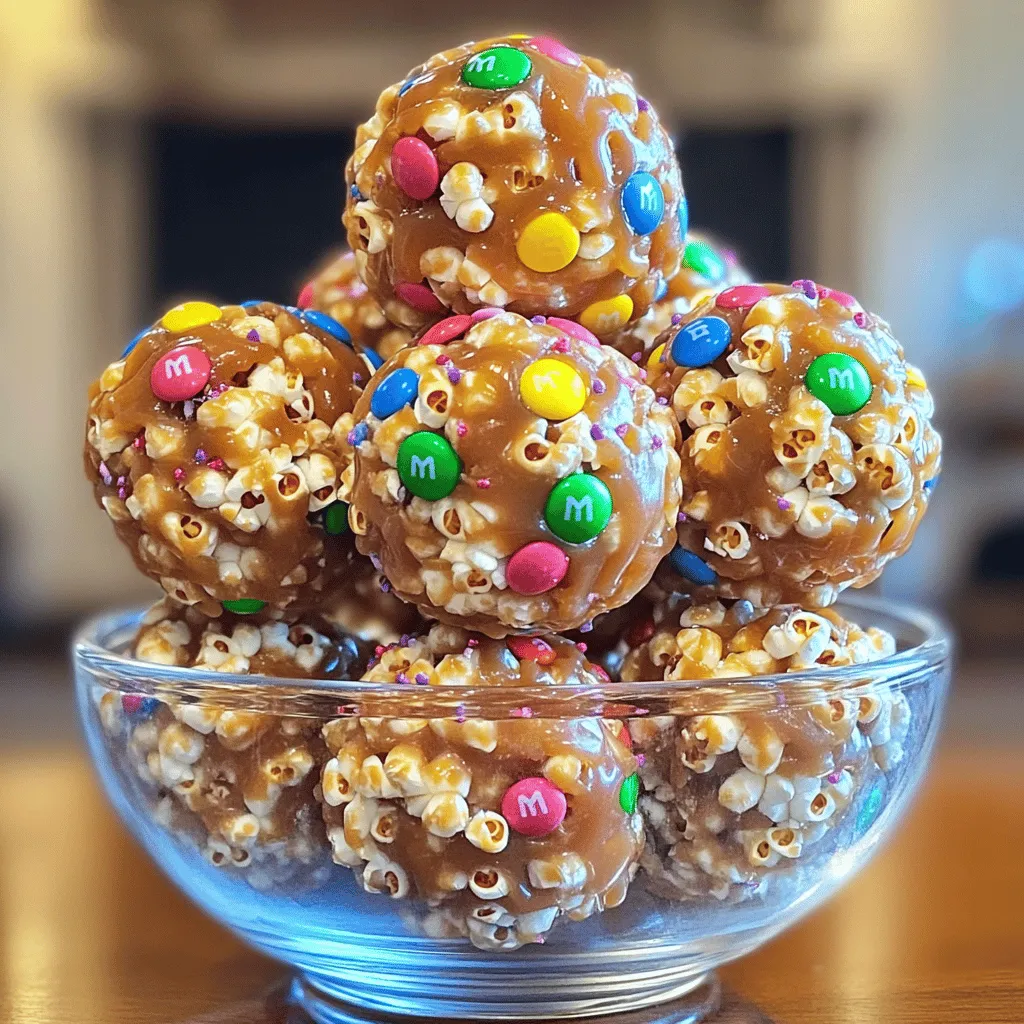 To make these sweet treats, you need a few key ingredients. Gather these: - 8 cups popped popcorn (about 1/2 cup unpopped kernels) - 1 cup M&M's® chocolate candies - 1 cup brown sugar - 1/2 cup unsalted butter - 1/4 cup corn syrup - 1/2 teaspoon salt - 1 teaspoon vanilla extract - 1/4 teaspoon baking soda These ingredients create a perfect balance of flavors. The popcorn gives a nice crunch, while M&M's® add color and sweetness. Having the right tools makes the process easier. Here’s what you will need: - A large mixing bowl - A saucepan for cooking the caramel - A spatula for mixing - Parchment paper to line your baking sheet - A baking sheet for the popcorn balls Using these tools will help you mix and bake the popcorn balls with ease. You can add more fun to your popcorn balls! Consider these optional ingredients: - Chocolate drizzle for a sweet touch - Sprinkles to make them festive - Peanuts or nuts for a crunchy twist Adding these can make your popcorn balls even more special. Feel free to get creative! For the full recipe, check the instructions above. Start by gathering your ingredients. You will need 8 cups of popped popcorn, 1 cup of M&M's®, and 1 cup of brown sugar. You also need 1/2 cup of unsalted butter, 1/4 cup of corn syrup, 1/2 teaspoon of salt, 1 teaspoon of vanilla extract, and 1/4 teaspoon of baking soda. Make sure your popcorn is fully popped and free of any unpopped kernels. This step helps avoid any hard bites. Now, let’s make the caramel sauce. In a saucepan over medium heat, combine the brown sugar, butter, corn syrup, and salt. Stir this mixture constantly. You want the butter to melt completely. Once it melts, allow it to boil without stirring for about 4 to 5 minutes. You’ll notice it thickens slightly. After that time, remove it from the heat. Add in the vanilla extract and baking soda. Be careful; it will bubble up! Mix well to blend everything together. Next, pour the caramel sauce over the popcorn and M&M's®. Use a spatula or greased hands to mix it gently. Make sure every piece of popcorn gets coated well. Once mixed, it’s time to shape the popcorn into balls. With greased hands, scoop and roll the mixture into golf ball-sized rounds. Place them on a lined baking sheet. Finally, bake the popcorn balls at 250°F (120°C) for about 30 minutes. Stir them occasionally to ensure even coating. When done, let them cool completely before you enjoy this sweet treat! For the full recipe, check out the details above! To get the right texture for popcorn balls, make sure your popcorn is fresh. Use air-popped popcorn for the best results. If you use microwave popcorn, choose the plain kind. It helps to avoid extra flavors. Once you pop the corn, let it cool down before mixing. This keeps it from getting soggy. When you form the balls, grease your hands lightly. This prevents the mixture from sticking to your fingers. Keep the popcorn balls about the size of a golf ball for even texture and easier eating. The caramel flavor is key to these treats. Use unsalted butter for a rich taste. When making the caramel, keep an eye on the heat. Stirring is important until it boils, but then let it cook without stirring. This helps develop a deep, rich flavor. Adding vanilla extract at the end enhances the taste. The baking soda helps the caramel become light and fluffy. This creates a nice contrast with the crunchy popcorn. If you want a more complex flavor, try a pinch of cinnamon. Mixing is where the magic happens. After making the caramel, pour it over the popcorn and M&M's®. Use a spatula or greased hands to mix gently. Be careful not to crush the popcorn. You want it to stay fluffy. Make sure every piece gets coated well. This ensures that each bite is sweet and delicious. Forming the popcorn into balls quickly is important. The caramel will start to set, making it harder to shape later. Follow the [Full Recipe] for a step-by-step guide to get it just right. {{image_2}} You can easily change the flavor of your popcorn balls. For a chocolate twist, add cocoa powder to the caramel sauce. Use about 1/4 cup of cocoa powder. Stir until it blends well. It will make your treat rich and chocolaty. For a peanut butter version, swap out some butter for peanut butter. Use 1/4 cup of creamy peanut butter. Mix it into the caramel while it melts. This will give your popcorn balls a nutty flavor that kids love. Get creative with your candy choices! You can add any candy you like. Try using mini chocolate bars, gummy candies, or even dried fruit. Just chop the larger candies into smaller pieces. This makes mixing easier. You can even use seasonal candies for special occasions. This way, you make each batch unique. Everyone can enjoy their favorite treats in one bite! Adding nuts can give your popcorn balls a nice crunch. Use chopped peanuts, almonds, or cashews. Mix about 1 cup of nuts into the popcorn before adding caramel. This also boosts the flavor and texture. You can also add pretzels, cereal, or even crushed cookies. These fillers make your popcorn balls more fun and interesting. Just make sure to adjust the amount of caramel so it coats everything well. Try these variations to make your M&M’s® caramel popcorn balls even more delightful! For the full recipe, check the earlier section. Storing leftover M&M’s® caramel popcorn balls is easy. Allow them to cool completely first. This step is key. If you skip it, moisture can build up. Place the popcorn balls in a single layer in your container. Avoid stacking them. If you stack them, they might stick together. To keep your popcorn balls fresh, use an airtight container. A glass jar or a plastic food storage container works well. These containers block air and moisture. If you want, you can line the bottom with parchment paper. This helps prevent sticking. When stored properly, M&M’s® caramel popcorn balls can last about a week. After that, they might start to lose their crunch. For the best taste, eat them within the first few days. If you want to keep them longer, you can freeze them. They can last up to three months in the freezer. Just thaw them in the fridge before serving. For the full recipe, check out the earlier section! Yes, you can make these popcorn balls ahead of time. They keep well for several days. Just store them in an airtight container. This keeps them fresh and tasty. You can enjoy them later or serve them at a party. If you need a corn syrup substitute, use honey or maple syrup. Both options work well. They add a nice flavor, too. If you want a thicker syrup, use agave nectar. Each choice will give your popcorn balls a unique taste. Yes! You can swap M&M’s® with other candies. Try chocolate chips, Skittles, or chopped nuts. Each alternative brings new flavors to your treat. Keep in mind that the colors and textures may change. This can make each batch exciting and fun! For the full recipe, check the detailed steps above. Making M&M’s® Caramel Popcorn Balls is fun and easy. You learned about essential ingredients, tools, and optional flavors. We covered how to prep, make caramel, and form the popcorn balls. I shared tips to perfect texture and flavor, along with variations like chocolate and peanut butter. Lastly, we discussed storage methods to keep them fresh. Enjoy creating your tasty treat! With these steps, you can impress everyone. There’s no limit to your creativity, so have fun experimenting!