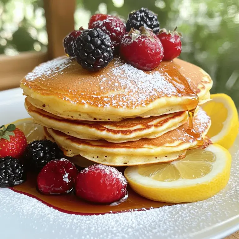 - 1 cup ricotta cheese - 1/2 cup milk - 2 large eggs - 1 tablespoon lemon zest - 2 tablespoons lemon juice - 1 cup all-purpose flour - 2 tablespoons sugar - 1 teaspoon baking powder - 1/2 teaspoon baking soda - 1/4 teaspoon salt - 2 tablespoons butter, melted (plus more for cooking) - Optional toppings: fresh berries, maple syrup, powdered sugar To make fluffy lemon ricotta pancakes, you need a few key ingredients. Ricotta cheese gives the pancakes their unique lightness. Milk and eggs add moisture and richness. Fresh lemon zest and juice bring a bright, tangy flavor. All-purpose flour forms the base, while sugar adds a hint of sweetness. Baking powder and baking soda help the pancakes rise, making them fluffy. The butter adds richness and helps create a lovely golden color. Feel free to get creative with toppings! Fresh berries, maple syrup, and powdered sugar enhance the flavor and presentation. You can find the full recipe to guide you through the steps. Start by taking a large bowl. In it, whisk together the ricotta cheese, milk, eggs, lemon zest, lemon juice, and melted butter. Mix until the mixture is smooth and well combined. This step is key for fluffy pancakes. In a separate bowl, combine the flour, sugar, baking powder, baking soda, and salt. Make sure to mix these dry ingredients well. This helps the pancakes rise nicely when you cook them. Next, fold the dry ingredients into the wet mixture gently. Be careful not to overmix; a few lumps are okay. Overmixing can make the pancakes tough instead of fluffy. Now, preheat a non-stick skillet over medium heat. Add a little butter to coat the surface. Pour about 1/4 cup of batter onto the skillet for each pancake. Cook for about 2-3 minutes, until bubbles form on the surface and the edges look set. Flip the pancakes and cook for another 2-3 minutes until golden brown. This simple process will yield delicious, fluffy lemon ricotta pancakes. For the complete recipe, check the Full Recipe section. To make fluffy pancakes, use room temperature ingredients. Cold eggs and milk can make the batter dense. Let them sit out for about 30 minutes before mixing. Also, avoid overmixing the batter. Stir until just combined. A few lumps are fine. Overmixing can lead to tough pancakes. For cooking, use a non-stick skillet and set it to medium heat. This helps the pancakes cook evenly. To test if the skillet is ready, drop a small amount of water on it. If it sizzles and evaporates, it’s good to go. Add a bit of butter to the pan before pouring in the batter. Top your pancakes with fresh berries and syrup. Blueberries or strawberries work great. You can also serve them with lemon slices for a zesty kick. For an extra treat, dust with powdered sugar. These simple touches make your breakfast look and taste amazing. {{image_2}} You can elevate your fluffy lemon ricotta pancakes with some fun twists. Adding a splash of vanilla extract gives them a warm, sweet note. Alternatively, use almond extract for a nutty flavor. Feel free to mix in chocolate chips or chopped nuts into the batter. Chocolate chips add a rich taste, while nuts give a nice crunch. Both options make your pancakes even more delightful! If you want gluten-free pancakes, swap the all-purpose flour for gluten-free flour. It works well and keeps the pancakes fluffy. For a vegan option, you can use dairy-free ricotta and a plant-based milk. Your pancakes will still be creamy and delicious. These changes let everyone enjoy this yummy breakfast treat. For the Full Recipe, check below for a complete guide on making these fluffy treats! Keep your leftover pancakes in an airtight container in the refrigerator. This helps them stay fresh for up to three days. Make sure they cool down first. If you stack them, place parchment paper between the layers to avoid sticking. Reheat your pancakes in a skillet over low heat. This warms them gently and keeps them fluffy. You can also use the microwave. Heat them in short intervals, about 20 seconds at a time. Check to ensure they’re warm all the way through. For best results, add a bit of butter in the skillet for extra flavor. Yes, you can prepare the batter and store it in the fridge for a few hours. This makes mornings easier. Just give it a gentle stir before cooking. Yes, they can be frozen and reheated for quick breakfasts. Stack them with parchment paper in between. Store in a freezer bag for up to a month. Substitute whole wheat flour and reduce sugar for a healthier option. You can also add mashed bananas or applesauce for sweetness. Pair with yogurt, fruit, or a side of bacon for a complete meal. Fresh berries add color and taste. A drizzle of maple syrup enhances flavor too. Find the detailed [full recipe](#) for Fluffy Lemon Ricotta Pancakes here. These lemon ricotta pancakes are both simple and tasty. We combined fresh ingredients for a fluffy treat. Remember to whisk wet and dry ingredients separately for the best texture. Use room temperature items and avoid overmixing to keep them light. You can store leftovers easily or enjoy them for breakfast later. Whether you add fruit, nuts, or keep them classic, customizing is fun. Dive into this recipe and treat yourself to a delightful meal. Your mornings deserve the best!