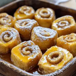 - 1 can (16 oz) refrigerated cinnamon rolls - 4 large eggs - 1/2 cup milk - 1 teaspoon vanilla extract - 1/2 teaspoon ground cinnamon - 1/4 cup maple syrup (plus extra for serving) - 2 tablespoons butter, for greasing the baking dish - Optional: powdered sugar for dusting When making cinnamon roll French toast bites, the key is to pick fresh ingredients. Each item plays a role in creating a warm, sweet treat. The refrigerated cinnamon rolls bring that classic flavor, while eggs and milk help bind everything together. Vanilla extract adds a nice aroma, and ground cinnamon brings warmth to each bite. - Baking dish - Whisk - Mixing bowl - Knife - Measuring cups and spoons Using the right tools helps make cooking easier and more fun. A baking dish is needed to hold the bites as they bake. A whisk and mixing bowl allow you to mix the egg mixture well. A knife is essential for cutting the cinnamon rolls into quarters. Measuring cups and spoons ensure you add the right amounts of each ingredient. - Look for fresh cinnamon rolls with no signs of damage. - Choose eggs that are free-range or organic for better taste. - Select pure maple syrup instead of pancake syrup for richer flavor. When you select quality ingredients, your dish shines. Fresh cinnamon rolls will taste better and bake up nicely. Eggs from healthy chickens add flavor and nutrition. Pure maple syrup enhances the sweetness and pairs perfectly with the bites. Following these tips will help you create a delicious meal. For the full recipe, check out the details above. First, preheat your oven to 375°F (190°C). This helps the bites bake evenly. Next, grab your baking dish and grease it with butter. A 9x9-inch dish works best. Now, open the can of cinnamon rolls. Separate each roll carefully. Cut each roll into quarters. This will make bite-sized pieces. Arrange these pieces in your greased baking dish. You want them spread out evenly for even cooking. In a large bowl, whisk together four eggs, half a cup of milk, one teaspoon of vanilla extract, half a teaspoon of ground cinnamon, and a quarter cup of maple syrup. Use a whisk to blend it smoothly. This step is crucial for flavor. Next, gently add your chopped cinnamon roll pieces into the egg mixture. Stir carefully to coat each piece. Allow them to soak for about five minutes. This helps the cinnamon rolls absorb all the flavors. Transfer the cinnamon roll bites into the greased baking dish. Spread them out evenly. Pour any remaining egg mixture over the top. This adds moisture and flavor. Now, bake in the preheated oven for 20-25 minutes. Check that the bites are set and golden brown. Once baked, remove them from the oven and let them cool for a few minutes. For serving, you can sprinkle powdered sugar on top if you like. Serve warm with extra maple syrup on the side for drizzling. Enjoy your Cinnamon Roll French Toast Bites! To make the best cinnamon roll French toast bites, soak them for about 5 minutes. This time allows the egg mixture to soak in, giving you a soft and creamy texture. Make sure each piece is well-coated. This step is key for flavor and moisture. For even baking, spread the pieces in a single layer. Avoid stacking them, as this can lead to uneven cooking. Position them evenly in the baking dish, ensuring they have space to puff up and brown nicely. When it comes to toppings, you have plenty of tasty options! Dust these bites with powdered sugar for a sweet touch. You can also add a dollop of whipped cream for extra creaminess. Drizzling with warm maple syrup enhances the flavor greatly. Pair your cinnamon roll bites with fresh fruit like strawberries or blueberries. A side of crispy bacon or sausage can add a savory contrast. These sides create a balanced breakfast that is sure to please everyone. Be careful not to overbake your bites. Check them at 20 minutes. They should be golden brown but still soft. If they get too dry, they won’t be as tasty. Another mistake to avoid is not using enough butter in the baking dish. Greasing the dish well helps prevent sticking and ensures an easy serving. Just a light coat of butter goes a long way in creating a perfect, non-stick surface. {{image_2}} You can make your cinnamon roll French toast bites even more fun. Try adding fruit like berries or bananas. Nuts like pecans or walnuts add a nice crunch. For a sweet twist, mix in chocolate chips. You can also play with spices. Nutmeg gives a warm touch, while allspice adds a hint of depth. These tweaks let you create a unique flavor. If you need gluten-free options, look for gluten-free cinnamon rolls. Many brands offer great taste without gluten. For dairy-free needs, use almond milk or oat milk instead of regular milk. You can also swap eggs with a flaxseed mixture or dairy-free yogurt. These changes keep your bites tasty. You can serve these bites in different ways. Bite-sized pieces are perfect for sharing. They are great for brunch or a small gathering. If you want something classic, serve it like traditional French toast. Just stack the bites on a plate. You can also get creative with presentation. Use a big platter and drizzle syrup on top. Add fresh fruit or a dusting of powdered sugar for a stunning look. For more delicious ideas, check out the Full Recipe! To keep your cinnamon roll French toast bites fresh, store them in an airtight container. Place the bites in the fridge within two hours of cooking. This helps prevent bacteria growth. When you want to reheat them, use an oven or microwave. For the oven, set it to 350°F (175°C) and heat for about 10 minutes. If using a microwave, warm them for 30 seconds at a time until hot. If you want to save some for later, freezing is a great option. First, let the bites cool completely. Then, place them in a single layer on a baking sheet. Freeze for about an hour until firm. After that, transfer them to a freezer bag. Remove as much air as possible before sealing. To thaw, just leave them in the fridge overnight. For reheating, use the oven at 350°F (175°C) for about 15 minutes. Cinnamon roll French toast bites stay good in the fridge for up to three days. Check for signs of spoilage. If they smell off, have a strange color, or appear moldy, it's best to throw them away. Keeping track of these details helps you enjoy your bites safely. For the full recipe, check the earlier section. You can make Cinnamon Roll French Toast Bites using a few simple steps. First, you need to gather your ingredients. Here’s what you’ll need: - 1 can (16 oz) refrigerated cinnamon rolls - 4 large eggs - 1/2 cup milk - 1 teaspoon vanilla extract - 1/2 teaspoon ground cinnamon - 1/4 cup maple syrup (plus extra for serving) - 2 tablespoons butter, for greasing the baking dish - Optional: powdered sugar for dusting For substitutes, you can use homemade dough if you prefer. Just ensure it has a good cinnamon flavor. You can also use gluten-free dough if that suits your needs. Yes, you can explore different flavors! Using flavored cinnamon rolls can add a fun twist. Here are some ideas for flavor variations: - Apple Cinnamon: Try apple cinnamon rolls for a fruity touch. - Pumpkin Spice: Perfect for fall, these add warm spices. - Chocolate Chip: A sweet treat that kids love! - Caramel Pecan: Great for a rich, nutty flavor. Feel free to mix and match flavors to find your favorite! Cinnamon Roll French Toast Bites are tasty on their own, but you can make them even better. Here are some ideas for breakfast spreads and sides: - Maple Syrup: Always a classic choice for drizzling. - Whipped Cream: Adds a light, creamy touch. - Fresh Fruit: Berries or banana slices make a great complement. - Ice Cream: For a dessert twist, serve with a scoop of vanilla ice cream. These simple additions can elevate your breakfast delight! For the full recipe, check out the [Full Recipe]. In this blog, we explored how to make delicious Cinnamon Roll French Toast Bites. We discussed key ingredients, cooking tools, and selection tips. I shared step-by-step instructions to guide you through the process. We also covered tips for the best results and creative serving ideas. With these insights, you can enjoy a fun twist on classic French toast. Embrace these ideas and enjoy this tasty dish with friends and family. Happy cooking!